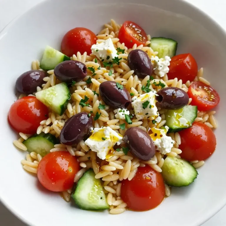 - 1 cup orzo pasta - 1 cup cherry tomatoes, halved - 1 cucumber, diced - 1/2 red onion, finely chopped - 1/2 cup Kalamata olives, pitted and sliced - 1/2 cup feta cheese, crumbled - 1/4 cup fresh parsley, chopped - 3 tablespoons extra virgin olive oil - 2 tablespoons red wine vinegar (or lemon juice) - 1 teaspoon dried oregano - Salt and pepper to taste You can swap orzo with any small pasta. Use quinoa for a gluten-free option. If you want a lighter taste, replace red onion with green onion. For a creamier touch, try goat cheese instead of feta. If you don’t have Kalamata olives, black olives work well too. Vinegar adds a nice zing, but lemon juice is just as good. Use fresh parsley for the best flavor, yet dried can work in a pinch. Fresh ingredients make a big difference. They bring bright flavors and vibrant colors to your dish. Fresh vegetables like cherry tomatoes and cucumbers add crunch and taste. Good-quality olives and feta cheese enhance the salad's richness. When you use fresh herbs, you elevate the overall flavor. Always choose the best ingredients you can find. They will make your Greek Orzo Pasta Salad taste amazing. {{ingredient_image_1}} To start, fill a large pot with water. Bring it to a boil and add a pinch of salt. This step helps flavor the orzo. Once boiling, add 1 cup of orzo pasta. Cook it for about 8-10 minutes. You want it al dente, so check the package for exact times. After cooking, drain the orzo and rinse it under cold water. This cools it down and stops the cooking process. In a large mixing bowl, combine the cooled orzo with the salad ingredients. Add 1 cup of halved cherry tomatoes, 1 diced cucumber, and 1/2 finely chopped red onion. Next, fold in 1/2 cup of pitted and sliced Kalamata olives. Finally, sprinkle in 1/2 cup of crumbled feta cheese and mix gently. This creates a colorful, fresh base for your salad. Now, let’s make the dressing. In a small bowl, whisk together 3 tablespoons of extra virgin olive oil and 2 tablespoons of red wine vinegar or lemon juice. Add 1 teaspoon of dried oregano, along with salt and pepper to taste. Whisk until well combined. This dressing adds a zesty punch to the salad. Pour the dressing over the orzo mixture. Gently toss everything together. Make sure all ingredients are well coated in the dressing. Next, fold in 1/4 cup of chopped fresh parsley. This adds a bright flavor and a pop of color. Taste the salad and adjust seasoning with more salt and pepper if needed. Once combined, chill the salad in the refrigerator for at least 30 minutes. This waiting time lets the flavors blend together. When ready, serve the salad in a large, shallow bowl. For a beautiful presentation, garnish with extra parsley and crumbled feta on top. Enjoy this refreshing Greek orzo pasta salad! To cook orzo pasta perfectly, start with boiling water. Add a pinch of salt to enhance flavor. Cook the orzo for 8 to 10 minutes until it is al dente. This means it should be firm but not hard. Drain the pasta and rinse it with cold water. This step stops the cooking process and cools it down quickly. To boost the flavor of your salad, consider these tips: - Use fresh herbs like basil or mint for a bright taste. - Add a squeeze of lemon juice for extra zest. - Mix in roasted red peppers for a smoky note. - A sprinkle of red pepper flakes can add a nice kick. These small changes can make your salad pop with new flavors. A beautiful salad is more appealing. Here are some easy ways to present your orzo salad: - Serve it in a large, shallow bowl to show off the colors. - Garnish with extra parsley and crumbled feta on top. - Use a mix of colorful cherry tomatoes for a vibrant look. - For an elegant touch, drizzle a bit of olive oil on top just before serving. These simple tips make your dish look as good as it tastes! Pro Tips Cook the Orzo Perfectly: To prevent orzo from becoming mushy, cook it just until al dente, and rinse it under cold water to stop the cooking process. Customize Your Veggies: Feel free to add or substitute your favorite vegetables like bell peppers or spinach for extra color and nutrition. Make Ahead: Prepare the salad a few hours in advance or even the night before. This allows the flavors to develop and intensify. Fresh Herbs Matter: Use fresh parsley instead of dried for a brighter and more vibrant flavor in your salad. {{image_2}} You can easily boost your Greek orzo pasta salad with protein. Adding grilled chicken makes the dish filling. I love using rotisserie chicken for quick prep. Shrimp is another great choice. Just sauté it with garlic and olive oil. It adds a nice flavor and texture. For a unique twist, consider using chickpeas. They are tasty and add a nice crunch. If you want a vegetarian salad, skip the meat and focus on veggies. Roasted bell peppers bring a sweet, smoky flavor. You can also use artichoke hearts for a tangy touch. Adding more olives or using different types can enhance the taste. Sun-dried tomatoes add a rich, umami flavor to the dish as well. Seasonal swaps can keep your salad fresh and exciting. In spring, add fresh asparagus or peas for a pop of green. Summer is perfect for sweet corn, which adds crunch. In fall, roasted butternut squash gives a warm flavor. Winter calls for hearty greens like kale or spinach. This way, you can enjoy your Greek orzo salad all year. To keep your Greek orzo pasta salad fresh, store it in an airtight container. This helps prevent the salad from drying out and keeps the flavors intact. Make sure to cool the salad to room temperature before sealing it. If you plan to eat it later, separate any toppings, like feta cheese or parsley, to avoid sogginess. Your Greek orzo pasta salad stays good in the fridge for about 3 to 5 days. Always check for any signs of spoilage, like off smells or changes in color. If you see any of these, it’s best to toss it out. While I don’t recommend freezing this salad, you can freeze the orzo alone. To do this, cook the orzo as directed, drain it, and let it cool. Place the cooled orzo in a freezer-safe bag and squeeze out the air. It can last up to 2 months in the freezer. When you are ready to use it, thaw it in the fridge overnight before mixing it back into your salad. Yes, you can make Greek Orzo Pasta Salad ahead of time. It tastes even better after sitting. The flavors blend together, making it taste great. Store it in the fridge for up to two days. Just remember to add fresh parsley right before serving. If you need a substitute for feta cheese, try goat cheese or ricotta. Both add creaminess. You can also use vegan cheese for a dairy-free option. Choose a cheese that fits your taste. Orzo pasta can be part of a healthy diet. It is made from durum wheat, which is rich in protein. It also contains some fiber, especially if you choose whole grain orzo. Enjoy it in moderation with lots of veggies for a balanced meal. To make Greek Orzo Pasta Salad gluten-free, use gluten-free orzo. Many brands offer it made from rice or quinoa. You can also try other gluten-free pasta shapes. Just cook them according to package instructions. Absolutely! You can add other vegetables to your Greek Orzo Pasta Salad. Bell peppers, spinach, or artichokes work well. Use what you have on hand or what you love. This salad is very versatile and allows for your creativity. This blog covers how to make a tasty Greek Orzo Pasta Salad. We explored key ingredients, cooking steps, and tips for perfect results. I shared ideas for variations and storage tips to keep your salad fresh. Remember, using fresh ingredients and following these steps will help you create a delicious dish. Feel free to experiment with flavors and proteins. With these guidelines, you’ll impress everyone with your cooking skills!