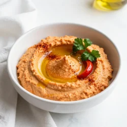 - 1 cup canned chickpeas, drained and rinsed - 1 large roasted red pepper (jarred or homemade) - 2 tablespoons tahini - 2 tablespoons lemon juice - 2 cloves garlic, minced - 2 tablespoons extra virgin olive oil - 1/2 teaspoon ground cumin - Salt to taste - Water, as needed for consistency - Fresh parsley, for garnish - Paprika, for garnish These ingredients give the hummus its rich taste and smooth texture. - A squeeze of lime juice for a citrus kick - A dash of cayenne pepper for heat - Toasted pine nuts for crunch You can add these to make your hummus unique. - If you don&rsquo;t have tahini, use peanut butter or sunflower seed butter. - You can swap lemon juice with vinegar if needed. - For a different flavor, try using smoked paprika instead of regular paprika. These swaps keep your hummus tasty while using what you have at home. {{ingredient_image_1}} First, gather all your ingredients. You will need: - 1 cup canned chickpeas, drained and rinsed - 1 large roasted red pepper (jarred or homemade) - 2 tablespoons tahini - 2 tablespoons lemon juice - 2 cloves garlic, minced - 2 tablespoons extra virgin olive oil - 1/2 teaspoon ground cumin - Salt to taste - Water, as needed for consistency - Fresh parsley, for garnish - Paprika, for garnish If you choose fresh red peppers, roast them over an open flame until they are charred. This step adds a great smoky flavor. After roasting, place them in a bowl covered with plastic wrap for 10 minutes. This helps the skin come off easily. Once they cool, peel off the skins and remove the seeds. Now, it&rsquo;s time to blend! In your food processor, add the chickpeas, roasted red pepper, tahini, lemon juice, minced garlic, olive oil, cumin, and a pinch of salt. Blend everything until it&rsquo;s nice and smooth. While blending, stop to scrape down the sides. This ensures every bit gets mixed well. If your hummus is too thick, add water one tablespoon at a time. Blend after each addition until you reach your desired consistency. Taste your hummus and adjust the salt if needed. Blend again to mix in any extra salt. Transfer your hummus to a serving bowl. Drizzle some extra olive oil on top for added richness. For a pop of color, sprinkle paprika and fresh parsley as a garnish. This makes your dish look inviting and delicious. Serve it with pita bread, fresh veggies, or use it as a spread in sandwiches. Enjoy your tasty roasted red pepper hummus! To get the best texture in your hummus, start with drained and rinsed chickpeas. If your hummus is too thick, add water slowly. Use one tablespoon at a time. Blend well each time. If needed, repeat until the hummus is smooth and creamy. A little extra olive oil can also help make it silkier. You can boost the flavor in many ways. Adding more roasted red pepper gives a richer taste. You can also try adding spices like smoked paprika or cayenne pepper for heat. Fresh herbs like cilantro or basil can add a unique twist. Don&rsquo;t forget to taste as you go. Adjust salt and lemon juice for balance. One common mistake is not blending long enough. This can leave you with a chunky hummus. Make sure to scrape the sides of the bowl during blending. Another mistake is using too much lemon juice. It can overpower the other flavors. Always start with a little, and add more if needed. Pro Tips Use Fresh Ingredients: Whenever possible, opt for fresh garlic and freshly squeezed lemon juice to enhance the flavor of your hummus. Perfect Roasting: If you roast your own peppers, ensure they are well-charred for a smoky flavor that will elevate your hummus. Adjusting Consistency: If you find your hummus too thick, gradually add water to achieve the desired creaminess without losing flavor. Garnish for Presentation: Don't skip the olive oil drizzle and garnish; they not only add flavor but also make your dish visually appealing. {{image_2}} For a kick, add jalape&ntilde;os or red pepper flakes. Start with one tablespoon. You can always add more for extra heat. Mix the spicy peppers with your hummus ingredients. Blend until smooth. This adds a nice zing to the classic taste. Serve it with pita chips or veggies for a fun snack. To make it Mediterranean, add olives and feta cheese. Use about &frac14; cup of chopped olives. Crumble in &frac12; cup of feta cheese as you blend. This gives the hummus a salty, rich flavor. It pairs well with fresh bread or as a dip for your favorite snacks. For a creamy twist, toss in one ripe avocado. Halve the avocado and scoop it out into the food processor. Blend it with the other ingredients until smooth. This will give your hummus a rich, buttery taste. It&rsquo;s perfect for spreading on sandwiches or enjoying with crackers. You can keep roasted red pepper hummus in your fridge. Place it in a sealed container. It stays fresh for about five days. Make sure to press plastic wrap on the hummus to reduce air. This helps prevent it from drying out. The flavors will deepen as it sits, making it even better! You can freeze hummus for later use. Put it in a freezer-safe container. Leave space at the top, as it will expand when frozen. It lasts for about three months. When you're ready to eat, thaw it in the fridge overnight. Stir in a bit of water if it seems too thick after thawing. Use glass or plastic containers with tight lids. Glass jars work great for storing hummus. They are easy to clean and do not hold odors. If you opt for plastic, ensure it is BPA-free. Avoid using metal containers, as they can react with the hummus. Roasted red pepper hummus will last in the fridge for about a week. Make sure to keep it in a sealed container. After a few days, check for any changes in smell or color. If it looks or smells off, throw it away to be safe. Yes, you can use dried chickpeas! Start by soaking them overnight in water. This helps them soften. After soaking, boil them until they are tender. This may take about one to two hours. Drain and rinse them before using in your hummus. You can find roasted red pepper hummus at most grocery stores. Look in the refrigerated section, near other dips. Many brands offer it, so you can choose one that fits your taste. You can also find it at health food stores or specialty shops. This blog post covered how to make delicious roasted red pepper hummus. You learned about key ingredients and possible substitutes. I shared step-by-step directions and helpful tips for great texture and taste. Explore variations to keep it exciting. Remember to follow storage tips for freshness. Hummus can be a fun and healthy snack. Try different flavors and share your results. Enjoy your cooking adventure!