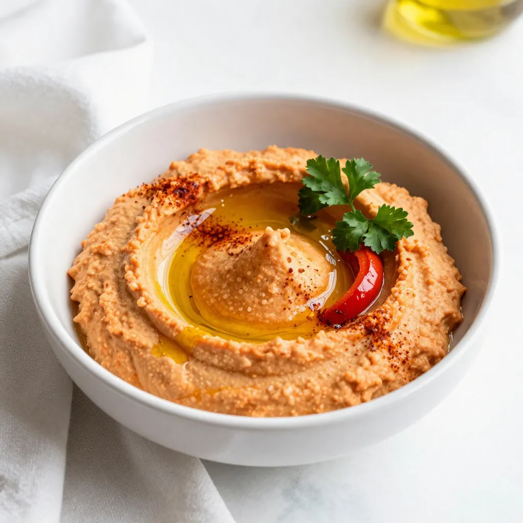 - 1 cup canned chickpeas, drained and rinsed - 1 large roasted red pepper (jarred or homemade) - 2 tablespoons tahini - 2 tablespoons lemon juice - 2 cloves garlic, minced - 2 tablespoons extra virgin olive oil - 1/2 teaspoon ground cumin - Salt to taste - Water, as needed for consistency - Fresh parsley, for garnish - Paprika, for garnish These ingredients give the hummus its rich taste and smooth texture. - A squeeze of lime juice for a citrus kick - A dash of cayenne pepper for heat - Toasted pine nuts for crunch You can add these to make your hummus unique. - If you don’t have tahini, use peanut butter or sunflower seed butter. - You can swap lemon juice with vinegar if needed. - For a different flavor, try using smoked paprika instead of regular paprika. These swaps keep your hummus tasty while using what you have at home. {{ingredient_image_1}} First, gather all your ingredients. You will need: - 1 cup canned chickpeas, drained and rinsed - 1 large roasted red pepper (jarred or homemade) - 2 tablespoons tahini - 2 tablespoons lemon juice - 2 cloves garlic, minced - 2 tablespoons extra virgin olive oil - 1/2 teaspoon ground cumin - Salt to taste - Water, as needed for consistency - Fresh parsley, for garnish - Paprika, for garnish If you choose fresh red peppers, roast them over an open flame until they are charred. This step adds a great smoky flavor. After roasting, place them in a bowl covered with plastic wrap for 10 minutes. This helps the skin come off easily. Once they cool, peel off the skins and remove the seeds. Now, it’s time to blend! In your food processor, add the chickpeas, roasted red pepper, tahini, lemon juice, minced garlic, olive oil, cumin, and a pinch of salt. Blend everything until it’s nice and smooth. While blending, stop to scrape down the sides. This ensures every bit gets mixed well. If your hummus is too thick, add water one tablespoon at a time. Blend after each addition until you reach your desired consistency. Taste your hummus and adjust the salt if needed. Blend again to mix in any extra salt. Transfer your hummus to a serving bowl. Drizzle some extra olive oil on top for added richness. For a pop of color, sprinkle paprika and fresh parsley as a garnish. This makes your dish look inviting and delicious. Serve it with pita bread, fresh veggies, or use it as a spread in sandwiches. Enjoy your tasty roasted red pepper hummus! To get the best texture in your hummus, start with drained and rinsed chickpeas. If your hummus is too thick, add water slowly. Use one tablespoon at a time. Blend well each time. If needed, repeat until the hummus is smooth and creamy. A little extra olive oil can also help make it silkier. You can boost the flavor in many ways. Adding more roasted red pepper gives a richer taste. You can also try adding spices like smoked paprika or cayenne pepper for heat. Fresh herbs like cilantro or basil can add a unique twist. Don’t forget to taste as you go. Adjust salt and lemon juice for balance. One common mistake is not blending long enough. This can leave you with a chunky hummus. Make sure to scrape the sides of the bowl during blending. Another mistake is using too much lemon juice. It can overpower the other flavors. Always start with a little, and add more if needed. Pro Tips Use Fresh Ingredients: Whenever possible, opt for fresh garlic and freshly squeezed lemon juice to enhance the flavor of your hummus. Perfect Roasting: If you roast your own peppers, ensure they are well-charred for a smoky flavor that will elevate your hummus. Adjusting Consistency: If you find your hummus too thick, gradually add water to achieve the desired creaminess without losing flavor. Garnish for Presentation: Don't skip the olive oil drizzle and garnish; they not only add flavor but also make your dish visually appealing. {{image_2}} For a kick, add jalapeños or red pepper flakes. Start with one tablespoon. You can always add more for extra heat. Mix the spicy peppers with your hummus ingredients. Blend until smooth. This adds a nice zing to the classic taste. Serve it with pita chips or veggies for a fun snack. To make it Mediterranean, add olives and feta cheese. Use about ¼ cup of chopped olives. Crumble in ½ cup of feta cheese as you blend. This gives the hummus a salty, rich flavor. It pairs well with fresh bread or as a dip for your favorite snacks. For a creamy twist, toss in one ripe avocado. Halve the avocado and scoop it out into the food processor. Blend it with the other ingredients until smooth. This will give your hummus a rich, buttery taste. It’s perfect for spreading on sandwiches or enjoying with crackers. You can keep roasted red pepper hummus in your fridge. Place it in a sealed container. It stays fresh for about five days. Make sure to press plastic wrap on the hummus to reduce air. This helps prevent it from drying out. The flavors will deepen as it sits, making it even better! You can freeze hummus for later use. Put it in a freezer-safe container. Leave space at the top, as it will expand when frozen. It lasts for about three months. When you're ready to eat, thaw it in the fridge overnight. Stir in a bit of water if it seems too thick after thawing. Use glass or plastic containers with tight lids. Glass jars work great for storing hummus. They are easy to clean and do not hold odors. If you opt for plastic, ensure it is BPA-free. Avoid using metal containers, as they can react with the hummus. Roasted red pepper hummus will last in the fridge for about a week. Make sure to keep it in a sealed container. After a few days, check for any changes in smell or color. If it looks or smells off, throw it away to be safe. Yes, you can use dried chickpeas! Start by soaking them overnight in water. This helps them soften. After soaking, boil them until they are tender. This may take about one to two hours. Drain and rinse them before using in your hummus. You can find roasted red pepper hummus at most grocery stores. Look in the refrigerated section, near other dips. Many brands offer it, so you can choose one that fits your taste. You can also find it at health food stores or specialty shops. This blog post covered how to make delicious roasted red pepper hummus. You learned about key ingredients and possible substitutes. I shared step-by-step directions and helpful tips for great texture and taste. Explore variations to keep it exciting. Remember to follow storage tips for freshness. Hummus can be a fun and healthy snack. Try different flavors and share your results. Enjoy your cooking adventure!