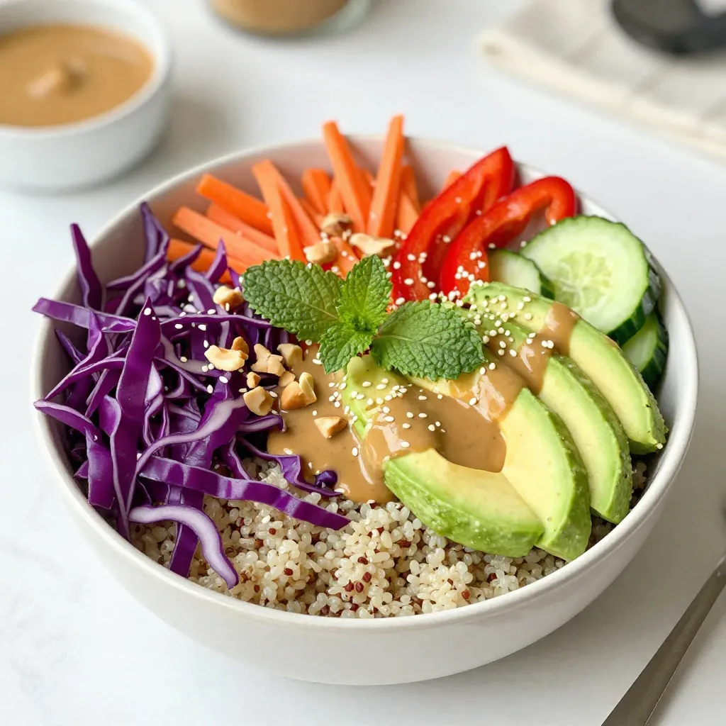 For a vibrant and tasty Rainbow Spring Roll Bowl, you need: - 1 cup cooked quinoa - 1 cup shredded purple cabbage - 1 cup carrot, julienned - 1 red bell pepper, thinly sliced - 1 cup cucumber, julienned - 1 avocado, sliced - 1 cup fresh mint leaves - 1 cup fresh cilantro leaves - 1/4 cup peanuts, chopped (or your favorite nuts) - 1/4 cup sesame seeds These ingredients provide a mix of colors, textures, and flavors. Quinoa serves as a hearty base, while the fresh veggies add crunch. The herbs bring brightness, and nuts add a nice bite. To make the delicious dressing, gather: - 1/4 cup almond butter - 2 tablespoons soy sauce (or tamari for gluten-free) - 1 tablespoon lime juice - 1 tablespoon maple syrup - 1 teaspoon grated ginger - 1-2 teaspoons sriracha (to taste) This dressing ties the whole bowl together. The almond butter adds creaminess, while lime juice gives a zesty punch. You can adjust the sriracha for spice lovers or keep it mild. You can swap or add ingredients to suit your taste. Try these: - Use brown rice or cauliflower rice instead of quinoa. - Replace purple cabbage with green cabbage or spinach. - Add proteins like tofu, shrimp, or chicken for extra flavor. - Use sunflower seeds instead of peanuts for nut-free bowls. Feel free to get creative! Use what you have on hand to make these bowls your own. {{ingredient_image_1}} To cook quinoa, start by rinsing one cup of dry quinoa under cold water. This helps remove any bitter taste. Then, follow the package instructions for cooking. Usually, you will combine the rinsed quinoa with two cups of water in a pot. Bring it to a boil, then lower the heat. Cover the pot and simmer for about 15 minutes. When done, fluff it with a fork and let it cool. While your quinoa cools, prepare your colorful veggies. First, julienne one cup of carrots and one cup of cucumber. This means cutting them into thin strips. Next, slice one red bell pepper into thin pieces. Then, shred one cup of purple cabbage. You can use a grater or a sharp knife for this. Finally, wash one cup each of fresh mint and cilantro leaves. Set all these vibrant ingredients aside. Now, let’s make a tasty dressing. In a small bowl, add a quarter cup of almond butter. Then, pour in two tablespoons of soy sauce. Next, add one tablespoon of lime juice and one tablespoon of maple syrup. Grate one teaspoon of ginger and add it in. If you like some heat, stir in one to two teaspoons of sriracha. Whisk everything together until it is smooth. You can adjust the flavors to your liking. It’s time to put everything together! Start with a generous scoop of cooled quinoa in each bowl. Next, arrange the shredded cabbage, carrots, red bell pepper, cucumber, and avocado slices on top, making it look like a rainbow. Sprinkle chopped peanuts and sesame seeds over the top for crunch. Finally, add a handful of fresh mint and cilantro leaves. Drizzle the almond butter dressing over the bowls just before serving. Enjoy this bright and tasty meal! To make your Rainbow Spring Roll Bowls pop, use bright veggies. Aim for a mix of colors. I love using purple cabbage, orange carrots, and red bell peppers. Slice them thin for a fun look. Arrange them in sections over the quinoa. This way, each color shines. The more colors, the better! It makes your meal look fresh and inviting. The dressing is key to flavor. Start with almond butter for creaminess. Whisk in soy sauce for saltiness and lime juice for zing. Adjust the sweetness with maple syrup as needed. If you like spice, add sriracha. Taste as you mix to find your perfect balance. This way, each bowl can match your taste buds. When serving, use rustic bowls to enhance the look. Place bowls on a wooden board for a natural feel. Add lime wedges for a pop of color. Fresh mint and cilantro on top add a nice green touch. This makes the dish look fun and fresh. Enjoy the vibrant colors as you dig in! Pro Tips Prep Ahead: To save time during busy days, prepare the quinoa and chop the vegetables the night before. Store them separately in the fridge to maintain freshness. Customize Your Bowl: Feel free to add other vegetables or proteins like grilled chicken or tofu to suit your taste preferences and dietary needs. Fresh Herbs Matter: Using fresh mint and cilantro enhances the flavor profile of the dish. If you don’t like these herbs, consider substituting with basil or parsley. Texture Balance: For a delightful crunch, experiment with different toppings like crispy chickpeas or sunflower seeds in place of peanuts. {{image_2}} You can easily boost your Rainbow Spring Roll Bowls with protein. Here are some great choices: - Tofu: Use firm tofu for a great plant-based option. Press it to remove water, then cube and sauté until golden. This adds a nice texture and absorbs flavors well. - Shrimp: Shrimp cooks fast and adds a pop of flavor. Simply sauté them in a pan with a bit of oil until pink. They work well with the fresh veggies. - Chicken: Grilled or shredded chicken can make your bowl heartier. Season it with salt and pepper, or use a marinade for extra taste. Adding protein not only fills you up but also gives variety to your meal. Making this dish vegan or gluten-free is simple. Here’s how: - Vegan: Stick with plant-based proteins like tofu or chickpeas. Make sure your dressing uses tamari instead of regular soy sauce to keep it gluten-free too. - Gluten-Free: Use tamari sauce instead of soy sauce. This keeps the dressing flavorful without gluten. Always check labels on nuts and other ingredients to ensure they are gluten-free. These options let everyone enjoy the meal without worry. Seasonal swaps can keep your bowls fresh and exciting. Here are a few ideas: - Spring: Add fresh peas or asparagus for a crunchy bite. - Summer: Use fresh corn or heirloom tomatoes for a juicy touch. - Fall: Swap in roasted butternut squash or sweet potatoes. - Winter: Try kale or Brussels sprouts for a hearty option. By changing ingredients with the seasons, you can keep your bowls tasty and colorful all year round. To store your Rainbow Spring Roll Bowls, first let them cool. Use airtight containers for storage. Place the quinoa and veggies in one container. Keep the dressing in a separate small jar. This helps keep everything fresh. Store in the fridge for up to three days. Always check for freshness before eating. For meal prep, start by cooking a larger batch of quinoa. You can prep the veggies in advance too. Slice and julienne your vegetables a day ahead. Store them in separate containers. This keeps them crisp and fresh. Make the dressing and store it in the fridge. Mix it right before serving for the best taste. When ready to eat, take out the quinoa and veggies. You can serve them cold, or warm them up. To reheat, use a microwave for about 30 seconds. Stir to ensure even heating. If you want to warm the veggies, do it in a pan on low heat. Add a little water if needed. Drizzle the dressing on top just before serving. Enjoy your fresh and vibrant meal! Yes, you can make Rainbow Spring Roll Bowls ahead of time. Prepare the quinoa and chop the veggies first. Store them in separate containers. Keep the dressing in a jar in the fridge. When you're ready to eat, assemble your bowls. This way, your ingredients stay fresh. You can use peanut butter or sunflower seed butter. Both options give a rich taste. If you want a nut-free option, sunflower seed butter works well. You can also try tahini for a different flavor twist. Yes, these bowls are perfect for meal prep. You can store each ingredient in separate containers. This keeps them fresh. When you’re ready to eat, just mix and match what you like. It makes your lunch easy and fun! You can add your favorite proteins like tofu or shrimp. Swap out veggies based on your taste. Try adding mango or radishes for extra color. You can mix different herbs too. Use whatever you have at home. The options are endless! Rainbow spring roll bowls offer a fresh, vibrant meal filled with flavor. We explored key ingredients, easy steps, and helpful tips for making these bowls shine. You can customize with proteins and seasonal swaps. Plus, storing leftovers is a breeze with smart meal prep methods. Enjoy experimenting to create your own tasty rainbow rolls. Trust me, you’ll love every bite!