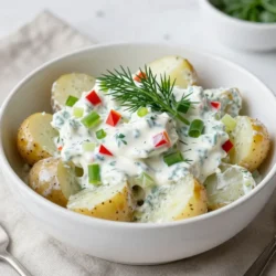 - 2 pounds baby potatoes - 1 cup Greek yogurt - 2 tablespoons Dijon mustard I love starting with baby potatoes. They are small, tender, and perfect for this salad. Boiling them brings out their natural sweetness. Greek yogurt adds creaminess, and Dijon mustard gives that tangy kick. - 2 tablespoons apple cider vinegar - 1 tablespoon fresh dill, chopped - Spices: garlic powder and onion powder Apple cider vinegar adds brightness. Fresh dill gives a fresh, herbal note. Garlic and onion powders enhance the flavor without overpowering the dish. - 1/2 cup celery, finely diced - 1/2 cup red bell pepper, finely diced - 2 green onions, sliced Adding celery and red bell pepper brings crunch. The green onions add a mild onion flavor, which rounds out the salad nicely. Each bite will have a mix of textures. {{ingredient_image_1}} Start by boiling the halved baby potatoes in a large pot. Use salted water for added flavor. Cook them for about 15 to 20 minutes. You want them tender but not mushy. To check, poke a potato with a fork; it should slide in easily. Once they&rsquo;re done, drain the potatoes and let them cool for a few minutes. Cooling helps keep the salad fresh. In a separate bowl, mix together Greek yogurt, Dijon mustard, apple cider vinegar, and fresh dill. Add garlic powder and onion powder for extra flavor. Whisk all these ingredients together until you have a smooth and creamy dressing. A good dressing should coat the potatoes well without being too thick. Once the potatoes have cooled slightly, add them to the bowl with the dressing. Toss gently to coat all the potatoes evenly. Make sure every piece gets some of that tasty dressing. Next, fold in the crunchy veggies: diced celery, diced red bell pepper, and sliced green onions. Mixing these adds a nice texture and flavor. Finally, season your salad with salt and pepper to taste. Adjust it to your liking. Cover the bowl and refrigerate for at least 30 minutes. This wait helps the flavors blend beautifully. To get your potato salad just right, cooking time is key. Boil the halved baby potatoes for 15-20 minutes. You want them tender, but not mushy. Once they are done, drain them and let them cool. This step is very important. Cooling the potatoes helps them hold their shape. Mixing warm potatoes with the dressing can make the salad too soggy. You can adjust the taste of your potato salad easily. If you want more zing, add a bit more apple cider vinegar. If it's too sour, a dash of salt can help balance it out. When it comes to dill, I always prefer fresh. Fresh dill brings a bright taste. However, dried dill can work in a pinch. Just remember, dried herbs are stronger, so use less. Serving your potato salad in a bright bowl can make it pop. You can also add sliced boiled eggs on top for a nice touch. Garnish with extra dill sprigs for color and flair. This simple step can elevate the dish and make it look more inviting. For a fun twist, try serving it in small cups for individual servings. Pro Tips Choose the Right Potatoes: For the best texture, opt for waxy baby potatoes which hold their shape well after boiling. Chill Before Serving: Allow the potato salad to chill for at least 30 minutes before serving to enhance the flavors. Customize Your Veggies: Feel free to add other vegetables like diced cucumbers or peas for extra crunch and flavor. Make It Ahead: This salad can be made a day in advance; it often tastes even better the next day as the flavors meld. {{image_2}} To cut calories in your tangy dill potato salad, you can swap out the Greek yogurt. Use lighter options like sour cream or low-fat yogurt. These swaps keep the creamy texture but reduce calories. For a tangy twist, try dressings made with lemon juice or vinegar, which add flavor without extra calories. Want to make your salad more colorful and nutritious? You can add other veggies. Try diced cucumbers, shredded carrots, or even peas. Each adds a nice crunch and different flavors. You can also include protein for a heartier dish. Chopped chicken or hard-boiled eggs work well and boost the protein content. Get creative with herbs and spices! Instead of just dill, add fresh basil or parsley for a new taste. You can also use flavored vinegars, like balsamic or red wine vinegar, to change the salad's profile. Mustards come in many flavors, so pick one that excites your palate! Experimenting keeps the dish fresh and fun. To store your Tangy Dill Potato Salad, place it in an airtight container. This keeps it fresh and safe. Use glass or plastic containers that seal well. I like to use glass because it&rsquo;s easy to clean and doesn&rsquo;t stain. Make sure to cover the salad tightly with a lid. In the fridge, potato salad stays good for about three to five days. Always check for any signs of spoilage before serving. If you want to save it for longer, you can freeze it. However, freezing may change the texture. If you decide to freeze, place it in a freezer-safe container. It can last up to two months in the freezer. For the best taste, serve the salad cold. The flavors mix well when it&rsquo;s chilled. If you prefer it warmer, let it sit at room temperature for about 15 minutes before serving. If you need to reheat it, do so gently in the microwave. Heat it in short bursts and stir often. This way, you can enjoy that creamy, tangy taste! To reduce the tanginess, cut back on the vinegar and mustard. You can use just one tablespoon of apple cider vinegar instead of two. For the mustard, try one tablespoon of Dijon instead of two. This will make the salad milder. You can also add a bit more Greek yogurt to balance the flavors. Taste as you go to find the right mix for you. Yes, you can make this potato salad ahead of time. It tastes great after chilling in the fridge. Prepare the salad, cover it, and store it in the fridge for up to two days. Just keep it in an airtight container. The flavors blend together nicely when chilled. If you need a different option, try sour cream or a dairy-free yogurt. Plain yogurt works, too. For a lighter version, use low-fat sour cream. If you prefer a vegan option, choose a plant-based yogurt. Each of these will give you a creamy base, but the taste may vary slightly. This potato salad combines baby potatoes, Greek yogurt, and vibrant veggies for great flavor. You learned how to prepare the dressing and achieve the perfect texture. Plus, you discovered tips for enhancing flavor and creative presentation ideas. Remember, you can easily adjust the recipe to fit your needs. Whether you&rsquo;re cutting calories or trying new ingredients, this salad is versatile and satisfying. Enjoy making this dish for your next gathering, and explore the variations to keep it fresh and exciting!