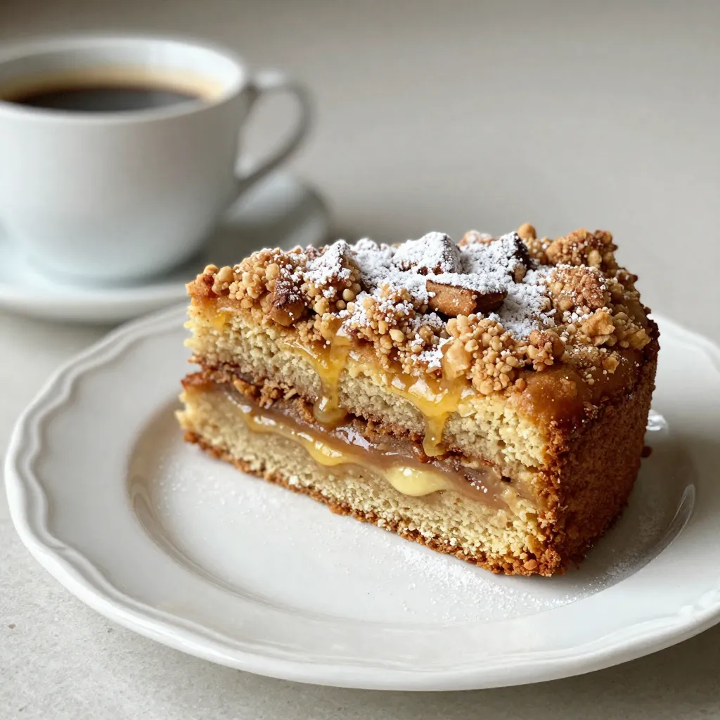 To make this delightful coffee cake, gather these ingredients: - 2 cups all-purpose flour - 1 cup granulated sugar - 1/2 cup unsalted butter, softened - 1 cup sour cream - 2 large eggs - 1 teaspoon vanilla extract - 1 teaspoon baking powder - 1 teaspoon baking soda - 1/2 teaspoon salt - For the streusel topping: - 1/2 cup all-purpose flour - 1/3 cup brown sugar, packed - 1 tablespoon ground cinnamon - 1/4 cup unsalted butter, melted - 1/2 cup chopped pecans or walnuts (optional) You can swap some ingredients if needed. Here are a few ideas: - Butter: Use coconut oil or vegetable oil for dairy-free options. - Sour Cream: Greek yogurt works well. It adds creaminess and tang. - Sugar: You might use coconut sugar or honey, but adjust the wet ingredients. - Eggs: For a vegan option, use flax eggs (1 tablespoon flaxseed meal + 2.5 tablespoons water per egg). To make your coffee cake even better, consider these add-ins: - Fruits: Blueberries or diced apples can add freshness and moisture. - Spices: A pinch of nutmeg or allspice can enhance the flavor. - Chocolate: Add chocolate chips for a sweet twist. - Citrus Zest: Lemon or orange zest brightens the cake with a zesty kick. Feel free to mix and match these ingredients to create a coffee cake that fits your taste! {{ingredient_image_1}} To start, preheat your oven to 350°F (175°C). Grease a 9x13-inch baking pan. This step ensures the cake comes out easily. In a large bowl, cream together the softened butter and granulated sugar. Mix until it is light and fluffy. Next, add the eggs one by one. Mix well after each egg to keep it smooth. Then, beat in the sour cream and vanilla extract. This adds moisture and flavor. In another bowl, whisk together the flour, baking powder, baking soda, and salt. Gradually add this dry mix to the wet mix. Stir just until combined. Be careful here; don’t overmix. Overmixing makes the cake tough. Make sure your butter is softened. Cold butter will not mix well. If your eggs are cold, place them in warm water for a few minutes. This helps them blend in better. Use a spatula to scrape the sides of the bowl while mixing. This ensures all ingredients are well combined. When adding the dry ingredients, do it slowly. This helps avoid lumps. If you want a lighter cake, fold the flour in gently. It makes a big difference in texture. For the streusel, combine the flour, brown sugar, and cinnamon in a bowl. Mix well, then pour in the melted butter. Stir until it looks crumbly. If you love nuts, add chopped pecans or walnuts. Mix these in evenly. Once your batter is ready, pour half into the prepared pan. Spread it out smoothly. Sprinkle half of the streusel topping over this layer. Then, pour the rest of the batter on top. Finish with the remaining streusel. Now you’re all set to bake! Place the pan in the oven and bake for 30-35 minutes. Check if it’s done by inserting a toothpick. If it comes out clean, your cake is ready. Enjoy the lovely smell as it bakes! To make your coffee cake perfect, follow these simple tips: - Use room temperature ingredients. This helps the batter mix well. - Don’t overmix your batter. Stir just until combined for a light cake. - Preheat your oven. This ensures even baking and a nice rise. - Grease your baking pan well. It helps the cake release easily. If your coffee cake does not turn out right, here’s what to check: - Cake too dry: This can happen from overbaking or too much flour. - Cake too dense: This could be due to overmixing or not enough leavening. - Cake sinking in the middle: Ensure your oven is at the right temp. Check with an oven thermometer. To keep your coffee cake moist, try these tips: - Use sour cream. It adds moisture and richness to the cake. - Store in an airtight container. This keeps the cake from drying out. - Add a little extra butter. This can boost moisture and flavor. - Serve with a drizzle of glaze or whipped cream. This adds a lovely touch! Pro Tips Use Room Temperature Ingredients: Ensure that your butter, eggs, and sour cream are at room temperature for a smoother batter and better mixing. Don’t Overmix the Batter: Mix until just combined to keep the cake tender and fluffy. Overmixing can lead to a dense texture. Customize Your Nuts: Feel free to substitute pecans with walnuts or leave them out entirely for a nut-free version. Check for Doneness: Use a toothpick inserted in the center to check for doneness; it should come out clean or with a few crumbs attached. {{image_2}} You can easily add fruits to your coffee cake. Fresh berries, like blueberries or raspberries, work great. Try adding a cup of chopped apples for a sweet twist. If you prefer a nutty flavor, add chopped pecans or walnuts to the batter. You can also enhance the flavor by mixing in a teaspoon of almond extract or a splash of orange juice. If you need a gluten-free option, swap the all-purpose flour for a gluten-free blend. Look for a blend that has xanthan gum for the best results. Just make sure to check the ingredients on the package. You can use a 1:1 gluten-free flour mix, which is easy to find. This way, everyone can enjoy a slice of this tasty coffee cake. You can make your coffee cake a bit healthier by making some simple swaps. Use Greek yogurt instead of sour cream to lower the fat. You can also replace half of the sugar with applesauce. This adds natural sweetness and moisture. If you want a dairy-free option, use coconut oil instead of butter. These swaps keep the taste great while being a bit lighter. To keep your coffee cake fresh, first let it cool completely. Wrap it tightly in plastic wrap or foil. Store it at room temperature for up to three days. If you have leftovers, place them in an airtight container. This way, the cake stays moist and tasty. You can freeze your coffee cake for longer storage. Cut the cake into slices for easy serving. Wrap each slice in plastic wrap, then place them in a freezer-safe bag. Label the bag with the date. Your cake will stay good for about three months. To thaw, simply move the slices to the fridge for several hours or overnight. For the best taste, reheat your coffee cake in the oven. Preheat the oven to 350°F (175°C). Place the cake on a baking sheet and cover it lightly with foil. Heat for about 10-15 minutes, or until warm. You can also microwave individual slices for 15-20 seconds. Enjoy it warm, with a cup of coffee or tea! You can use plain yogurt or buttermilk as a substitute. Both add moisture and tang. Yogurt works well because it has a similar texture. If you want a lighter option, mix 1 cup of milk with 1 tablespoon of lemon juice. Let it sit for 5 minutes before using. This creates a buttermilk-like effect. To check if your coffee cake is ready, insert a toothpick in the center. It should come out clean or with a few crumbs. If it has wet batter on it, bake for a few more minutes. The top should be golden brown and spring back when you touch it lightly. Yes, you can prepare the batter a day ahead. Cover it tightly and store it in the fridge. You can also bake the cake and let it cool completely. Wrap it well in plastic wrap and store it. When you're ready, just reheat it in the oven for a warm treat. This blog post provided a clear guide on making delicious cinnamon streusel coffee cake. We covered essential ingredients, helpful substitutions, and tips for perfecting your bake. You learned how to store and reheat coffee cake for the best taste. You can make variations to suit your cravings and dietary needs. Remember, baking is fun and offers room to be creative. Trust your taste and enjoy this delightful treat with friends and family. Happy baking!