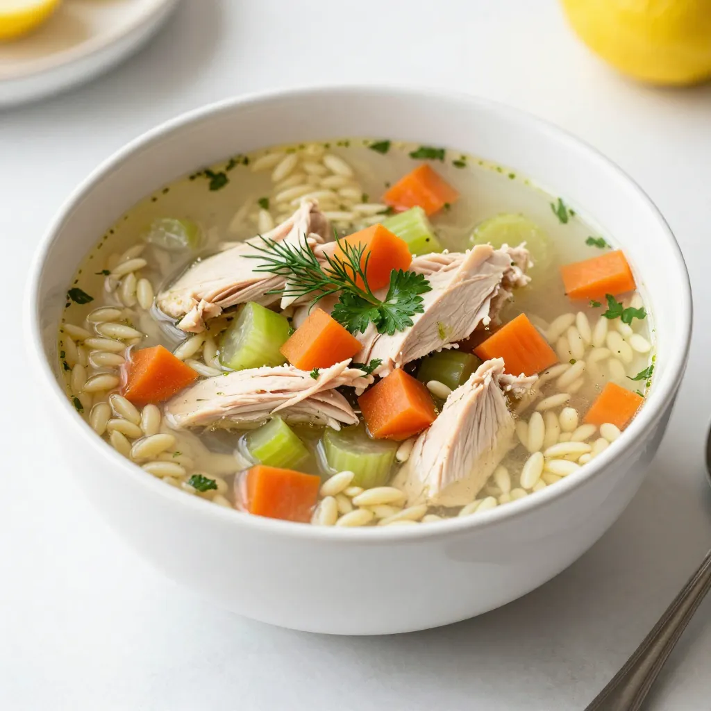 To make this delightful soup, gather these ingredients: - 1 lb boneless, skinless chicken breasts - 8 cups chicken broth - 1 medium onion, finely chopped - 3 cloves garlic, minced - 2 large carrots, diced - 1 cup celery, diced - 1 cup orzo pasta - 3 large eggs - 1/2 cup fresh lemon juice (about 3 lemons) - 1 teaspoon dried oregano - Salt and freshly ground black pepper, to taste - Fresh dill or parsley, chopped for garnish Using fresh ingredients makes the soup taste vibrant. Fresh chicken adds flavor and good texture. Fresh herbs, like dill or parsley, enhance the aroma. Always choose fresh vegetables for the best taste. They keep the soup bright and healthy. The quality of your ingredients impacts the dish greatly. You can try adding a few optional ingredients for more flavor. Consider adding bay leaves while cooking. They give a lovely depth to the broth. You might also add a pinch of red pepper flakes for some heat. Another option is to mix in chopped spinach for extra nutrients. Each of these can elevate your Greek lemon chicken soup! {{ingredient_image_1}} Start by heating a large pot over medium heat. Add the chopped onion and minced garlic. Sauté them for about 3 to 4 minutes. You want the onion to turn translucent. Next, add the diced carrots and celery. Stir these for another 5 minutes. Now, pour in the chicken broth and bring it to a gentle boil. Once boiling, add the chicken breasts and reduce the heat to a simmer. Cover the pot and cook for 20 minutes. This will cook the chicken through. After 20 minutes, remove the chicken from the pot. Use two forks to shred the chicken into pieces. Set this aside for later. Now, add the orzo pasta to the broth. Cook it according to the package instructions, usually about 8 to 10 minutes. While the orzo cooks, whisk the eggs and lemon juice in a mixing bowl until combined. When the orzo is ready, ladle some hot broth into the egg mixture. Whisk continuously to temper the eggs. This step stops the eggs from curdling. Slowly pour this tempered mixture back into the pot. Stir constantly to combine everything well. Finally, add the shredded chicken, dried oregano, and season with salt and pepper to taste. Let it warm for a few more minutes before serving. Watch the onion closely. It should become soft and clear. This shows you sautéed it long enough. When the chicken is done, it will be firm and no longer pink inside. The orzo will expand and become tender when it's cooked. After adding the egg mixture, the soup should appear creamy but not thick. The final texture should be smooth and inviting. Do not rush the sautéing step. If you cook the onion too fast, it may burn. Ensure the chicken cooks fully; undercooked chicken can ruin your meal. Remember to temper the eggs well. Pouring them in too fast can cause them to scramble. Lastly, avoid skipping the seasoning step. A little salt and pepper can greatly enhance the flavor. To get the best flavor from your Greek Lemon Chicken Soup, use fresh ingredients. Fresh lemon juice brings brightness. Use good quality chicken broth for depth. Don’t skip the oregano; it adds warmth and aroma. If you want it zestier, add more lemon juice or lemon zest. Taste as you go and adjust the salt and pepper. This will help you find the right balance. You can make this soup ahead of time. Cook it fully and store it in the fridge. The flavors blend well after a day. Reheat it gently over low heat. Add a splash of broth if it seems thick. If you know you will store it, don’t add the orzo right away. It can get mushy in the fridge. Instead, cook the orzo when you’re ready to serve. If your soup is too thick, add more broth or water. Stir well and heat it through. For a thicker soup, add less broth at the start. You can also mash some of the carrots or celery. This will create a creamy texture without using cream. If you want a smoother soup, blend it for a few seconds. Adjust the texture to fit your taste! Pro Tips Use Fresh Ingredients: Fresh chicken and vegetables will enhance the flavor and nutrition of your soup. Tempering the Eggs: Always temper the egg mixture with hot broth before adding it to the soup to prevent curdling. Adjust Lemon to Taste: Depending on your preference, feel free to adjust the amount of lemon juice for a more or less zesty flavor. Garnish for Freshness: Fresh dill or parsley not only adds color but also brightens the overall flavor of the soup. {{image_2}} You can easily make this soup gluten-free. Simply swap out the orzo for rice. Use about 1 cup of uncooked rice. Add it to the broth after you remove the chicken. It will add a nice texture. Adjust the cooking time based on the rice type. Brown rice takes longer, while white rice cooks faster. To create a vegetarian version, skip the chicken and use vegetable broth. You can add extra veggies like zucchini or bell peppers for flavor. Chickpeas are a great protein source to include. They add heartiness to the soup. Just heat everything together until the vegetables are tender, and you’ll have a warm, comforting dish. Feel free to play with spices and herbs. You can add red pepper flakes for heat. Fresh herbs like thyme or basil can add a new twist. A pinch of smoked paprika gives a nice depth. Try different combinations to discover your favorite flavor profile. Each variation can make the soup feel fresh and exciting. After enjoying your Greek Lemon Chicken Soup, store any leftovers in an airtight container. Let the soup cool completely before sealing it up. This helps keep the flavors fresh. Place the container in the fridge where it can stay for up to three days. If you notice any leftover herbs on top, remove them before storing. This keeps the soup from becoming too strong. To freeze Greek Lemon Chicken Soup, first cool it down. Pour the soup into freezer-safe containers. Leave some space at the top since liquids expand when frozen. You can freeze the soup for up to three months. Label the containers with the date so you know when to use them. Remember, the orzo might change texture when thawed, but the taste will still be great. When you’re ready to enjoy your soup again, reheat it gently. You can use a pot on the stove or the microwave. If using the stove, warm it over low heat, stirring often to avoid sticking. If using a microwave, heat in short bursts, stirring in between. If the soup seems thick, add a little broth or water to thin it out. This keeps your soup comforting and delicious, just like the first time! Yes, you can use rotisserie chicken. It saves time and adds great flavor. Just shred the chicken and add it to the soup. This shortcut makes the recipe even easier. To make the soup creamier, add a splash of cream or milk. You can also use more eggs in the mixture. Whisk the eggs well with lemon juice and temper them slowly. This gives a rich texture to the soup. This soup pairs well with crusty bread or a fresh salad. You can also serve it with a side of rice for a heartier meal. A sprinkle of feta cheese adds a nice touch too. The soup lasts about 3 to 4 days in the fridge. Make sure to store it in an airtight container. If the soup thickens, add a little broth when reheating. This keeps it tasty and enjoyable. This article covered how to make Greek Lemon Chicken Soup from start to finish. We talked about the best fresh ingredients and optional flavors. You learned step-by-step cooking methods and tips to avoid mistakes. We explored variations like gluten-free and vegetarian options too. Lastly, we shared storage tips for leftovers and answers to common questions. Enjoy this soup often. It’s tasty, comforting, and good for sharing.