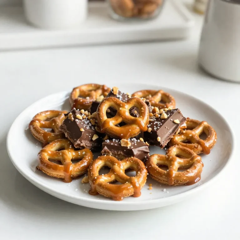 - 2 cups mini pretzels - 1 cup semi-sweet chocolate chips - 1 cup caramel sauce - 1 teaspoon sea salt - 1/2 cup crushed nuts (optional) When I make salted caramel pretzel bark, I love using mini pretzels. They are small, crunchy, and perfect for this treat. You need two cups to create a great base. Next, I use one cup of semi-sweet chocolate chips. They melt nicely and add a rich flavor. Caramel sauce is the star of this recipe. You can use store-bought or homemade if you prefer. One cup should be enough to cover the pretzels. Don’t forget the sea salt! One teaspoon adds the perfect touch. It balances the sweetness and gives that irresistible taste. If you want to add more texture, crushed nuts work well. Pecans or almonds are my favorites. Just half a cup of these nuts adds crunch and flavor. This combination of ingredients makes the bark a sweet and salty delight. {{ingredient_image_1}} - Preheat your oven to 350°F (175°C). This helps get the pretzels nice and crunchy. - Line a baking sheet with parchment paper. This makes it easy to lift the bark later. - Spread the mini pretzels evenly on the baking sheet. Make sure they are in a single layer. - Bake the pretzels for about 5-7 minutes. They should be slightly toasted but not burnt. Remove them and let them cool for a few minutes. - In a small saucepan, gently heat the caramel sauce over medium-low heat. Stir it until it becomes smooth. - If the caramel is too thick, add a splash of water or cream to loosen it. This helps it pour easily over the pretzels. - Pour the warm caramel sauce evenly over the pretzels. Make sure every pretzel gets a good coat. - Melt the semi-sweet chocolate chips in a microwave-safe bowl. Do this in 30-second intervals, stirring in between. This keeps the chocolate from burning. - Drizzle the melted chocolate over the caramel-covered pretzels. You can use a spoon or a piping bag for a neat look. - If you want, sprinkle crushed nuts over the top. Then, lightly sprinkle sea salt over the chocolate and caramel layers. - Let the bark cool at room temperature until the chocolate sets. You can speed this up by putting it in the fridge for about 30 minutes. - Once set, break it into pieces and enjoy! To get the best pretzel bark, start with baking your pretzels. Spread them evenly on your baking sheet. Bake them at 350°F (175°C) for about 5-7 minutes. This light toasting brings out their flavor and crunch. Keep an eye on them so they don’t burn! Next, melt your chocolate. Use a microwave-safe bowl. Heat the chocolate chips in 30-second bursts. Stir between each burst until smooth. This method helps prevent burning. A double boiler works well too, if you prefer it. You can switch up the chocolate! Dark chocolate or white chocolate works great too. Each type brings its own flavor twist. Feel free to use a mix of chocolates for a fun look. For toppings, think outside the box! You might try crushed candy canes for a minty kick. Or sprinkle on some coconut flakes for a tropical vibe. Nuts like pecans or almonds add crunch. Don’t be afraid to get creative! Serve your bark in fun ways. Cut it into small pieces for sharing. You can stack them in a jar for a cute display. Wrap them in cellophane for gifts. They make great treats for parties or holidays! Try pairing the bark with a scoop of ice cream. It adds a cool contrast to the sweet, salty flavors. Your friends and family will love it! Pro Tips Use Fresh Caramel Sauce: For the best flavor and consistency, opt for a fresh caramel sauce rather than a jarred one, if possible. Customize Your Toppings: Feel free to experiment with different nuts or even add toppings like crushed pretzel pieces or sprinkles for added texture and flavor. Chill for Quick Setting: If you're in a hurry, place the bark in the refrigerator to help the chocolate set quickly without compromising texture. Cut with a Warm Knife: To achieve clean cuts when breaking the bark, dip your knife in warm water and wipe it dry before slicing. {{image_2}} You can switch up the chocolate in your salted caramel pretzel bark. Try using white chocolate or dark chocolate. White chocolate adds a sweet, creamy taste. Dark chocolate gives a rich, bold flavor. Both options work well with the salty pretzels. You can also add spices like cinnamon. A sprinkle of cinnamon can warm up the snack. It pairs nicely with the sweet caramel and chocolate. If you want a healthier treat, consider using lighter caramel. You can find low-sugar or sugar-free caramel sauces. These options cut down on calories and sugar. For gluten-free snacks, look for gluten-free pretzels. Many brands now offer gluten-free pretzels that taste great. They make a perfect base for this sweet treat. You can get creative with toppings for special occasions. For holidays, try adding festive sprinkles. Red and green sprinkles work well for Christmas. In the fall, you can use orange and yellow candies for Halloween. You can also adapt the snack for birthdays by using colorful candies. Tailoring your salted caramel pretzel bark for each occasion makes it even more fun. To keep your salted caramel pretzel bark fresh, store it in an airtight container. You can use a plastic container or a resealable bag. This helps to keep out air, which can make the bark stale. Place a piece of parchment paper between layers if you stack them. This will help avoid sticking. If you want to freeze the bark, cut it into pieces first. Wrap each piece in plastic wrap. Then, place them in a freezer-safe bag or container. This way, you can easily grab a piece whenever you want a tasty snack. Salted caramel pretzel bark stays fresh for about one week at room temperature. If you store it in the fridge, it can last up to two weeks. In the freezer, the bark can last for about three months. Just make sure to check for any signs of freezer burn before enjoying. The bark takes about 30 minutes in the fridge to set. At room temperature, it may take longer. Watch for the chocolate to harden. This ensures it breaks into nice pieces. Yes, homemade caramel sauce works great! Just ensure it is smooth and pourable. If it is too thick, add a bit of water or cream. This helps achieve the right consistency. Definitely! You can skip the chocolate. The bark will still taste delicious with just caramel and pretzels. You can add extra sea salt for flavor. You can use crackers or even potato chips as a substitute. They will add different flavors and textures. Just ensure they can hold up under caramel and chocolate. Pretzels should turn slightly golden. They will smell nutty and crispy. If they look too brown, they may taste burnt. Keep an eye on them while baking. In this post, we explored how to make salted caramel pretzel bark. We covered the ingredients, step-by-step instructions, tips for success, and variations to try. From baking pretzels to adding toppings, each step is key to a delicious treat. Remember, you can customize this bark to fit your tastes. Don't hesitate to experiment with flavors and toppings. Enjoy sharing this fun snack with friends and family, or keep it as a sweet treat for yourself. Happy cooking!