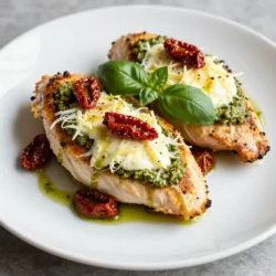 For this dish, you need just a few key ingredients: - 2 large chicken breasts - 1 cup fresh mozzarella cheese, shredded or cubed - 1/2 cup basil pesto (store-bought or homemade) - 1/2 cup sun-dried tomatoes, chopped These items blend well and create great flavors. Chicken breasts form the base. Mozzarella adds creaminess. Pesto gives it a fresh herb taste. Sun-dried tomatoes bring a sweet and tangy kick. To enhance the taste, use: - 1 teaspoon garlic powder - 1 teaspoon Italian seasoning - Salt and pepper to taste These seasonings are simple but powerful. Garlic powder adds depth. Italian seasoning brings warmth. Salt and pepper balance the flavors perfectly. You will also need: - 2 tablespoons olive oil - Fresh basil leaves for garnish (optional) Olive oil is key for cooking. It helps the chicken brown nicely. Fresh basil adds a pop of color and flavor at the end. This dish looks great and tastes even better. {{ingredient_image_1}} First, preheat your oven to 375&deg;F (190&deg;C). This helps cook the chicken evenly. Next, take the chicken breasts and lay them flat. Carefully slice each breast horizontally to create a pocket. Be careful not to cut all the way through. This pocket will hold the tasty filling later on. In a mixing bowl, combine 1 cup of shredded mozzarella cheese, 1/2 cup of basil pesto, and 1/2 cup of chopped sun-dried tomatoes. Mix these ingredients together until they blend well. This mixture adds great flavor and makes the chicken juicy. Now, take a large oven-safe skillet and heat 2 tablespoons of olive oil over medium heat. Once the oil is hot, gently place the stuffed chicken breasts into the skillet. Sear the chicken for about 4-5 minutes on each side until they turn golden brown. This step adds a nice crust. After searing, transfer the skillet to your preheated oven. Bake for 15-20 minutes, or until the chicken reaches an internal temperature of 165&deg;F (75&deg;C). Once done, let the chicken rest for a few minutes before slicing. This helps keep the juices inside. Enjoy your delicious Pesto Mozzarella Stuffed Chicken! To keep your chicken juicy, choose large, fresh breasts. Avoid overcooking them. Cook until they reach 165&deg;F. Use a meat thermometer for best results. Searing the chicken first will lock in moisture. This method gives a nice, golden crust. Always let the chicken rest after baking. This step helps the juices stay inside. You can mix things up with the pesto filling. Try adding spinach for extra greens. Swap out mozzarella for goat cheese for a tangy twist. Add chopped olives for a salty bite. If you like heat, mix in red pepper flakes. This adds a nice kick to the flavor. Experiment with different herbs like thyme or oregano for a unique taste. To serve your dish beautifully, slice the chicken diagonally. This makes the filling visible and appealing. Drizzle extra pesto over the top for color and flavor. Add fresh basil leaves for garnish to brighten the plate. Serve on a nice platter to impress your guests. You can also pair it with a light salad or roasted veggies for a complete meal. Pro Tips Resting the Chicken: Allow the stuffed chicken to rest for a few minutes after baking. This helps the juices redistribute, ensuring a moist and flavorful bite. Homemade Pesto Option: If you have the time, consider making your own basil pesto. It enhances the flavor and freshness of the dish compared to store-bought versions. Adding More Veggies: Feel free to add spinach or arugula to the stuffing mixture for added flavor and nutrition. These greens complement the pesto beautifully. Serving Suggestions: Pair the stuffed chicken with a light salad or roasted vegetables for a complete meal. A side of garlic bread also makes a great accompaniment. {{image_2}} You can change up the cheese and pesto in this dish. Instead of mozzarella, try goat cheese or provolone for a different taste. For the pesto, you can use sun-dried tomato pesto or even spinach pesto. These swaps add new flavors to your meal while keeping it fun! You can cook the stuffed chicken in different ways. Grilling gives it a nice smoky flavor and crispy skin. To grill, preheat your grill and cook the chicken for about 6-7 minutes per side. Baking is another great option. It keeps the chicken juicy and is easy to do in the oven. Just follow the baking steps in the recipe for a perfect result. If you want a gluten-free version, just ensure your pesto and any other sauces are gluten-free. You can also make it dairy-free by using dairy-free cheese or omitting cheese altogether. For a vegan option, replace chicken with portobello mushrooms, and use vegan pesto. There are many ways to enjoy this dish while meeting different dietary needs! To keep your Pesto Mozzarella Stuffed Chicken fresh, place it in an airtight container. Make sure to let it cool first. Store it in the fridge for up to three days. If you see any signs of spoilage, such as a strange smell or color, it&rsquo;s best to discard it. You can freeze this stuffed chicken for later use. Wrap each piece tightly in plastic wrap or foil. Then, place them in a freezer-safe bag. This method keeps out air and prevents freezer burn. You can freeze it for up to three months. To use, thaw it overnight in the fridge before reheating. To reheat your chicken without drying it out, use the oven. Preheat it to 350&deg;F (175&deg;C). Place the chicken in a baking dish and cover it with foil. Heat for about 15-20 minutes, or until it&rsquo;s warm throughout. You can also use a microwave, but be careful not to overheat. This dish tastes best when it&rsquo;s moist and flavorful. Pesto Mozzarella Stuffed Chicken will last for about 3 to 4 days in the fridge. To keep it fresh, store it in an airtight container. Make sure the chicken cools down before you put it in the fridge. This way, it won't spoil as quickly. Yes, you can make the filling ahead of time. Mix the mozzarella, pesto, and sun-dried tomatoes, then store it in the fridge. This will save you time when you're ready to cook. Just remember to use it within a day or two for the best taste. This dish pairs well with many sides. You could serve it with: - A fresh salad - Steamed vegetables - Garlic bread - Quinoa or rice These sides will balance the flavors and make your meal more complete. Enjoy your meal! In this post, I covered how to make Pesto Mozzarella Stuffed Chicken. You learned about the key ingredients like chicken, mozzarella, and basil pesto. I shared simple cooking steps and helpful tips to keep it juicy. You can try different fillings or cooking methods for variety. Remember, leftovers store well and can be frozen. Keeping these tips in mind, you can enjoy a delicious meal again or impress your guests. Now go ahead and cook up this flavorful dish!