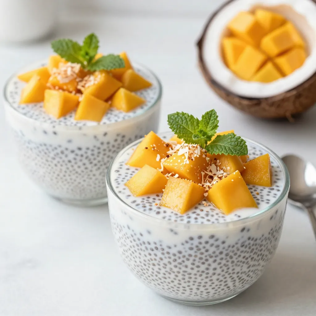To make a delicious Mango Coconut Chia Pudding, you need a few simple ingredients. Here’s what you will gather: - 1 cup coconut milk (canned or carton) - 1/2 cup almond milk (or any milk of choice) - 1/4 cup chia seeds - 2 tablespoons maple syrup (or honey) - 1 ripe mango, diced - 1/2 teaspoon vanilla extract - Pinch of salt - Toasted coconut flakes (for garnish) - Fresh mint leaves (for garnish) These ingredients create a creamy and tasty treat. The chia seeds are key. They soak up liquid and turn into a pudding-like texture. The coconut milk adds richness, while almond milk keeps it light. Sweeteners like maple syrup or honey give it a nice touch of sweetness. Use ripe mango for the best flavor. It adds a burst of color and freshness. Don’t forget the garnishes! Toasted coconut flakes add crunch, and fresh mint leaves bring a pop of color. Enjoy collecting these ingredients. They will come together for a healthy delight! {{ingredient_image_1}} 1. In a mixing bowl, combine 1 cup of coconut milk, 1/2 cup of almond milk, and 2 tablespoons of maple syrup. Whisk until mixed well. 2. Add 1/4 cup of chia seeds, 1/2 teaspoon of vanilla extract, and a pinch of salt. Stir to spread the chia seeds evenly. 3. Cover the bowl with plastic wrap. Place it in the fridge for at least 4 hours or overnight. This helps the chia seeds swell and form a pudding. 1. When ready to serve, stir the chia pudding to mix. 2. Layer the pudding in small bowls or glasses. Add diced mango between layers. Repeat until the bowls are full. 3. Top each bowl with toasted coconut flakes. Add fresh mint leaves for a nice touch. 1. If the pudding is too thick, add a bit more milk. Stir until you reach your desired consistency. 2. You can play with the milk amounts for a creamier texture. Experiment to find what you like best! How to prevent clumps in chia pudding To avoid clumps, start by mixing the chia seeds with the liquids. Stir well right after you add the seeds. This helps each seed absorb liquid evenly. If you find clumps later, stir the pudding again before serving. Letting it sit for a longer time also helps the seeds expand properly. Ensuring optimal flavor profiles To boost the flavor, use ripe mangoes that are sweet and juicy. Fresh vanilla extract adds a rich taste, too. Adjust the sweetness by adding more maple syrup or honey if needed. A pinch of salt enhances all the flavors, making each bite delightful. Pairing with other fruits or nuts You can add other fruits like strawberries, blueberries, or bananas. Nuts such as almonds or walnuts add a nice crunch. Layer these fruits and nuts with the pudding for a colorful treat. Perfecting the garnish For garnish, toasted coconut flakes add texture and a tropical vibe. Fresh mint leaves not only look nice but also add a refreshing taste. A few small pieces of diced mango on top can make it look even more inviting. Pro Tips Tip for Perfect Consistency: Ensure that you whisk the chia seeds thoroughly into the liquid; this prevents clumping and helps achieve that smooth pudding texture. Choosing the Right Mango: Use a ripe, sweet mango for the best flavor. A good mango will give slightly when pressed and have a fragrant aroma. Variations for Flavor: Feel free to experiment with other fruits like pineapple or berries; they can add unique flavors and colors to your chia pudding. Make Ahead for Convenience: This pudding can be made in advance and stored in the fridge for up to 5 days, making it a great option for meal prep. {{image_2}} You can mix up your mango coconut chia pudding by using different fruits. Try berries, bananas, or peaches. Each fruit adds its own taste and color. This keeps your pudding exciting and fresh. If you want a sweeter taste, consider alternative sweeteners. You can use agave syrup or stevia. These options can change the flavor profile. They can also make the pudding lower in calories. For a vegan option, stick with coconut and almond milk. Both are plant-based and creamy. You can also use maple syrup instead of honey. This keeps your pudding vegan while still being delicious. If you need dairy-free alternatives, use almond milk or oat milk. These milks work well in this recipe. They provide a rich texture without dairy. Enjoy your pudding knowing it fits your dietary needs! To keep your mango coconut chia pudding fresh, store it in the fridge. Use airtight containers for best results. This helps prevent the pudding from absorbing other odors. Chia pudding stays good for about 3 to 5 days in the fridge. After that, the texture may change. Always check for any off smells or changes in color before eating. Chia pudding is best served cold. If you have leftovers, simply take them out of the fridge. Stir the pudding well, as it may thicken over time. If it's too thick for your taste, add a splash of coconut milk or almond milk. This will bring back its creamy texture. Top with more diced mango or toasted coconut flakes before serving. Enjoy your delightful treat! Chia seeds are small but powerful. They are packed with fiber, protein, and omega-3 fatty acids. These nutrients help with digestion and heart health. One ounce of chia seeds has about 11 grams of fiber. This can help keep you full and support healthy weight. Chia seeds also contain antioxidants, which fight free radicals in your body. This means they can help reduce inflammation and protect your cells. Eating chia seeds can boost your energy levels and improve your overall well-being. Yes, you can make mango coconut chia pudding ahead of time. In fact, it tastes better when chilled overnight. This allows the chia seeds to soak up the liquids fully. You can prepare it in the morning and refrigerate it until you are ready to serve. Just remember to stir it before serving. If it is too thick, add a bit more milk to reach your preferred texture. Making this pudding in advance saves time and makes it easy for busy days. If you don’t have almond milk, don’t worry! You can use any milk you like. Some great options include coconut milk, soy milk, or oat milk. Each type will change the flavor a bit. For instance, coconut milk will make it richer and creamier. You can also use dairy milk if you prefer. Just keep in mind that using different milks may change the final taste and texture slightly. Mango coconut chia pudding can last in the fridge for about 5 days. Store it in an airtight container to keep it fresh. If you notice any separation, just give it a good stir before serving. The flavors may develop more over time, making it taste even better. However, if you see any signs of spoilage, like an off smell or mold, it’s best to toss it. Enjoy your delicious pudding while it’s fresh! Chia pudding is easy to make and delicious. We explored ingredients like coconut milk, chia seeds, and ripe mango. I shared steps for preparation and serving. Tips helped enhance flavor, while variations offered new twists. Remember, you can adjust sweetness and fruit for your taste. Store it well for the best experience. With this knowledge, you can make a healthy, tasty treat anytime. Enjoy your chia pudding adventure!