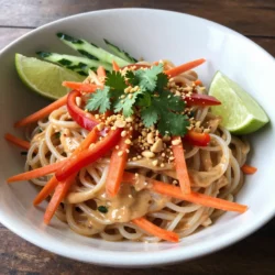 - 8 oz rice noodles - 1/2 cup creamy peanut butter - 3 tablespoons soy sauce - 2 tablespoons lime juice - 2 tablespoons honey or maple syrup - 1 tablespoon sesame oil - 1-2 teaspoons sriracha - 1 cup shredded carrots - 1 red bell pepper, thinly sliced - 1 cup cucumber, julienned - 3 green onions, chopped - 1/4 cup chopped cilantro - Crushed peanuts for garnish To make Spicy Thai Peanut Noodles, gather your main ingredients first. Start with rice noodles, creamy peanut butter, soy sauce, lime juice, and honey. These five items are key to a rich flavor. Next, consider the optional ingredients. Adding sesame oil gives a nutty touch. Sriracha adds heat, while carrots, bell pepper, and cucumber bring crunch. Green onions and cilantro add freshness. Finally, crushed peanuts on top give a nice texture. These ingredients create a great balance of flavors. The peanut butter is creamy, while the soy sauce adds saltiness. Lime juice brings brightness, and honey adds sweetness. Together, they make a delightful sauce. {{ingredient_image_1}} To cook rice noodles, start by boiling water in a pot. Once the water is boiling, add the noodles. Cook them for about 4 to 6 minutes, or until they are soft. Stir them gently to prevent sticking. After cooking, drain the noodles in a colander. Rinse them under cold water to stop cooking. This helps keep the noodles firm and chewy. Set the rinsed noodles aside; they will mix well later. Next, it&rsquo;s time to make the peanut sauce. In a medium bowl, combine 1/2 cup of creamy peanut butter with 3 tablespoons of soy sauce. Add 2 tablespoons of lime juice and 2 tablespoons of honey or maple syrup. Then, pour in 1 tablespoon of sesame oil. For the spice, add 1 to 2 teaspoons of sriracha. Mix everything together until it&rsquo;s smooth and creamy. If you like it spicy, add more sriracha to taste. Now, let&rsquo;s bring everything together. In a large bowl, combine the cooked rice noodles, 1 cup of shredded carrots, 1 sliced red bell pepper, and 1 cup of julienned cucumber. Pour the peanut sauce over this mixture. Toss everything gently so that the noodles and veggies are well coated in the sauce. This step is key to getting all those flavors to blend together. For the final touch, add in 3 chopped green onions and 1/4 cup of chopped cilantro. Toss lightly again to mix. This adds a fresh taste that brightens up the dish. To serve, place the noodle mixture into bowls. Finish with a sprinkle of crushed peanuts on top for crunch. You can also add a wedge of lime on the side for an extra zing! To avoid mushy noodles, cook them just until tender. Follow the package time closely. Rinse the noodles under cold water to stop cooking. This keeps them firm and springy. For storage, keep the noodles in an airtight container. Add a splash of oil to prevent sticking. This simple step makes serving easier later. Spice it up by adding garlic powder or red pepper flakes. This gives the noodles a nice kick. You can also mix in some chopped peanuts for a crunchy surprise. Pair the dish with lime wedges for a fresh twist. Squeezing lime juice over your noodles brightens the flavors. Prepare the veggies ahead of time. Slice the bell pepper and julienne the cucumber. Store them in the fridge until you&rsquo;re ready to cook. For leftovers, place them in a container with a tight seal. Enjoy them within three days for the best taste. You can also reheat them on the stovetop. This keeps the noodles from getting too sticky. Pro Tips Adjust the Spice Level: Start with 1 teaspoon of sriracha and increase according to your taste. This ensures the dish is flavorful without being overpowering. Perfectly Cooked Noodles: Rinse the cooked noodles under cold water to stop the cooking process and prevent them from becoming mushy. Use Fresh Vegetables: Opt for fresh, crunchy vegetables for added texture and flavor. This enhances the overall taste and presentation of the dish. Garnish Creatively: Garnish with lime wedges and extra cilantro for a vibrant look. This not only adds visual appeal but also enhances the flavor when squeezed over the noodles. {{image_2}} You can boost your Spicy Thai Peanut Noodles with protein. Tofu is a great choice for a plant-based option. Use firm tofu for the best texture. Simply press it to remove extra water, then cube and pan-fry until golden. Toss it in with the noodles for added crunch. If you prefer meat, chicken and shrimp work well too. For chicken, use thin slices and cook until no longer pink. For shrimp, cook until they turn pink and curl up. Both options add great flavor and protein. Making this dish plant-based is easy. Just stick with tofu or add more veggies. Try edamame or chickpeas for protein. If you want a different sauce, use almond butter or sunflower seed butter. These substitutes keep the creamy texture you love. For toppings, consider sesame seeds or crushed nuts. They add more crunch and flavor. You can replace honey with maple syrup to keep it vegan-friendly. Adding regional vegetables can change the dish's flavor. Try bok choy, snap peas, or bell peppers for a fresh twist. Each vegetable brings a unique taste and texture. You can also switch up the noodles. Instead of rice noodles, use whole wheat noodles or even zucchini noodles. Each type gives a different feel to the dish while keeping it tasty and fun. To keep your Spicy Thai Peanut Noodles tasty, store them in an airtight container. Place the noodles and sauce together for the best flavor. Refrigerate them for up to four days. If you want to keep them longer, freeze the noodles and sauce separately. This method keeps the texture nice. Thaw frozen noodles in the fridge overnight before reheating. To reheat without losing texture, use the stovetop. Heat a pan over low heat and add a splash of water. Stir the noodles gently until warm. This keeps them from drying out. If you&rsquo;re in a hurry, use the microwave. Heat in 30-second bursts, stirring in between. This way, you won&rsquo;t overcook the noodles. If you have a peanut allergy, you can use sun butter or almond butter. These nut butters work well in the sauce. You might also try tahini, made from sesame seeds. Each option will give a different flavor, but they all taste great in the dish. The spice level can change based on your taste. The recipe calls for 1-2 teaspoons of sriracha. If you like it hot, add more sriracha. If you want it mild, use just a bit or skip it. You control the heat, so make it your way! Yes, you can make this dish ahead and enjoy it later. Cook the noodles and make the sauce in advance. Store them in the fridge separately. Mix them together when you're ready to eat. This dish tastes great even after a day or two! This blog post explored the tasty world of Spicy Thai Peanut Noodles. You learned about key ingredients like rice noodles and peanut butter. I shared step-by-step instructions for cooking and combining everything. I also gave tips for perfect noodles and ways to switch up the recipe. Remember, you can adjust flavors and add your favorite proteins. Whether you love cooking or just want a quick meal, these noodles are a great choice. Enjoy your cooking journey and make it your own!