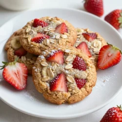 To make Strawberry Banana Oatmeal Cookies, you will need the following ingredients: - 1 cup rolled oats - 1 ripe banana, mashed - 1/2 cup fresh strawberries, diced - 1/4 cup almond butter (or any nut butter of choice) - 1/4 cup honey or maple syrup - 1/2 teaspoon vanilla extract - 1/2 teaspoon baking powder - 1/4 teaspoon salt - 1/2 teaspoon cinnamon - 1/4 cup chopped walnuts or pecans (optional) You can swap some ingredients if you need to. Here are a few options: - Banana: Use applesauce for a different taste. - Nut butter: Sunflower seed butter works well for nut-free diets. - Honey: Maple syrup is a great vegan option. - Oats: Quick oats can replace rolled oats in a pinch. - Strawberries: Fresh or frozen blueberries make a tasty change. These cookies are not only delicious but also healthy. Each cookie has about: - Calories: 120 - Protein: 3g - Fat: 5g (depends on nut butter used) - Carbohydrates: 18g - Fiber: 2g - Sugar: 6g (depends on honey or syrup) This cookie packs a nutritious punch. With oats, fruits, and nuts, you get energy and fiber. Enjoy them as a snack or dessert! {{ingredient_image_1}} To start, preheat your oven to 350&deg;F (175&deg;C). This helps the cookies bake evenly. Next, grab a baking sheet and line it with parchment paper. This makes for easy cleanup and prevents sticking. In a mixing bowl, mash the ripe banana until it's smooth. Then, add the almond butter, honey, and vanilla extract. Mix these well until they blend into a creamy mixture. In another bowl, combine the rolled oats, baking powder, salt, and cinnamon. Stir them together so they mix fully. Now, slowly add the dry ingredients to the wet mixture. Stir until everything is well combined. Finally, fold in the diced strawberries and nuts if you choose to use them. Be careful not to break the strawberries too much. Once your dough is ready, scoop out rounded portions with a tablespoon. Place these on the baking sheet, leaving space between each cookie. This space helps them spread out while baking. Bake the cookies for 12-15 minutes. You want them to be golden brown around the edges. Keep an eye on them to avoid burning. After baking, take the cookies out of the oven. Let them cool on the baking sheet for a few minutes. This helps them set before moving. Then, transfer them to a wire rack to cool completely. Serve these delightful cookies on a pretty plate. You can add a few fresh strawberries on the side for a nice touch. A light dusting of powdered sugar also makes them look fancy! Enjoy your tasty Strawberry Banana Oatmeal Cookies! To enhance your cookies, try adding a pinch of nutmeg. It adds warmth and depth. You can also swap almond butter for peanut butter for a rich flavor. For extra sweetness, mix in dark chocolate chips. They pair well with the strawberries and bananas. One common mistake is overmixing the dough. Mix just until combined to keep your cookies soft. Don&rsquo;t skip the parchment paper; it helps prevent sticking. Also, be careful not to bake too long. Check for golden edges, and take them out promptly. Store leftover cookies in an airtight container. They stay fresh for about five days. You can also freeze them for up to three months. Just make sure they cool completely before freezing. When ready to eat, thaw them overnight on your counter. Pro Tips Use Ripe Bananas: The riper the banana, the sweeter your cookies will be. Look for bananas with brown spots for the best flavor. Mixing Techniques: When combining wet and dry ingredients, mix just until incorporated to keep the cookies soft and chewy. Storage Tips: Store leftover cookies in an airtight container at room temperature for up to 3 days or in the refrigerator for up to a week. Customization Options: Feel free to swap out the nuts or add in chocolate chips for a delicious twist on these oatmeal cookies. {{image_2}} You can switch up the flavors in these cookies. Try adding blueberries or raspberries for a different taste. You might also add dark chocolate chips for a sweet touch. If you love nuts, try adding pecans or almonds instead of walnuts. Each change gives the cookies a new vibe! If you need gluten-free cookies, use certified gluten-free rolled oats. This keeps the recipe safe for those with gluten issues. You can also swap the almond butter for sunflower seed butter. This gives a nice flavor without gluten. To make these cookies vegan, switch honey for maple syrup. This keeps them sweet and plant-based. Use any nut butter that fits your diet. You can also skip the eggs, as this recipe does not need them. Each bite remains tasty and healthy! To keep your Strawberry Banana Oatmeal Cookies fresh, store them in an airtight container. This helps them stay soft and tasty. You can place a piece of bread in the container. The bread keeps the cookies moist. Store them at room temperature for up to five days. If you want them to last longer, consider refrigerating them. Freezing cookie dough is easy and smart! First, scoop the dough onto a baking sheet. Leave space between each scoop. Freeze for about an hour. Once frozen, transfer the dough balls to a freezer bag. This way, you can bake fresh cookies anytime. The dough can stay in the freezer for up to three months. To enjoy warm cookies, reheat them in the oven. Preheat your oven to 350&deg;F (175&deg;C). Place the cookies on a baking sheet. Heat them for about five minutes. This warms them up and makes them soft again. You can also use the microwave. Just heat them for about 10-15 seconds. Enjoy your delicious cookies! Strawberry banana oatmeal cookies stay fresh for about five days. Keep them in an airtight container. They taste best at room temperature. If you want to keep them longer, store them in the fridge. This can extend their life by another week. Just remember to let them warm up before eating! Yes, you can use frozen strawberries! Just thaw them first and drain any extra juice. This helps prevent your dough from getting too wet. Frozen strawberries can still taste great in these cookies, but they may break apart more. This can add a fun swirl of flavor! To make these cookies healthier, try these tips: - Use less honey or maple syrup. - Swap in a sugar-free nut butter. - Add in flaxseed or chia seeds for extra fiber. - Use whole grain oats instead of regular oats. - Replace half of the butter with unsweetened applesauce. These changes will keep the cookies tasty while boosting their health benefits! In this post, we covered how to make delicious Strawberry Banana Oatmeal Cookies. We explored key ingredients, offered helpful substitutions, and shared nutritional facts. I provided step-by-step instructions for preparation, baking, and serving. Plus, we discussed useful tips to improve your cookies and common mistakes to avoid. In conclusion, with the right recipes and tips, making these cookies can be easy and fun. Enjoy experimenting with flavors and variations, and remember to store your cookies properly for the best taste. Happy baking!