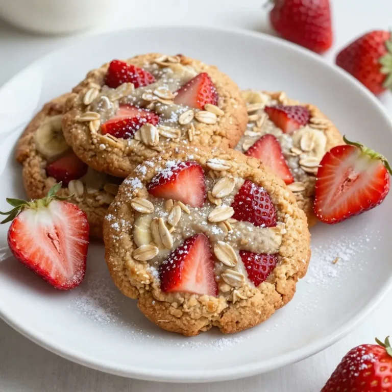 To make Strawberry Banana Oatmeal Cookies, you will need the following ingredients: - 1 cup rolled oats - 1 ripe banana, mashed - 1/2 cup fresh strawberries, diced - 1/4 cup almond butter (or any nut butter of choice) - 1/4 cup honey or maple syrup - 1/2 teaspoon vanilla extract - 1/2 teaspoon baking powder - 1/4 teaspoon salt - 1/2 teaspoon cinnamon - 1/4 cup chopped walnuts or pecans (optional) You can swap some ingredients if you need to. Here are a few options: - Banana: Use applesauce for a different taste. - Nut butter: Sunflower seed butter works well for nut-free diets. - Honey: Maple syrup is a great vegan option. - Oats: Quick oats can replace rolled oats in a pinch. - Strawberries: Fresh or frozen blueberries make a tasty change. These cookies are not only delicious but also healthy. Each cookie has about: - Calories: 120 - Protein: 3g - Fat: 5g (depends on nut butter used) - Carbohydrates: 18g - Fiber: 2g - Sugar: 6g (depends on honey or syrup) This cookie packs a nutritious punch. With oats, fruits, and nuts, you get energy and fiber. Enjoy them as a snack or dessert! {{ingredient_image_1}} To start, preheat your oven to 350°F (175°C). This helps the cookies bake evenly. Next, grab a baking sheet and line it with parchment paper. This makes for easy cleanup and prevents sticking. In a mixing bowl, mash the ripe banana until it's smooth. Then, add the almond butter, honey, and vanilla extract. Mix these well until they blend into a creamy mixture. In another bowl, combine the rolled oats, baking powder, salt, and cinnamon. Stir them together so they mix fully. Now, slowly add the dry ingredients to the wet mixture. Stir until everything is well combined. Finally, fold in the diced strawberries and nuts if you choose to use them. Be careful not to break the strawberries too much. Once your dough is ready, scoop out rounded portions with a tablespoon. Place these on the baking sheet, leaving space between each cookie. This space helps them spread out while baking. Bake the cookies for 12-15 minutes. You want them to be golden brown around the edges. Keep an eye on them to avoid burning. After baking, take the cookies out of the oven. Let them cool on the baking sheet for a few minutes. This helps them set before moving. Then, transfer them to a wire rack to cool completely. Serve these delightful cookies on a pretty plate. You can add a few fresh strawberries on the side for a nice touch. A light dusting of powdered sugar also makes them look fancy! Enjoy your tasty Strawberry Banana Oatmeal Cookies! To enhance your cookies, try adding a pinch of nutmeg. It adds warmth and depth. You can also swap almond butter for peanut butter for a rich flavor. For extra sweetness, mix in dark chocolate chips. They pair well with the strawberries and bananas. One common mistake is overmixing the dough. Mix just until combined to keep your cookies soft. Don’t skip the parchment paper; it helps prevent sticking. Also, be careful not to bake too long. Check for golden edges, and take them out promptly. Store leftover cookies in an airtight container. They stay fresh for about five days. You can also freeze them for up to three months. Just make sure they cool completely before freezing. When ready to eat, thaw them overnight on your counter. Pro Tips Use Ripe Bananas: The riper the banana, the sweeter your cookies will be. Look for bananas with brown spots for the best flavor. Mixing Techniques: When combining wet and dry ingredients, mix just until incorporated to keep the cookies soft and chewy. Storage Tips: Store leftover cookies in an airtight container at room temperature for up to 3 days or in the refrigerator for up to a week. Customization Options: Feel free to swap out the nuts or add in chocolate chips for a delicious twist on these oatmeal cookies. {{image_2}} You can switch up the flavors in these cookies. Try adding blueberries or raspberries for a different taste. You might also add dark chocolate chips for a sweet touch. If you love nuts, try adding pecans or almonds instead of walnuts. Each change gives the cookies a new vibe! If you need gluten-free cookies, use certified gluten-free rolled oats. This keeps the recipe safe for those with gluten issues. You can also swap the almond butter for sunflower seed butter. This gives a nice flavor without gluten. To make these cookies vegan, switch honey for maple syrup. This keeps them sweet and plant-based. Use any nut butter that fits your diet. You can also skip the eggs, as this recipe does not need them. Each bite remains tasty and healthy! To keep your Strawberry Banana Oatmeal Cookies fresh, store them in an airtight container. This helps them stay soft and tasty. You can place a piece of bread in the container. The bread keeps the cookies moist. Store them at room temperature for up to five days. If you want them to last longer, consider refrigerating them. Freezing cookie dough is easy and smart! First, scoop the dough onto a baking sheet. Leave space between each scoop. Freeze for about an hour. Once frozen, transfer the dough balls to a freezer bag. This way, you can bake fresh cookies anytime. The dough can stay in the freezer for up to three months. To enjoy warm cookies, reheat them in the oven. Preheat your oven to 350°F (175°C). Place the cookies on a baking sheet. Heat them for about five minutes. This warms them up and makes them soft again. You can also use the microwave. Just heat them for about 10-15 seconds. Enjoy your delicious cookies! Strawberry banana oatmeal cookies stay fresh for about five days. Keep them in an airtight container. They taste best at room temperature. If you want to keep them longer, store them in the fridge. This can extend their life by another week. Just remember to let them warm up before eating! Yes, you can use frozen strawberries! Just thaw them first and drain any extra juice. This helps prevent your dough from getting too wet. Frozen strawberries can still taste great in these cookies, but they may break apart more. This can add a fun swirl of flavor! To make these cookies healthier, try these tips: - Use less honey or maple syrup. - Swap in a sugar-free nut butter. - Add in flaxseed or chia seeds for extra fiber. - Use whole grain oats instead of regular oats. - Replace half of the butter with unsweetened applesauce. These changes will keep the cookies tasty while boosting their health benefits! In this post, we covered how to make delicious Strawberry Banana Oatmeal Cookies. We explored key ingredients, offered helpful substitutions, and shared nutritional facts. I provided step-by-step instructions for preparation, baking, and serving. Plus, we discussed useful tips to improve your cookies and common mistakes to avoid. In conclusion, with the right recipes and tips, making these cookies can be easy and fun. Enjoy experimenting with flavors and variations, and remember to store your cookies properly for the best taste. Happy baking!