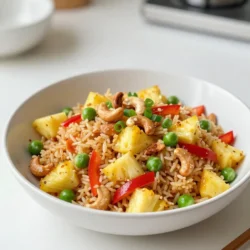 - 2 cups cooked jasmine rice (preferably day-old) - 1 cup fresh pineapple, diced - 1/2 cup red bell pepper, diced - 1/2 cup green peas (fresh or frozen) - 1/4 cup red onion, finely chopped - 2 cloves garlic, minced - 2 tablespoons soy sauce (or tamari for gluten-free) - 1 tablespoon sesame oil - 1 tablespoon olive oil - 1/4 cup scallions, sliced (for garnish) - 1/4 teaspoon cayenne pepper (optional, for heat) - Salt and pepper to taste - 1/4 cup chopped cashews (for crunch) For a deeper flavor, consider adding: - Fresh ginger, minced, for a spicy kick. - Cooked protein like chicken or shrimp for heartiness. - A squeeze of lime juice to brighten the dish. You can swap ingredients based on what you have: - Use brown rice instead of jasmine for more fiber. - Replace cashews with peanuts or almonds for different crunch. - Swap red onion for green onions if you prefer a milder taste. - Try coconut aminos instead of soy sauce for a sweeter option. These choices keep your dish fresh and fun! {{ingredient_image_1}} Start by gathering all your ingredients. You will need: - 2 cups cooked jasmine rice (preferably day-old) - 1 cup fresh pineapple, diced - 1/2 cup red bell pepper, diced - 1/2 cup green peas (fresh or frozen) - 1/4 cup red onion, finely chopped - 2 cloves garlic, minced - 2 tablespoons soy sauce (or tamari for gluten-free) - 1 tablespoon sesame oil - 1 tablespoon olive oil - 1/4 cup scallions, sliced (for garnish) - 1/4 teaspoon cayenne pepper (optional, for heat) - Salt and pepper to taste - 1/4 cup chopped cashews (for crunch) Next, if you have fresh pineapple, chop it into small pieces. Dice the bell pepper and chop the red onion. Mince the garlic. This prep will help the cooking go smoothly. Heat the olive oil in a large skillet or wok over medium-high heat. When the oil is hot, add the red onion and garlic. Saut&eacute; them until the onion becomes clear, which takes about 2-3 minutes. Next, add the diced bell pepper. Cook it for another 2-3 minutes until it softens slightly. Now, push the veggies to one side of the skillet. Pour in the sesame oil and add the cooked rice. Stir to mix everything and heat the rice through. After the rice warms up, add the diced pineapple to the skillet. Let it cook for about 2 minutes. This will caramelize the pineapple and add a sweet flavor. Then, pour in the soy sauce and mix all ingredients well. Make sure everything gets coated nicely. Now, stir in the green peas and cayenne pepper, if you want some heat. Season with salt and pepper to taste. Cook everything for 2 more minutes to let the flavors blend. Once cooked, remove the skillet from the heat. Sprinkle chopped cashews and sliced scallions on top. This gives your dish extra texture and freshness. For an eye-catching presentation, serve the fried rice in hollowed-out pineapple halves. You can also use a colorful bowl and add extra scallions and a slice of lime for garnish. Enjoy this flavorful dinner delight! Using the right rice is key. I prefer jasmine rice for its light flavor and texture. Cook your rice a day ahead. This helps the grains firm up, making them less sticky. Rinse the rice before cooking to remove excess starch. Use a 1:1.5 rice-to-water ratio for perfect cooking. Let it cool completely before storing. This step truly enhances the fried rice. Caramelization adds depth to your dish. It brings out the natural sweetness of the pineapple. Heat your skillet or wok well before adding ingredients. Use medium-high heat for best results. Saut&eacute; the pineapple alone for a few minutes. Don&rsquo;t rush this step! Allow it to brown slightly. This will create a lovely contrast in flavors. To boost tropical vibes, add fresh herbs. Chopped cilantro or mint pairs well. A squeeze of lime juice brightens the dish. Consider using coconut aminos as a soy sauce substitute. It adds a sweet, nutty flavor. Feel free to play with spices too. A pinch of ginger or curry powder can elevate your fried rice. Pro Tips Use Day-Old Rice: Day-old jasmine rice is drier and less sticky, making it ideal for fried rice dishes as it separates better during cooking. Fresh Pineapple for Sweetness: Opt for fresh pineapple instead of canned for a vibrant, juicy flavor that elevates the dish and adds a tropical touch. Customize with Proteins: Enhance your fried rice by adding cooked chicken, shrimp, or tofu for a protein boost and extra heartiness. Garnish for Color and Flavor: Don't skip the scallions and cashews; they add a pop of color and texture, making the dish visually appealing and crunchy. {{image_2}} You can easily make this dish vegetarian or vegan. Just skip any meat and use more veggies. To add protein, use tofu. Firm tofu works best for frying. Press it to remove extra water. Then, cube it and saut&eacute; until golden brown. This adds a nice texture. You can also add more green peas or use edamame for extra protein. If you want meat in your fried rice, chicken and shrimp are great choices. For chicken, use diced breast or thigh. Cook it first until no longer pink. Then, add the veggies. Shrimp cooks fast, so add it after the bell pepper. This keeps it tender. Remember, tofu is also a tasty option if you want a plant-based protein. It takes on flavors well and is super filling. Mixing in other fruits can make your fried rice even tastier. Mango adds a sweet twist. Try using diced mango just like pineapple. You can even add small pieces of kiwi or papaya. These fruits give a nice color and flavor. For a tart kick, use some diced lime or orange zest. The choice is yours! You can store leftover Tropical Pineapple Fried Rice in an airtight container. Make sure the rice cools to room temperature before sealing. Place it in the fridge within two hours of cooking. This helps keep the flavors fresh and prevents bacterial growth. The rice will stay good for about 3 to 4 days. For long-term storage, you can freeze the fried rice. Use a freezer-safe bag or container, and remove as much air as possible. Label the bag with the date. The rice can last in the freezer for up to 3 months. When you&rsquo;re ready to eat it, thaw the rice in the fridge overnight before reheating. To reheat, use a skillet for the best texture. Add a splash of water or oil to help steam the rice. Heat it over medium heat, stirring often until warmed through. You can also use a microwave; just cover the rice with a damp paper towel to retain moisture. Heat in short bursts, stirring in between, until hot. This keeps the rice fluffy and tasty. Jasmine rice is the best choice for fried rice. It has a lovely aroma and a soft texture. Day-old rice works even better. It dries out a bit, making it easier to fry. Fresh rice can be too sticky. Stick with jasmine for the best results. Yes, you can make Tropical Pineapple Fried Rice ahead of time. Prepare it fully and let it cool. Then, store it in an airtight container. Keep it in the fridge for up to three days. When ready to eat, just reheat it in a skillet. This keeps the flavors fresh and tasty. To make this recipe gluten-free, simply use tamari instead of soy sauce. Tamari is a gluten-free soy sauce alternative. Check labels to ensure other ingredients are gluten-free as well. With these simple swaps, you can enjoy the same great taste without gluten. This blog post covered all you need for Tropical Pineapple Fried Rice. We explored the key ingredients, cooking steps, and helpful tips. I shared various options, like vegan swaps and protein additions. Proper storage and reheating instructions ensure long-lasting flavor. Remember, the right rice makes a big difference. It's easy to adapt this recipe for special diets. Enjoy creating your own delicious version of this dish. Your meal will impress everyone at the table!