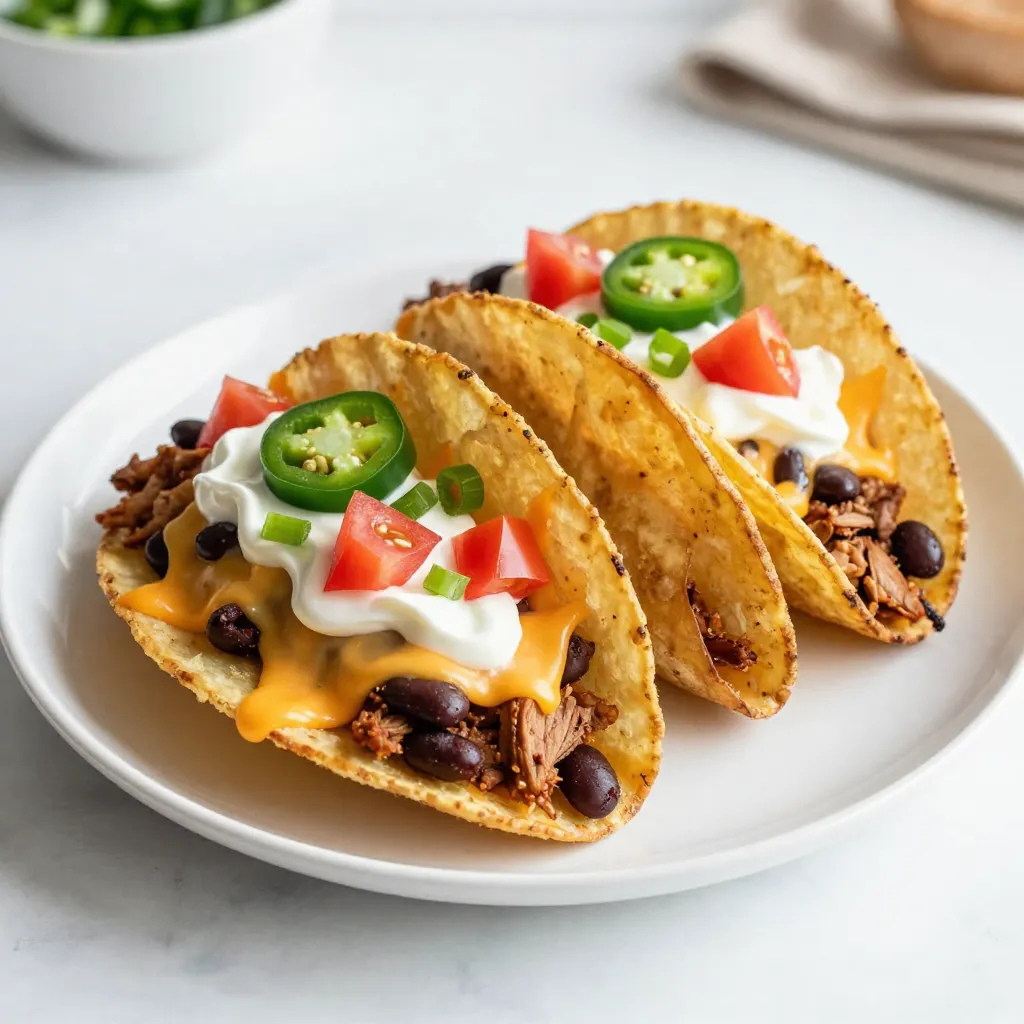 To make Loaded Taco Potato Skins, you need simple and fresh ingredients. Here’s what you’ll need: - 4 large russet potatoes - 1 cup ground turkey or beef - 1 packet taco seasoning - 1 cup shredded cheddar cheese - 1 cup black beans - 1 cup diced tomatoes - ½ cup sour cream - ½ cup sliced jalapeños - ¼ cup chopped green onions - Olive oil - Salt and pepper Each ingredient plays a key role in creating rich flavors. The russet potatoes form the base, offering a sturdy and crispy shell. Ground turkey or beef adds protein and heartiness. Taco seasoning brings that classic taste, tying everything together. Next, the shredded cheddar cheese melts beautifully, creating a rich topping. Black beans and diced tomatoes boost texture and flavor. Sour cream adds a creamy finish, while jalapeños kick up the heat. Finally, green onions provide a fresh crunch and a pop of color. These ingredients work together to create a fun and tasty meal. Feel free to mix and match based on your taste! {{ingredient_image_1}} 1. Preheat your oven to 400°F (200°C). This helps cook the potatoes evenly. 2. Scrub the potatoes under cold water. Dry them well with a towel. 3. Pierce each potato several times with a fork. This lets steam escape while cooking. 4. Rub each potato with olive oil, salt, and pepper. This adds flavor to the skin. 1. Heat a skillet over medium heat. This ensures the meat cooks well. 2. Add the ground turkey or beef to the skillet. Cook until it is browned. 3. Use a spatula to break the meat apart as it cooks. This helps it brown evenly. 4. Stir in the taco seasoning. Follow the package instructions for best results. 1. When the potatoes are tender, take them out of the oven. Let them cool slightly. 2. Cut each potato in half lengthwise. Be careful, as they will be hot. 3. Scoop out some of the flesh, leaving a thin layer on the skin. This makes a bowl for the filling. 4. Brush the insides of the potato skins with olive oil. This keeps them crisp. 5. Place them cut side down on a baking sheet. Bake for 10-15 minutes until crispy. 1. Remove the potato skins from the oven and flip them over. 2. Spoon the cooked taco meat into each skin. Be generous with the filling! 3. Top each with black beans and diced tomatoes. Then sprinkle cheddar cheese on top. 4. Return the skins to the oven for 5-10 minutes. Watch for the cheese to melt and bubble. 5. Once out of the oven, drizzle sour cream over each skin. Top with jalapeños and green onions. To get crispy potato skins, oven temperature is key. Set your oven to 400°F (200°C) before baking. This high heat helps the skins crisp up nicely. Once you prepare the potatoes, rub them with olive oil. This adds flavor and aids in crisping. Don’t skip the salt and pepper; they make a big difference! You can take these loaded skins to the next level. Add creamy avocado or zesty salsa for extra flavor. If you like heat, toss in more jalapeños or a splash of hot sauce. Adjust the taco seasoning to your taste. You can even mix in some cumin or chili powder for a unique twist! These loaded potato skins shine as a main dish, but they pair well with sides. Serve them with a fresh side salad or tortilla chips. You can also place them on a colorful platter for a fun touch. Consider adding a few lime wedges for a burst of freshness. Enjoying them with friends makes them even better! Pro Tips Choose the Right Potatoes: For the best texture, use large russet potatoes as they have a fluffy interior and crispy skin when baked. Season Generously: Don't skimp on seasoning the potato skins; a good rub of olive oil, salt, and pepper enhances their flavor. Customize Your Toppings: Feel free to get creative with toppings! Add avocado, corn, or your favorite salsa for a personal touch. Serve Immediately: These potato skins are best enjoyed fresh out of the oven while the cheese is melty and the skins are crispy. {{image_2}} You can easily make this dish meat-free. Swap the ground turkey or beef for vegetables or tofu. Use a mix of bell peppers, zucchini, or mushrooms. Tofu can add a nice texture. Season your veggies with taco seasoning for flavor. If you like heat, add jalapeños or hot sauce. You can mix in fresh jalapeños with the toppings. For extra spice, try a spicy taco seasoning. This will give your skins a nice kick. Always adjust to your taste. Cheese can change the whole dish! While cheddar is great, try pepper jack for heat. You can also use Monterey Jack or even crumbled feta. Each cheese gives a unique flavor. Mix and match to find your favorite combination. To store your Loaded Taco Potato Skins, let them cool first. Place them in an airtight container. You can keep them in the fridge for up to three days. If you want to enjoy them later, freeze them. They can last for up to three months in the freezer. Just remember to wrap them well to prevent freezer burn. When reheating, I recommend using the oven. Preheat it to 350°F (175°C). Place the potato skins on a baking sheet. Heat them for about 10-15 minutes. This keeps the skins crispy and warm. If you use a microwave, they may get soggy. If you must use the microwave, heat them in short bursts. This helps keep some crispness. Yes, you can use other potatoes. Yukon golds work well for a creamier texture. Red potatoes add a nice color and hold their shape. Just remember to adjust baking time for smaller or larger potatoes. You can use ground chicken or pork for a different taste. If you want a meatless option, try black beans or lentils. Both options give you that hearty feel. Yes, you can prepare them ahead. Bake the potatoes and cool them. Store the cooked potatoes in the fridge for up to two days. When you’re ready, assemble and bake them before serving. Yes, this recipe is naturally gluten-free. Just check the taco seasoning packet to ensure it is gluten-free. You can also make your own seasoning to be safe. Loaded Taco Potato Skins are fun to make and tasty to eat. You learned how to prepare the potatoes, cook the meat, and assemble the skins. We also covered tips for crispy skins and tasty variations. You can swap ingredients or adjust spice levels to fit your taste. These skins are perfect for parties or a family meal. Enjoy your cooking adventure and share these delicious bites with friends. I can't wait to hear how yours turn out!