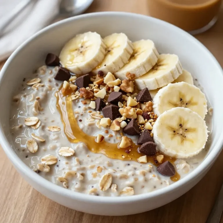 - 1 cup rolled oats - 2 tablespoons peanut butter - 1 ripe banana, sliced - 2 cups almond milk (or any milk of choice) - 1 tablespoon chia seeds - 1 tablespoon honey or maple syrup (optional for sweetness) - 1/2 teaspoon vanilla extract - A pinch of salt - Toppings: sliced banana, chopped nuts, chocolate chips (optional) Gather these ingredients to create a tasty breakfast. Rolled oats form the base, while peanut butter adds a nutty flavor. Use a ripe banana for sweetness and creaminess. Choose almond milk or your favorite milk to mix everything together. Chia seeds thicken the oats and add extra nutrients. Sweeten with honey or maple syrup if you like. Vanilla extract gives a warm flavor, and salt enhances all the tastes. Finally, top your oats with more banana, nuts, or chocolate chips for fun! {{ingredient_image_1}} - Combine 1 cup of rolled oats, 1 tablespoon of chia seeds, and a pinch of salt in a mixing bowl. - Mix thoroughly to ensure all the dry ingredients are well blended. - In a separate bowl, whisk together 2 cups of almond milk, 2 tablespoons of peanut butter, 1 tablespoon of honey (or maple syrup), and 1/2 teaspoon of vanilla extract. - Ensure a smooth consistency, so everything blends seamlessly. - Pour the wet mixture into the dry ingredients. - Stir until well combined, making sure no dry oats remain. - Fold in 1 sliced ripe banana carefully. - Ensure even distribution of banana pieces throughout the oat mixture. - Divide the mixture into individual jars or containers with lids. - Seal the containers and place them in the refrigerator overnight (or for at least 4 hours). This helps the oats absorb flavors and thicken. - In the morning, stir the oats before eating. - Add extra toppings like sliced bananas, chopped nuts, or chocolate chips if desired. You can adjust the sweetness of your overnight oats to your taste. If you like it sweeter, add more honey or maple syrup. You can also use natural sweeteners like mashed dates or agave syrup. These options let you control the flavor and keep it healthier. Mix your ingredients gently. Over-mixing can make the oats mushy and lose their texture. Make sure to distribute all ingredients evenly. This helps each bite taste great. Use a spatula to fold in the banana. This way, you keep the slices intact and tasty. Choosing the right milk is key for creamy oats. Almond milk works well, but you can use whole milk or oat milk for extra creaminess. If you want an even richer texture, add a spoonful of yogurt. This makes the oats thick and smooth, perfect for a satisfying breakfast. Pro Tips Use Old Bananas: For the best flavor and sweetness, use very ripe bananas that are brown and spotty. Customize Your Milk: You can substitute almond milk with any milk of your choice, such as oat, soy, or cow's milk, to suit your dietary preferences. Chill Time Matters: Let the oats sit overnight for the best texture, allowing them to soak up the liquid and flavors thoroughly. Mix It Up: Feel free to add other mix-ins like cocoa powder, cinnamon, or different fruits for a unique flavor each time. {{image_2}} You can switch up the flavor of your overnight oats easily. Try adding cocoa powder for a rich chocolate taste. Just one tablespoon will do. If you love fruit, toss in some fresh berries. Strawberries, blueberries, or raspberries add a nice touch of sweetness. If you need nut-free options, swap peanut butter for sunbutter or soy nut butter. Both give a great taste without nuts. For those who follow a vegan diet, use maple syrup instead of honey. Also, choose plant-based milk like oat milk or coconut milk. Want to add more protein? Mix in a scoop of your favorite protein powder. It blends well and boosts nutrition. Greek yogurt is another great option. Just a few tablespoons will make your oats creamier and add protein. Overnight oats taste best when fresh, but they can last up to five days in the fridge. To store them, use a sealed container. This keeps the oats from drying out and helps retain their flavor. Make sure to label each jar with the date you made them. This way, you know when to eat them by! Yes, you can freeze overnight oats. This is a great way to save extra portions. Just scoop the oats into a freezer-safe container. Try to leave some space at the top because they expand when frozen. To thaw, take them out of the freezer the night before. Place them in the fridge to soften. In the morning, stir them well before serving. For storage, I recommend glass jars with tight lids. They are easy to clean and keep the oats fresh. Look for containers that are labeled as airtight. This is key to keeping your overnight oats from getting soggy or losing flavor. You can also use plastic containers, but ensure they seal well. If you need nut-free alternatives, try sunflower seed butter. It tastes great and works well. You can also use tahini, which is made from sesame seeds. Both options keep the creamy texture you want. Overnight oats last up to five days in the fridge. Just make sure to store them in airtight containers. This keeps them fresh and tasty for a quick breakfast. Yes, you can make these overnight oats vegan! Use plant-based milk, like almond or oat milk. Swap honey for maple syrup to keep it vegan. You still get great flavor and creaminess. Serve your oats cold right from the fridge. Give them a quick stir first. If you want, you can warm them up in the microwave for a cozy breakfast. Top with more banana or nuts for extra crunch. You can add many fun toppings! Try sliced strawberries or blueberries for a fruity twist. Chopped nuts like almonds or walnuts add crunch. Chocolate chips or coconut flakes also make a sweet treat. Get creative! In this guide, we covered how to make peanut butter banana overnight oats. You learned the key ingredients, like oats, banana, and peanut butter, and how to mix them. We shared tips to customize sweetness and enhance creaminess. Consider flavor variations or protein boosts to fit your needs. Finally, storage tips help you keep leftovers fresh. This easy breakfast is not only tasty but also healthy. Enjoy your creation, and don't hesitate to experiment with new flavors!