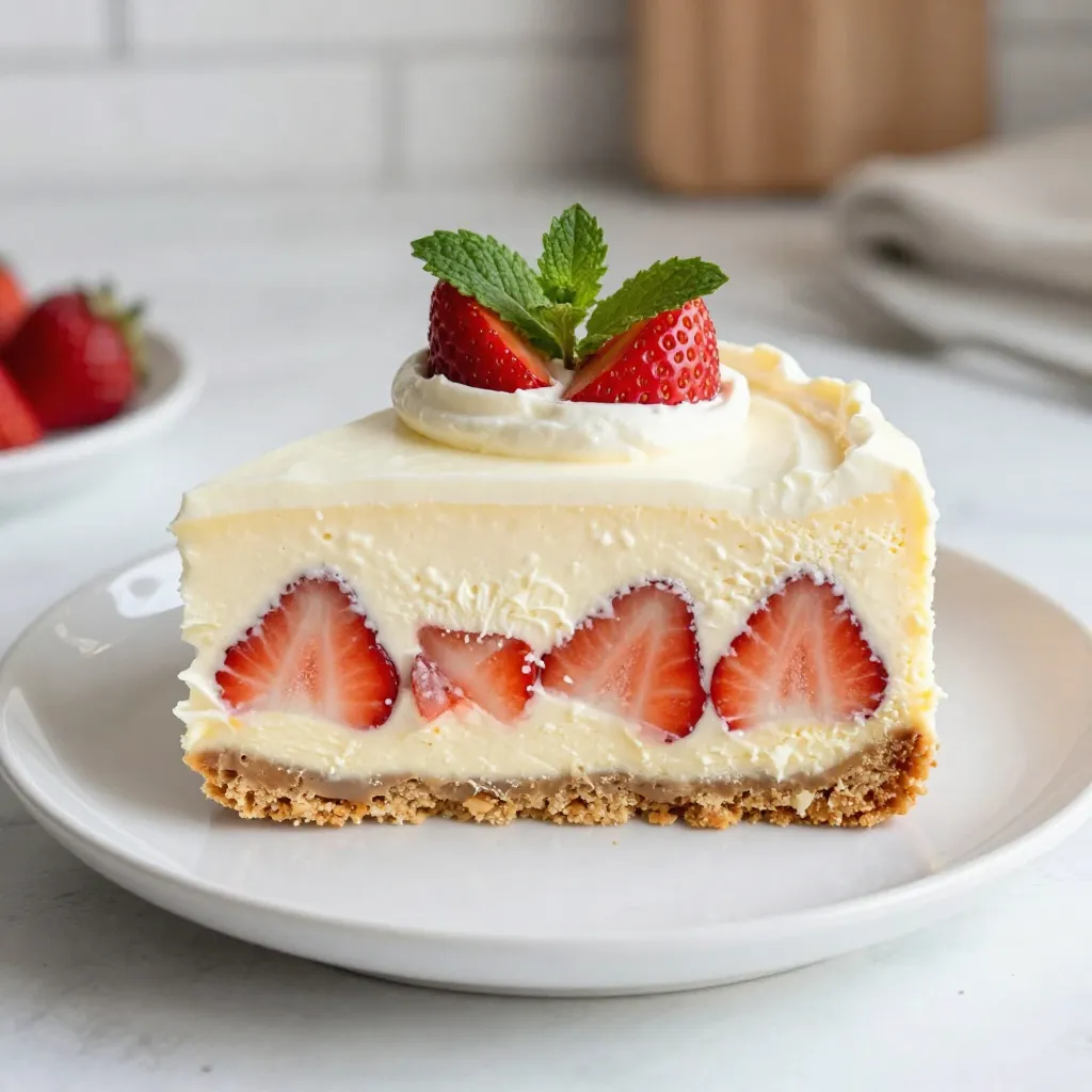 To make a yummy Strawberry Cheesecake Icebox Cake, you need these fresh ingredients: - 2 cups fresh strawberries, hulled and sliced - 1 package (8 oz) cream cheese, softened - 1 cup powdered sugar - 1 teaspoon vanilla extract - 2 cups heavy whipping cream - 1 package (14 oz) graham crackers - 1 tablespoon lemon juice You will need a few simple tools to make this cake: - A medium mixing bowl - An electric mixer - A separate mixing bowl for the whipped cream - A rectangular or square dish for layering - Plastic wrap to cover the dish To make your cake even more special, you can add these optional garnishes: - Fresh mint leaves - Extra sliced strawberries {{ingredient_image_1}} To start, take a medium bowl. Add the softened cream cheese, powdered sugar, and vanilla extract. Mix these ingredients with an electric mixer. Keep mixing until the mixture is smooth and creamy. This step is key for a rich flavor. In a separate bowl, whip the heavy cream. You want to whip it until stiff peaks form. Then, gently fold this whipped cream into the cream cheese mixture. This makes it light and fluffy. Now, add the lemon juice to the cream cheese mix. Fold it in gently to blend the taste. Next, grab a rectangular or square dish for layering. Begin by placing a layer of graham crackers at the bottom. This will be the base of your cake. Spread a layer of the cream cheese mixture over the graham crackers. Then, add a layer of sliced strawberries on top. Repeat this process. Layer graham crackers, cream cheese mix, and strawberries until you reach the top. Finish with a layer of the cream cheese mixture. This creates a beautiful finish. Once you finish layering, cover the dish with plastic wrap. Place it in the fridge for at least 4 hours, or overnight. This step helps the flavors meld together. It also allows the cake to set. When you take it out, it will be firm and ready to slice. Before serving, add some extra strawberries and mint leaves on top for a pop of color. Enjoy your delicious strawberry cheesecake icebox cake! To get the best texture, use full-fat cream cheese. Softened cream cheese blends well. Mix it with powdered sugar and vanilla until smooth. Whip the heavy cream until stiff peaks form. Folding the whipped cream gently into the cream cheese mixture keeps it light. The lemon juice adds a nice tang and enhances the creaminess. This balance makes each bite creamy and fluffy. If you have leftovers, cover the cake tightly with plastic wrap. Store it in the fridge for up to three days. The icebox cake tastes even better after a day or two. The flavors have time to blend. If you notice the graham crackers getting too soft, it’s still safe to eat. Just enjoy it as a spoonable dessert! You can make this cake a day before serving. It needs at least four hours in the fridge to set. Making it ahead allows the flavors to meld perfectly. Just remember to cover it well. When you are ready to serve, add fresh strawberries and mint for a lovely finish. This makes it not only delicious but also beautiful! Pro Tips Use Fresh Strawberries: Always opt for fresh, ripe strawberries for the best flavor. They should be bright red and firm to the touch. Chill Your Ingredients: For a smoother cream cheese mixture, ensure your cream cheese is at room temperature before mixing. Chill the final cake in the refrigerator to enhance the flavors. Layering Technique: When layering, make sure to spread the cream cheese mixture evenly and press down gently on each layer to prevent air pockets. Garnish Wisely: Add garnishes just before serving to keep them fresh and visually appealing. Fresh mint and extra strawberries add a lovely touch! {{image_2}} You can change the flavor of your icebox cake easily. Swap strawberries for blueberries or raspberries. You can also use peaches or mangoes for a tropical twist. For a chocolate version, add cocoa powder to the cream cheese mix. You will enjoy a rich, chocolatey delight. Want a gluten-free version? Use gluten-free graham crackers. This simple swap keeps the taste and texture intact. To make it vegan, replace cream cheese with a vegan cream cheese. Use coconut cream instead of heavy cream. Sweeten with maple syrup instead of powdered sugar. These changes make the cake delicious without animal products. Feel free to get creative with fruits! Bananas add a creamy sweetness. Cherries bring a tart flavor that contrasts well with the cream. You can even mix different fruits for a fun twist. Just make sure to slice them thin. This way, they layer well and blend nicely with the cream cheese mixture. To keep your Strawberry Cheesecake Icebox Cake fresh, store it in the fridge. Use a tight lid or plastic wrap to cover the dish. This helps keep the cake moist and tasty. The cool air will also help the flavors blend well. It’s best to keep it on a middle shelf, where the temperature is most stable. You can freeze this cake if you want to save some for later. First, cut it into slices. Wrap each slice in plastic wrap, then place them in a freezer-safe bag. Make sure to remove all the air from the bag. This helps prevent freezer burn. When you’re ready to eat, let it thaw in the fridge overnight. In the fridge, this cake lasts about 3 to 5 days. If you freeze it, it can last up to 2 months. Just remember, the fresher it is, the better it tastes! Always check for any changes in smell or texture before eating. Enjoy your delicious dessert with ease! An icebox cake is a layered dessert. It requires no baking. You stack layers of cookies or graham crackers with creamy filling. The cake chills in the fridge, allowing the layers to soften. This creates a smooth and rich texture. Icebox cakes are easy to make and fun to eat! Yes, you can use frozen strawberries. Just thaw them first and drain any excess liquid. This way, your cake won’t get soggy. Fresh strawberries taste great, but frozen works too. They still add that sweet strawberry flavor! Your cake is ready when it has chilled for at least four hours. If you can, let it chill overnight. This helps the flavors blend well. When you cut into it, the layers should hold together nicely. It should look delicious and ready for a scoop! You learned about icebox cake, its fresh ingredients, and essential equipment. I shared step-by-step instructions for making it, including tips for texture and storing leftovers. You can customize the cake with different flavors and dietary options, too. Proper storage is key for enjoyment later. In the end, this dessert is easy and fun to make. You can impress friends and family with your skills. Enjoy your sweet creations!