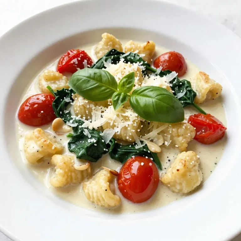 To make the One-Pot Creamy Tuscan Gnocchi, gather these simple ingredients: - 1 pound potato gnocchi - 2 tablespoons olive oil - 3 cloves garlic, minced - 1 cup cherry tomatoes, halved - 1 cup baby spinach - 1 cup heavy cream - 1 cup vegetable broth - 1 teaspoon dried basil - 1 teaspoon dried oregano - Salt and pepper to taste - ½ cup grated Parmesan cheese - Fresh basil leaves for garnish Each ingredient plays a key role in creating the rich and creamy flavor of this dish. The gnocchi brings a soft texture that complements the creamy sauce. Olive oil adds a nice depth. Garlic gives a fragrant kick. Cherry tomatoes add sweetness and color. Baby spinach offers a fresh touch. Heavy cream makes the sauce rich, while vegetable broth adds flavor. Dried herbs like basil and oregano enhance the taste. Finally, Parmesan cheese brings a savory finish. Don't forget the fresh basil leaves to garnish, adding a pop of color and aroma. {{ingredient_image_1}} First, grab a large pot. Heat 2 tablespoons of olive oil over medium heat. Once hot, add 3 cloves of minced garlic. Cook it for about 1 minute. The kitchen will smell great! Next, toss in 1 cup of halved cherry tomatoes. Cook these for 3-4 minutes. You want them to soften and burst with flavor. Now, stir in 1 cup of baby spinach. Cook until it wilts, which takes about 2 minutes. This adds a nice green color. After that, pour in 1 cup of heavy cream and 1 cup of vegetable broth. Add 1 teaspoon of dried basil, 1 teaspoon of dried oregano, and salt and pepper to taste. Mix everything well. Bring this mixture to a gentle simmer. Now, it's time to add 1 pound of potato gnocchi. Stir it well so the gnocchi get coated. Cook for about 5-7 minutes. You know the gnocchi are done when they float to the top and feel tender. Finally, stir in ½ cup of grated Parmesan cheese. This makes the dish creamy and rich! To make your One-Pot Creamy Tuscan Gnocchi even better, use spices wisely. I recommend adding a pinch of red pepper flakes for heat. A sprinkle of smoked paprika gives a nice depth. Fresh herbs can brighten your dish too. You can use fresh basil or even thyme. As for cheese, Parmesan is a classic choice. It melts well and adds creaminess. You can also try Pecorino Romano for a sharper taste. Mixing some cream cheese can give it extra richness. Want to add protein? Grilled chicken or shrimp works great in this dish. Just cook them before adding the gnocchi. You can also use cooked sausage for a hearty twist. For dietary needs, make this dish gluten-free. Use gluten-free gnocchi, and you're set. If you're dairy-free, try coconut cream instead of heavy cream. This keeps the dish creamy while being kind to your tummy. Pro Tips Use Fresh Ingredients: Fresh cherry tomatoes and spinach will enhance the flavor of this dish, making it more vibrant and delicious. Adjust the Creaminess: If you prefer a lighter version, you can substitute half of the heavy cream with more vegetable broth. Season to Taste: Always taste the sauce before serving and adjust the seasoning with salt and pepper as needed for the best flavor. Leftover Storage: This dish can be stored in the refrigerator for up to 3 days. Reheat gently on the stove with a splash of broth to loosen it up. {{image_2}} For a vegetarian twist, you can swap out heavy cream. Try using half-and-half or whole milk. If you want a lighter dish, coconut milk is a great choice. It adds a nice flavor too. When it comes to veggies, you can mix it up. Besides baby spinach, add zucchini or bell peppers for color and crunch. Mushrooms bring an earthy taste that many love. Don’t forget to think about seasonal veggies. They can boost freshness and flavor. To go vegan, look for plant-based gnocchi. Many brands make these from sweet potatoes or other veggies. They taste just as good, and you won't miss the regular ones. For the cream, use a dairy-free option. Cashew cream is rich and creamy, while almond milk keeps it light. If you have a nut allergy, oat milk is a safe choice. It blends well into the sauce and gives a nice texture. These variations make the dish flexible. You can enjoy it in many ways, no matter your diet! To store your creamy Tuscan gnocchi, let it cool first. Then, place it in an airtight container. This method keeps it fresh in the fridge for up to three days. For longer storage, you can freeze it. Use a freezer-safe container or a heavy-duty freezer bag. Be sure to remove as much air as you can. Frozen gnocchi can stay good for about three months. When it comes to reheating, a stovetop is best. This method helps keep the texture nice. Add a splash of vegetable broth or cream to help it stay creamy. Stir often over low heat until it's hot. If you use a microwave, heat it in short bursts. Stir in between to prevent hot spots. Both methods work, but the stovetop keeps it closer to the original taste and feel. You should use potato gnocchi for this recipe. Potato gnocchi has a soft texture. It absorbs flavors well, making it perfect for creamy sauces. Look for fresh or frozen options at your store. Avoid gnocchi made from other ingredients, as they may not work as well. Yes, you can prepare this dish ahead. Cook the gnocchi and sauce, then store them separately. Keep them in airtight containers in the fridge. When you're ready to eat, just reheat and combine them. The creamy sauce will still taste great. Gnocchi cooks quickly. You know they are done when they float to the top. This usually takes about 5 to 7 minutes. If they are tender, they are ready to eat. Keep an eye on them while they cook for the best results. Absolutely! You can add any veggies you like. Bell peppers, zucchini, or mushrooms work well. Just chop them small and add them with the tomatoes. This will make the dish even more colorful and tasty. Yes, this dish is great for kids. The creamy sauce and soft gnocchi are kid-friendly. You can adjust spices to make it milder if needed. Kids often enjoy helping prepare this meal too. This dish pairs well with a simple salad or garlic bread. A fresh green salad adds crunch and brightness. Garlic bread complements the creamy sauce nicely and is a fun side. Yes, you can easily make this dish dairy-free. Use a plant-based cream instead of heavy cream. Nutritional yeast can replace Parmesan cheese for a cheesy flavor. Just ensure your gnocchi is dairy-free as well. This dish lasts about 3 to 4 days in the fridge. Store it in an airtight container to keep it fresh. If you have leftovers, enjoy them for lunch or dinner the next day! This blog post detailed a simple and delicious gnocchi dish. We covered key ingredients, step-by-step cooking instructions, and helpful tips. I showed how to enhance flavors and tailor the recipe to your needs. Feel free to explore variations for vegetarian or vegan diets. Don't forget to store leftovers safely for later enjoyment. With these insights, you will create a tasty meal that impresses. Enjoy cooking!