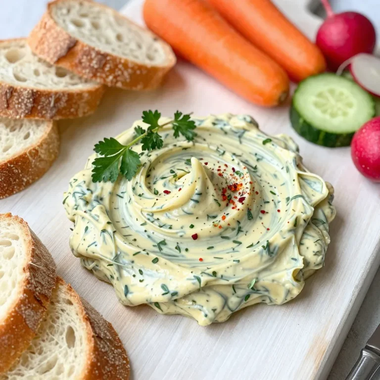 To make a tasty garlic herb butter board, you need just a few key items: - 1 cup unsalted butter, softened - 4 cloves garlic, minced - 2 tablespoons fresh parsley, chopped - 1 tablespoon fresh chives, chopped - 1 tablespoon fresh thyme, leaves only - 1 teaspoon lemon zest - 1/2 teaspoon crushed red pepper flakes (optional) - Salt and black pepper to taste These ingredients work together to create a rich, flavorful butter. The butter is the base, while the garlic adds a nice kick. The herbs give freshness, and the lemon zest brightens the flavors. For dipping, you can use many types of bread. Here are my favorites: - Baguette - Ciabatta - Sourdough - Focaccia These breads have great textures. They soak up the butter well and make each bite fun. Choose your favorite or mix them for variety. If you want to add some crunch, try these fresh veggies: - Carrots - Cucumbers - Radishes These vegetables add color and freshness to your board. They also balance the rich butter. You can slice them up nicely for easy dipping. {{ingredient_image_1}} To start, take a medium mixing bowl. Add 1 cup of softened butter to it. Then, add 4 minced garlic cloves. Next, toss in 2 tablespoons of fresh parsley, 1 tablespoon of fresh chives, and 1 tablespoon of fresh thyme leaves. Don't forget to add 1 teaspoon of lemon zest for a bright touch. If you like some heat, mix in 1/2 teaspoon of crushed red pepper flakes. Season everything with salt and black pepper to taste. Now, grab a spatula. Blend all the ingredients well until the mix is smooth and creamy. This step is key to making sure your garlic herb butter has great flavor in every bite. Once your garlic herb butter is ready, it's time to serve it. Transfer the smooth mix to a wooden serving board or a nice plate. Use your spatula to create fun swirls or a decorative pattern on top. This makes it look extra appetizing. Arrange your assorted breads, like baguette or ciabatta, around the edges of the board. You can also add fresh veggies like carrots, cucumbers, and radishes for dipping. This setup makes it easy for guests to scoop up the butter. For a pop of color, consider garnishing the butter. You can sprinkle some extra chopped herbs on top. A light dusting of crushed red pepper flakes adds a nice touch too. This not only looks good but also gives a hint of what flavors to expect. Simple garnishes make your garlic herb butter board more appealing and fun to eat! To soften butter fast, cut it into small cubes. Place the cubes in a bowl. You can also grate the butter for even quicker results. Another great tip is to microwave it for a few seconds. Just be careful not to melt it! Soft butter helps blend the garlic and herbs well. Herbs add fresh taste to the butter. I love using parsley, chives, and thyme. They bring bright flavors that make the butter pop. Adding lemon zest gives a nice zing. If you like heat, crushed red pepper flakes are great too. Just a pinch can elevate the taste without overpowering it. Serve your garlic herb butter with assorted breads like baguette or ciabatta. These breads soak up the butter well. Fresh veggies like carrots, cucumbers, and radishes also work well for dipping. The crunch of the veggies adds a nice contrast to the creamy butter. You can mix and match to find your favorite pairings! Pro Tips Use Room Temperature Butter: Make sure your butter is softened to room temperature for easy mixing and a smooth texture. Experiment with Herbs: Feel free to mix and match different herbs to customize the flavor of your garlic herb butter. Add a Touch of Sweetness: Consider adding a teaspoon of honey or maple syrup for a sweet contrast to the savory flavors. Make Ahead: Prepare the garlic herb butter in advance and store it in the fridge for up to a week or freeze it for longer storage. {{image_2}} You can change the flavor by adding other herbs. Try basil or dill for a fresh twist. Mint adds a light taste, while oregano gives a strong kick. Mixing various herbs can make your butter even more exciting. Just use the same amounts as the parsley, chives, and thyme in the recipe. Want to spice things up? Add flavors like roasted garlic or sun-dried tomatoes. You can also mix in a bit of balsamic vinegar for a zesty touch. If you like it sweet, honey can make your butter a bit sticky and rich. Just remember to balance sweet and savory notes. If you are vegan or dairy-free, you can use plant-based butter. Coconut oil is another great choice for a rich texture. Replace the regular butter with these options and follow the same steps. You can enjoy the same tasty garlic herb butter without dairy. To keep your garlic herb butter fresh, store it in an airtight container. You can also wrap it tightly in plastic wrap. This will seal in the flavors and keep it safe from odors in the fridge. Place it in the coldest part of your fridge. This way, you can enjoy it later without losing taste. Garlic herb butter lasts up to two weeks in the fridge. If you want to keep it longer, freezing is the best choice. Wrap the butter in parchment paper and then in foil. You can also scoop it into ice cube trays. This makes it easy to grab just what you need later. Frozen garlic herb butter can last up to six months. If you have leftover garlic herb butter, don’t waste it! Use it to add flavor to other dishes. Melt it on vegetables, steak, or fish for a tasty twist. You can also mix it into pasta or spread it on toast for a snack. The options are endless, so get creative! A garlic herb butter board is a tasty way to serve butter. It blends garlic, fresh herbs, and lemon zest into softened butter. You spread this mix on a board for everyone to enjoy. It works great with bread and veggies. The mix offers a rich, savory taste, perfect for sharing. Yes, you can make the garlic herb butter ahead of time. Just prepare it and store it in the fridge. Keep it in an airtight container to keep it fresh. You can also freeze it for longer storage. Just remember to let it soften before serving. You can dip many things into the garlic herb butter. Here are some ideas: - Assorted breads like baguette or ciabatta - Fresh vegetables like carrots, cucumbers, and radishes - Crackers for a crunchy option These choices add fun textures and flavors to your meal. Absolutely! You can add more flavors to the garlic herb butter. Here are a few ideas: - Mix in different herbs like basil or oregano - Add spices like smoked paprika or black pepper - Try a splash of balsamic vinegar for tang Experiment with these additions to create your perfect butter! In this post, we explored garlic herb butter. We listed key ingredients and suggested bread options. We also shared tips to soften butter and balance flavors. You learned how to shape and serve this dish beautifully. Vegan alternatives and storage tips help you enjoy it longer. In the end, garlic herb butter adds flavor and fun to meals. It's simple to make and enjoy in many ways!