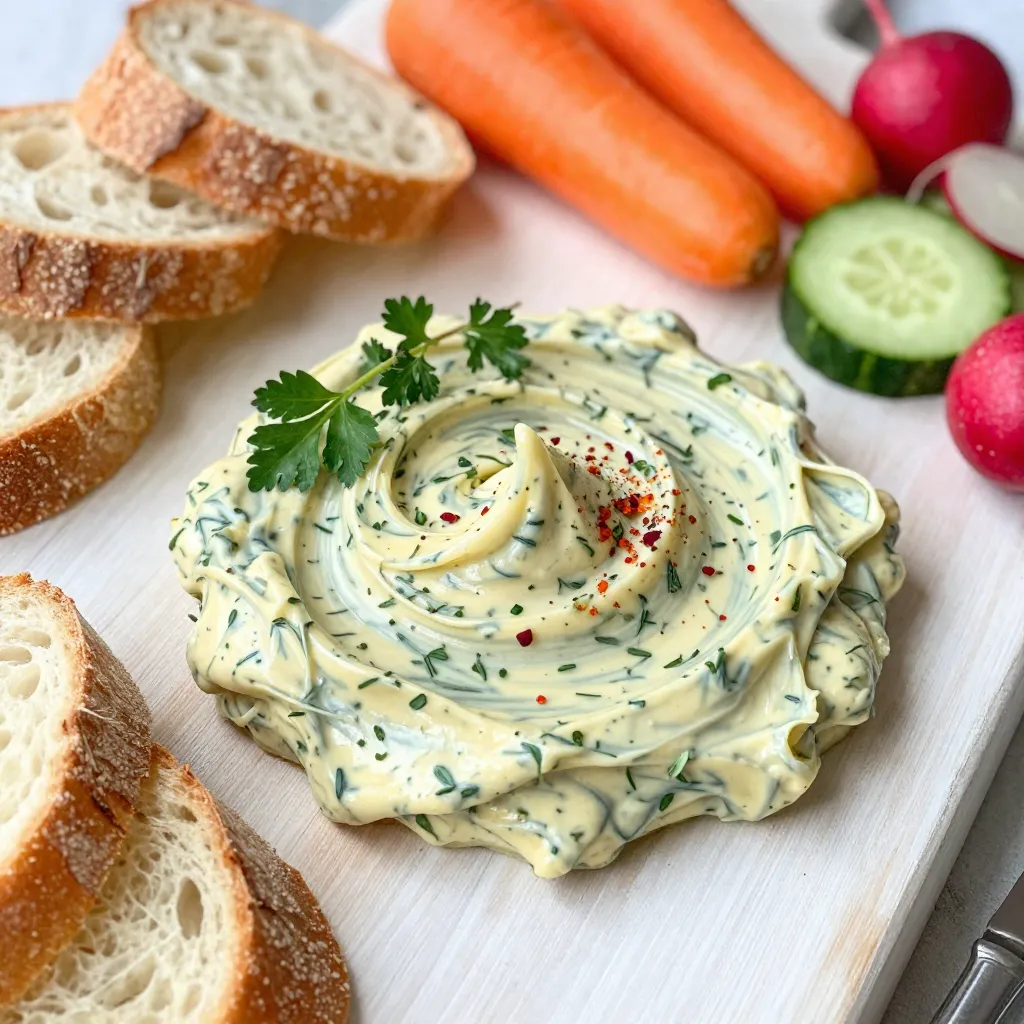 To make a tasty garlic herb butter board, you need just a few key items: - 1 cup unsalted butter, softened - 4 cloves garlic, minced - 2 tablespoons fresh parsley, chopped - 1 tablespoon fresh chives, chopped - 1 tablespoon fresh thyme, leaves only - 1 teaspoon lemon zest - 1/2 teaspoon crushed red pepper flakes (optional) - Salt and black pepper to taste These ingredients work together to create a rich, flavorful butter. The butter is the base, while the garlic adds a nice kick. The herbs give freshness, and the lemon zest brightens the flavors. For dipping, you can use many types of bread. Here are my favorites: - Baguette - Ciabatta - Sourdough - Focaccia These breads have great textures. They soak up the butter well and make each bite fun. Choose your favorite or mix them for variety. If you want to add some crunch, try these fresh veggies: - Carrots - Cucumbers - Radishes These vegetables add color and freshness to your board. They also balance the rich butter. You can slice them up nicely for easy dipping. {{ingredient_image_1}} To start, take a medium mixing bowl. Add 1 cup of softened butter to it. Then, add 4 minced garlic cloves. Next, toss in 2 tablespoons of fresh parsley, 1 tablespoon of fresh chives, and 1 tablespoon of fresh thyme leaves. Don't forget to add 1 teaspoon of lemon zest for a bright touch. If you like some heat, mix in 1/2 teaspoon of crushed red pepper flakes. Season everything with salt and black pepper to taste. Now, grab a spatula. Blend all the ingredients well until the mix is smooth and creamy. This step is key to making sure your garlic herb butter has great flavor in every bite. Once your garlic herb butter is ready, it's time to serve it. Transfer the smooth mix to a wooden serving board or a nice plate. Use your spatula to create fun swirls or a decorative pattern on top. This makes it look extra appetizing. Arrange your assorted breads, like baguette or ciabatta, around the edges of the board. You can also add fresh veggies like carrots, cucumbers, and radishes for dipping. This setup makes it easy for guests to scoop up the butter. For a pop of color, consider garnishing the butter. You can sprinkle some extra chopped herbs on top. A light dusting of crushed red pepper flakes adds a nice touch too. This not only looks good but also gives a hint of what flavors to expect. Simple garnishes make your garlic herb butter board more appealing and fun to eat! To soften butter fast, cut it into small cubes. Place the cubes in a bowl. You can also grate the butter for even quicker results. Another great tip is to microwave it for a few seconds. Just be careful not to melt it! Soft butter helps blend the garlic and herbs well. Herbs add fresh taste to the butter. I love using parsley, chives, and thyme. They bring bright flavors that make the butter pop. Adding lemon zest gives a nice zing. If you like heat, crushed red pepper flakes are great too. Just a pinch can elevate the taste without overpowering it. Serve your garlic herb butter with assorted breads like baguette or ciabatta. These breads soak up the butter well. Fresh veggies like carrots, cucumbers, and radishes also work well for dipping. The crunch of the veggies adds a nice contrast to the creamy butter. You can mix and match to find your favorite pairings! Pro Tips Use Room Temperature Butter: Make sure your butter is softened to room temperature for easy mixing and a smooth texture. Experiment with Herbs: Feel free to mix and match different herbs to customize the flavor of your garlic herb butter. Add a Touch of Sweetness: Consider adding a teaspoon of honey or maple syrup for a sweet contrast to the savory flavors. Make Ahead: Prepare the garlic herb butter in advance and store it in the fridge for up to a week or freeze it for longer storage. {{image_2}} You can change the flavor by adding other herbs. Try basil or dill for a fresh twist. Mint adds a light taste, while oregano gives a strong kick. Mixing various herbs can make your butter even more exciting. Just use the same amounts as the parsley, chives, and thyme in the recipe. Want to spice things up? Add flavors like roasted garlic or sun-dried tomatoes. You can also mix in a bit of balsamic vinegar for a zesty touch. If you like it sweet, honey can make your butter a bit sticky and rich. Just remember to balance sweet and savory notes. If you are vegan or dairy-free, you can use plant-based butter. Coconut oil is another great choice for a rich texture. Replace the regular butter with these options and follow the same steps. You can enjoy the same tasty garlic herb butter without dairy. To keep your garlic herb butter fresh, store it in an airtight container. You can also wrap it tightly in plastic wrap. This will seal in the flavors and keep it safe from odors in the fridge. Place it in the coldest part of your fridge. This way, you can enjoy it later without losing taste. Garlic herb butter lasts up to two weeks in the fridge. If you want to keep it longer, freezing is the best choice. Wrap the butter in parchment paper and then in foil. You can also scoop it into ice cube trays. This makes it easy to grab just what you need later. Frozen garlic herb butter can last up to six months. If you have leftover garlic herb butter, don’t waste it! Use it to add flavor to other dishes. Melt it on vegetables, steak, or fish for a tasty twist. You can also mix it into pasta or spread it on toast for a snack. The options are endless, so get creative! A garlic herb butter board is a tasty way to serve butter. It blends garlic, fresh herbs, and lemon zest into softened butter. You spread this mix on a board for everyone to enjoy. It works great with bread and veggies. The mix offers a rich, savory taste, perfect for sharing. Yes, you can make the garlic herb butter ahead of time. Just prepare it and store it in the fridge. Keep it in an airtight container to keep it fresh. You can also freeze it for longer storage. Just remember to let it soften before serving. You can dip many things into the garlic herb butter. Here are some ideas: - Assorted breads like baguette or ciabatta - Fresh vegetables like carrots, cucumbers, and radishes - Crackers for a crunchy option These choices add fun textures and flavors to your meal. Absolutely! You can add more flavors to the garlic herb butter. Here are a few ideas: - Mix in different herbs like basil or oregano - Add spices like smoked paprika or black pepper - Try a splash of balsamic vinegar for tang Experiment with these additions to create your perfect butter! In this post, we explored garlic herb butter. We listed key ingredients and suggested bread options. We also shared tips to soften butter and balance flavors. You learned how to shape and serve this dish beautifully. Vegan alternatives and storage tips help you enjoy it longer. In the end, garlic herb butter adds flavor and fun to meals. It's simple to make and enjoy in many ways!