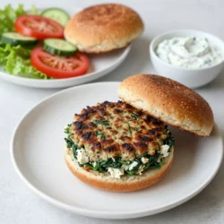 - 1 pound ground turkey - 1 cup fresh spinach, finely chopped - 1/2 cup feta cheese, crumbled - 1/4 cup breadcrumbs (whole wheat preferred) - 1 small onion, finely chopped - 2 cloves garlic, minced - 1 tablespoon olive oil - 1 teaspoon dried oregano - 1/2 teaspoon black pepper - Salt to taste These ingredients bring a burst of flavor to your turkey burgers. Ground turkey gives a lean protein base. Fresh spinach adds a pop of color and nutrients. Feta cheese provides a salty, creamy texture. Breadcrumbs help hold the mixture together. - Whole wheat burger buns - Toppings (lettuce, tomato, cucumber, tzatziki sauce) Using whole wheat buns boosts fiber. Toppings like lettuce and tomato add crunch and freshness. Tzatziki sauce brings a cool and tangy flavor that pairs perfectly with the burgers. - Each serving has about 250 calories. - Ground turkey is low in fat and high in protein. - Spinach is rich in iron and vitamins A and C. - Feta cheese adds calcium and flavor without too many calories. These burgers are not only tasty but also good for you. They fit well into a balanced diet. Enjoying these burgers can help you eat healthier while still feeling satisfied. {{ingredient_image_1}} To start, heat one tablespoon of olive oil in a skillet over medium heat. Once hot, add one small onion, finely chopped. Saut&eacute; the onion for about four to five minutes. You want it to become translucent. Next, add two cloves of minced garlic and stir for one more minute. This will make your kitchen smell amazing! After cooking, allow the mixture to cool slightly. This step helps blend the flavors without cooking the turkey too early. In a large mixing bowl, combine one pound of ground turkey with the cooled onion and garlic. Then, add one cup of finely chopped spinach and half a cup of crumbled feta cheese. Don&rsquo;t forget to throw in a quarter cup of whole wheat breadcrumbs, one teaspoon of dried oregano, and half a teaspoon of black pepper. Add salt to taste. Use your hands to mix everything together until just combined. Be careful not to overmix. If you mix too much, your burgers can become tough. Now, it&rsquo;s time to shape the patties. Divide the mixture into equal portions. You should get about four to five patties. Make each one about one inch thick. This thickness helps them cook evenly. Next, preheat your grill or skillet over medium-high heat. Place the patties on the grill or skillet. Cook them for about five to seven minutes on each side. You want them to be golden brown and reach an internal temperature of 165&deg;F (74&deg;C). To check doneness, you can use a meat thermometer. This ensures your burgers are safe and juicy. If you want, you can toast whole wheat burger buns while the patties cook. This adds a nice crunch to your meal. Enjoy your cooking adventure! To make juicy burgers, start with fresh ground turkey. Use dark meat if you want more fat and flavor. Don&rsquo;t overmix your turkey and veggies. Mix gently until just combined. This keeps the burgers tender. Cook the patties on medium-high heat. Grill or pan-fry for about 5-7 minutes on each side. Make sure the internal temperature is 165&deg;F. This means they are safe to eat and juicy. To boost flavor, try adding fresh herbs like basil or parsley. A pinch of red pepper flakes can also add a kick. If you want a twist, use smoked paprika for a deeper taste. If you're dairy-free, try using plant-based feta. You can also use crumbled tofu mixed with herbs. This keeps the taste but fits your diet. Pair your burgers with a fresh salad or sweet potato fries. These sides add color and crunch. You can also serve them with roasted vegetables for a healthy touch. For fun accompaniments, add tzatziki sauce or hummus. These dips bring extra flavor and creaminess. You can also try pickled cucumbers for a tangy bite. Pro Tips Use Fresh Ingredients: Always opt for fresh spinach and quality feta cheese to enhance the flavor and nutritional value of your burgers. Chill the Patties: After forming your patties, refrigerate them for about 30 minutes before cooking. This helps them hold their shape better on the grill or skillet. Experiment with Spices: Feel free to add other herbs and spices like cumin or paprika for additional flavor complexity in your turkey burgers. Check Internal Temperature: Always use a meat thermometer to ensure your turkey burgers reach an internal temperature of 165&deg;F (74&deg;C) for safe eating. {{image_2}} You can easily swap the ground turkey for other meats. Chicken or beef works great. If you want a plant-based option, try using lentils or black beans. Each choice brings its own flavor and texture. Cheese is another easy swap. Use goat cheese for a tangy taste. Cream cheese can add creaminess without the feta flavor. Want to spice things up? Add cumin or red pepper flakes. These spices give the burgers a nice kick. You can also mix in different vegetables. Try bell peppers or mushrooms for added texture and flavor. For a fun twist, serve these burgers as sliders. Mini burgers are great for parties or snacks. You can also make a salad using the turkey mixture. Just add greens and your favorite dressing. It&rsquo;s a light and tasty meal option. After cooking, let the spinach feta turkey burgers cool down. Place them in an airtight container. Store them in the fridge. They will stay fresh for up to three days. This helps keep the flavors intact. You can freeze both raw and cooked burgers. For raw burgers, wrap each patty in plastic wrap. Place them in a freezer bag. They can last up to three months in the freezer. For cooked burgers, let them cool first. Then, store them in an airtight container. They can also last for three months. To thaw, put the frozen burgers in the fridge overnight. You can also use the microwave for quick thawing. Just be careful not to cook them while thawing. Reheat the burgers in a skillet over medium heat. This method helps keep them juicy. You can also use the oven at 350&deg;F (175&deg;C). Heat for about 10 minutes. Cover them with foil to avoid dryness. You can add a little broth to keep them moist. Enjoy your juicy and flavorful turkey burgers! Yes, you can use frozen spinach. First, thaw the spinach and squeeze out the extra water. This step helps keep your burgers from getting too soggy. When using frozen spinach, aim for about 1 cup. This amount matches the fresh spinach in the recipe. Frozen spinach works well, but fresh spinach has a better taste and texture. If you need a gluten-free option, try using oats or crushed nuts. Almond flour is another great choice. You can also use crushed rice cakes or cornflakes. Just make sure to adjust the amount based on how they absorb moisture. These options will still bind your turkey burger mix together nicely. Check the internal temperature. The burgers should reach 165&deg;F (74&deg;C). Use a meat thermometer to be sure. Look for a golden brown color on the outside. If the juices run clear when you cut into one, they are likely done. These signs help ensure safe and tasty burgers. This blog post covered everything you need to make tasty turkey burgers. We went over key ingredients, cooking steps, and helpful tips to ensure success. You learned how to enhance flavors and create fun variations. Don&rsquo;t forget storage tips for leftovers, too! With these ideas, you can enjoy delicious, healthy meals with ease. Dive in and get cooking!
