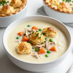 - 1 tablespoon olive oil - 1 onion, diced - 3 cloves garlic, minced - 2 medium carrots, diced - 2 celery stalks, diced - 1 lb (450g) cooked chicken, shredded - 4 cups chicken broth - 1 cup heavy cream - 1 cup frozen peas - 1 teaspoon dried thyme - 1 teaspoon dried rosemary - Salt and pepper to taste - 1/4 cup all-purpose flour (for thickening) - 2 tablespoons fresh parsley, chopped (for garnish) - 1 cup puff pastry sheets, thawed These ingredients create a warm and tasty soup. The olive oil adds flavor and helps cook the veggies. Onion and garlic bring a nice aroma. Carrots and celery add sweetness and crunch. Using cooked chicken makes it quick and easy. You can use leftover chicken from dinner. Chicken broth gives the soup depth. Heavy cream makes it rich and creamy. Frozen peas add color and sweetness. Thyme and rosemary provide a lovely herbal taste. Salt and pepper bring out all the flavors. All-purpose flour helps thicken the soup. Fresh parsley adds a pop of color on top. Finally, puff pastry sheets give a fun, flaky topping. They puff up in the oven, adding to the dish's charm. This comforting soup is perfect for any day. Enjoy making it with these simple and fresh ingredients! {{ingredient_image_1}} 1. Heat the olive oil in a large pot over medium heat. 2. Add the diced onion and saut&eacute; for about 3-4 minutes. You want it to turn translucent. 3. Next, stir in the minced garlic along with the diced carrots and celery. 4. Cook these veggies for 5-7 minutes. Stir occasionally until they become tender. 1. Now, add the shredded chicken to the pot. Mix it well to heat through. 2. Sprinkle the flour over the chicken and veggies. Stir to combine and cook for 1 minute. This helps cook off the raw flour taste. 3. Gradually pour in the chicken broth while you stir. This helps stop lumps from forming. 1. Bring the soup to a gentle boil and let it simmer for about 10 minutes. This is when the flavors meld together. 2. Reduce the heat to low. Stir in the heavy cream, frozen peas, thyme, rosemary, salt, and pepper. 3. Let it simmer for another 5 minutes. This will heat the peas through and let the flavors grow. 1. Preheat your oven to 400&deg;F (200&deg;C). 2. Roll out the puff pastry sheets. Cut them into rounds that fit over your soup bowls. 3. Spoon the hot soup into individual oven-safe bowls. Top each bowl with a puff pastry round. 4. Make a few small slits in the pastry. This lets steam escape while baking. 5. Bake in the oven for 15-20 minutes. Look for golden brown and puffed pastry. To make the best creamy chicken pot pie soup, pay attention to cooking times. Saut&eacute; the onions and garlic for 3-4 minutes. This step builds a strong flavor base. After adding carrots and celery, cook for 5-7 minutes. This keeps the veggies tender and tasty. Simmer the soup for at least 10 minutes after adding broth. This allows all the flavors to come together. The texture of the soup improves with proper simmering. When working with puff pastry, ensure it is cold but not frozen. Roll it out on a floured surface to avoid sticking. Cut it into rounds that fit your soup bowls. For a fun twist, use biscuit dough or phyllo dough if puff pastry is not available. These alternatives still give a nice texture on top of the soup. Add fresh herbs like parsley for a beautiful touch. It brightens the dish and adds flavor. You can also serve the soup on rustic wooden boards. This adds a homespun feel. For a complete meal, a side salad pairs nicely with this soup. Pro Tips Use Rotisserie Chicken: For a quicker option, use store-bought rotisserie chicken. It adds flavor and saves time on cooking the chicken from scratch. Season Gradually: Taste the soup as you go and adjust the seasoning gradually. This ensures you achieve the perfect flavor balance. Customize Vegetables: Feel free to add or substitute other vegetables like potatoes or green beans for variety and additional nutrients. Perfect Puff Pastry: To ensure a golden and crispy puff pastry, brush it with an egg wash before baking for an appealing finish. {{image_2}} You can swap chicken for turkey or tofu. Both options work well in this soup. Turkey adds a rich flavor, while tofu makes it lighter. For a creamy base, if you want a dairy-free option, use coconut milk or almond milk instead of heavy cream. This keeps the soup rich while meeting dietary needs. To boost flavor, add spices like paprika or cumin. These spices give the soup warmth and depth. You can also mix in veggies like corn or green beans for extra texture and color. Both options add a nice crunch and make the soup more filling. For a simpler cleanup, cook everything in one pot. Just saut&eacute; the veggies, add the chicken and broth, and finish with cream. This method saves time and still gives you a great dish. Adjust cooking times as needed. If you use a slow cooker, let it cook for 6 to 8 hours on low for a rich flavor. To store leftovers, let the soup cool first. Then, place it in an airtight container. This keeps it fresh. The soup stays good for about 3 to 4 days in the fridge. When you&rsquo;re ready to eat, just heat it on the stove. Stir it well to keep it creamy. You can freeze the soup for up to 3 months. Make sure to let it cool completely. Pour it into freezer-safe containers, leaving space at the top. This helps it expand when frozen. For reheating, thaw it in the fridge overnight. Heat it on low in a pot, stirring often. If you plan to use puff pastry, store it separately. Freeze the pastry in its original packaging. This will keep it crisp when you bake it later. When you're ready, just thaw it in the fridge before use. Enjoy your creamy chicken pot pie soup fresh! You can pair this soup with many sides. A fresh green salad works great. The crisp greens balance the soup's creaminess. You can also serve warm bread or rolls. They soak up the soup and add texture. For a heartier meal, try serving it with mashed potatoes. The creamy soup and fluffy potatoes make a perfect match. Yes, you can prepare this soup ahead. Make the soup and let it cool down. Store it in an airtight container in the fridge. It stays fresh for up to three days. When you're ready to serve, reheat it on the stove. Add a splash of cream for extra richness. If your soup is too thin, there's an easy fix. Mix a bit of flour with cold water to form a paste. Stir it into the soup while it simmers. This helps thicken the soup without lumps. You can also let it simmer longer. This reduces the liquid and makes it creamier. Absolutely! Using rotisserie chicken saves time. It adds great flavor to your soup. Just shred the chicken and toss it in. This way, you skip cooking the chicken from scratch. It makes this dish quick and easy. Plus, you still get that delicious chicken taste. This article outlined how to create a delicious Creamy Chicken Pot Pie Soup. We covered ingredients, step-by-step instructions, and helpful tips. You can adapt the recipe with different proteins or healthy swaps. Remember to simmer for great flavor and keep your puff pastry fresh for the best results. With these insights, you can confidently make this comforting dish. Enjoy its warmth and flavor any time you want a quick meal at home. Happy cooking!