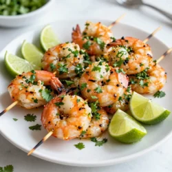 - 1 pound large shrimp, peeled and deveined - &frac14; cup fresh cilantro, finely chopped - 2 tablespoons olive oil - Zest and juice of 2 limes - 2 cloves garlic, minced - 1 teaspoon ground cumin - 1 teaspoon chili powder - Salt and pepper to taste - Wooden or metal skewers For these cilantro lime shrimp skewers, you need fresh, quality ingredients. Start with one pound of large shrimp. Make sure they are peeled and deveined for easy cooking. You&rsquo;ll also want a quarter cup of fresh cilantro, finely chopped. This herb adds a bright flavor that pairs well with lime. Next, grab two tablespoons of olive oil. This helps the marinade stick to the shrimp. You will also need the zest and juice of two limes. Lime adds a zesty kick to the dish. Two cloves of minced garlic bring in a savory note. For spice, use one teaspoon of ground cumin and one teaspoon of chili powder. These spices add warmth and depth. Finally, add salt and pepper to taste. You can adjust these based on your preference. Don&rsquo;t forget your skewers! You can use wooden or metal ones for grilling. {{ingredient_image_1}} To start, grab a large bowl. Add the following ingredients: - 2 tablespoons olive oil - Zest and juice of 2 limes - 2 cloves garlic, minced - &frac14; cup fresh cilantro, finely chopped - 1 teaspoon ground cumin - 1 teaspoon chili powder - Salt and pepper to taste Mix these well. This blend creates a bright and zesty marinade. The lime adds a fresh taste, while the spices give depth. Next, add 1 pound of peeled and deveined shrimp to the bowl. Make sure each shrimp is covered in the marinade. Cover the bowl with plastic wrap. Let it chill in the fridge for 30 minutes. This step is key for flavor. If you have more time, marinate for up to 2 hours for an even bolder taste. If you're using wooden skewers, soak them in water for 15-20 minutes. This will stop them from burning on the grill. While they soak, preheat your grill to medium-high heat. Now, thread the marinated shrimp onto the skewers. Aim for about 4-5 shrimp per skewer. This makes them easy to handle. Place the skewers on the hot grill. Cook for 2-3 minutes on each side. Look for the shrimp to turn pink and opaque. This shows they are done. Be careful not to overcook, or they might get tough. After grilling, take the skewers off the grill. Serve them right away with lime wedges and extra cilantro. Enjoy the bright flavors of your cilantro lime shrimp skewers! To get the best flavor, marinate your shrimp well. I recommend marinating for at least 30 minutes. If you have time, let them soak for up to 2 hours. This extra time helps the shrimp absorb the lime and cilantro. The acid in lime juice works wonders, brightening all the flavors. You can grill or bake these shrimp skewers. Grilling gives a lovely char and smoky taste. Preheat your grill to medium-high heat for the best results. If you choose to bake, set your oven to 400&deg;F. Either method works well, but grilling adds extra flavor. Watch the shrimp closely to avoid overcooking. Perfectly cooked shrimp turn pink and opaque. They usually take 2-3 minutes on each side. If they curl tightly, they're overdone. Tender shrimp are juicy and full of flavor. Trust your eyes and taste! Pro Tips Marinate Longer for Flavor: Let the shrimp marinate for up to 2 hours to deepen the flavor profile, but don&rsquo;t exceed this time to avoid a mushy texture. Use Fresh Ingredients: Fresh cilantro and limes make a significant difference in taste; opt for fresh over dried wherever possible. Perfect Skewering: Ensure shrimp are threaded evenly on the skewers to promote uniform cooking and prevent them from spinning during grilling. Check for Doneness: The shrimp are done when they turn pink and opaque; overcooking can lead to a rubbery texture, so keep an eye on them! {{image_2}} You can swap shrimp for chicken or vegetables. Chicken works well and stays juicy. Use boneless, skinless chicken thighs for best results. Cut the chicken into bite-sized pieces. Marinate them just like you would with shrimp. For a veggie option, use bell peppers, zucchini, or mushrooms. These veggies soak up the marinade nicely. Just cut them into chunks and thread them on skewers. Spices can add a fun twist. Try adding smoked paprika for a deeper flavor. You can also use fresh herbs like parsley or dill instead of cilantro. If you want heat, sprinkle in some cayenne pepper. A splash of hot sauce in the marinade will also spice things up. Feel free to experiment with your favorite seasonings. Pair these skewers with tasty dips or sides. A cool avocado dip enhances the zesty shrimp. Also, try serving with a fresh salad or rice. Cilantro lime rice blends perfectly with these skewers. You can even add grilled corn on the side for added crunch. Enjoy your meal with lime wedges for extra zest! Store your leftover cilantro lime shrimp skewers in an airtight container. Keep them in the fridge. They will stay fresh for up to three days. Before storing, let them cool down. This helps keep the texture nice. Avoid stacking them on top of each other. This prevents them from getting mushy. You can freeze cilantro lime shrimp skewers for later use. First, let them cool completely. Wrap each skewer in plastic wrap. Then, place the wrapped skewers in a freezer bag. Remove as much air as possible before sealing the bag. They can last up to three months in the freezer. When you're ready to eat, defrost them in the fridge overnight. To reheat your shrimp skewers, use a skillet over medium heat. Add a splash of water or broth to keep them moist. Cover the skillet with a lid while reheating. This helps steam the shrimp and prevents drying. Heat for about 5 minutes, turning the skewers gently. You can also use a microwave, but do it in short bursts. This way, you avoid overcooking. Enjoy your flavorful meal again! You should marinate shrimp for at least 30 minutes. This time lets the flavors soak in well. If you want a stronger taste, try marinating for up to 2 hours. Just cover the bowl and keep it in the fridge. This helps the shrimp absorb the zesty lime and fresh cilantro. Yes, you can! If you don&rsquo;t have a grill, use a grill pan or broiler. Both methods work great. For a grill pan, preheat it on medium-high heat. Cook the shrimp for 2-3 minutes on each side. If using a broiler, place the skewers on a baking sheet and broil them for about 2-3 minutes on each side. Check often to avoid overcooking. Shrimp skewers go well with many sides! Here are a few ideas: - Rice: Cilantro lime rice adds a nice touch. - Salad: A fresh garden salad keeps things light. - Grilled veggies: Zucchini and bell peppers work well. - Tortillas: Serve with warm tortillas for a taco twist. - Avocado: Sliced avocado adds creaminess. These sides can really make your meal pop! This blog post explained how to make delicious cilantro lime shrimp skewers. We covered the ingredients, preparation, and cooking tips. You learned how to marinate shrimp for great flavor and avoid overcooking. We also explored fun variations and provided storage tips. With this knowledge, you can create a tasty dish that impresses friends and family. Enjoy grilling your shrimp and experimenting with flavors. Happy cooking!