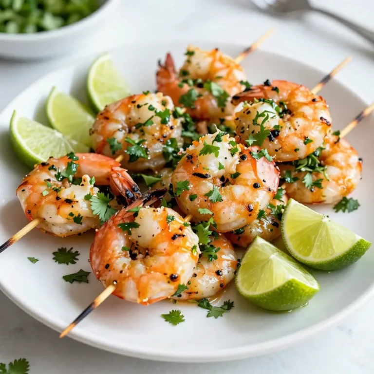 - 1 pound large shrimp, peeled and deveined - ¼ cup fresh cilantro, finely chopped - 2 tablespoons olive oil - Zest and juice of 2 limes - 2 cloves garlic, minced - 1 teaspoon ground cumin - 1 teaspoon chili powder - Salt and pepper to taste - Wooden or metal skewers For these cilantro lime shrimp skewers, you need fresh, quality ingredients. Start with one pound of large shrimp. Make sure they are peeled and deveined for easy cooking. You’ll also want a quarter cup of fresh cilantro, finely chopped. This herb adds a bright flavor that pairs well with lime. Next, grab two tablespoons of olive oil. This helps the marinade stick to the shrimp. You will also need the zest and juice of two limes. Lime adds a zesty kick to the dish. Two cloves of minced garlic bring in a savory note. For spice, use one teaspoon of ground cumin and one teaspoon of chili powder. These spices add warmth and depth. Finally, add salt and pepper to taste. You can adjust these based on your preference. Don’t forget your skewers! You can use wooden or metal ones for grilling. {{ingredient_image_1}} To start, grab a large bowl. Add the following ingredients: - 2 tablespoons olive oil - Zest and juice of 2 limes - 2 cloves garlic, minced - ¼ cup fresh cilantro, finely chopped - 1 teaspoon ground cumin - 1 teaspoon chili powder - Salt and pepper to taste Mix these well. This blend creates a bright and zesty marinade. The lime adds a fresh taste, while the spices give depth. Next, add 1 pound of peeled and deveined shrimp to the bowl. Make sure each shrimp is covered in the marinade. Cover the bowl with plastic wrap. Let it chill in the fridge for 30 minutes. This step is key for flavor. If you have more time, marinate for up to 2 hours for an even bolder taste. If you're using wooden skewers, soak them in water for 15-20 minutes. This will stop them from burning on the grill. While they soak, preheat your grill to medium-high heat. Now, thread the marinated shrimp onto the skewers. Aim for about 4-5 shrimp per skewer. This makes them easy to handle. Place the skewers on the hot grill. Cook for 2-3 minutes on each side. Look for the shrimp to turn pink and opaque. This shows they are done. Be careful not to overcook, or they might get tough. After grilling, take the skewers off the grill. Serve them right away with lime wedges and extra cilantro. Enjoy the bright flavors of your cilantro lime shrimp skewers! To get the best flavor, marinate your shrimp well. I recommend marinating for at least 30 minutes. If you have time, let them soak for up to 2 hours. This extra time helps the shrimp absorb the lime and cilantro. The acid in lime juice works wonders, brightening all the flavors. You can grill or bake these shrimp skewers. Grilling gives a lovely char and smoky taste. Preheat your grill to medium-high heat for the best results. If you choose to bake, set your oven to 400°F. Either method works well, but grilling adds extra flavor. Watch the shrimp closely to avoid overcooking. Perfectly cooked shrimp turn pink and opaque. They usually take 2-3 minutes on each side. If they curl tightly, they're overdone. Tender shrimp are juicy and full of flavor. Trust your eyes and taste! Pro Tips Marinate Longer for Flavor: Let the shrimp marinate for up to 2 hours to deepen the flavor profile, but don’t exceed this time to avoid a mushy texture. Use Fresh Ingredients: Fresh cilantro and limes make a significant difference in taste; opt for fresh over dried wherever possible. Perfect Skewering: Ensure shrimp are threaded evenly on the skewers to promote uniform cooking and prevent them from spinning during grilling. Check for Doneness: The shrimp are done when they turn pink and opaque; overcooking can lead to a rubbery texture, so keep an eye on them! {{image_2}} You can swap shrimp for chicken or vegetables. Chicken works well and stays juicy. Use boneless, skinless chicken thighs for best results. Cut the chicken into bite-sized pieces. Marinate them just like you would with shrimp. For a veggie option, use bell peppers, zucchini, or mushrooms. These veggies soak up the marinade nicely. Just cut them into chunks and thread them on skewers. Spices can add a fun twist. Try adding smoked paprika for a deeper flavor. You can also use fresh herbs like parsley or dill instead of cilantro. If you want heat, sprinkle in some cayenne pepper. A splash of hot sauce in the marinade will also spice things up. Feel free to experiment with your favorite seasonings. Pair these skewers with tasty dips or sides. A cool avocado dip enhances the zesty shrimp. Also, try serving with a fresh salad or rice. Cilantro lime rice blends perfectly with these skewers. You can even add grilled corn on the side for added crunch. Enjoy your meal with lime wedges for extra zest! Store your leftover cilantro lime shrimp skewers in an airtight container. Keep them in the fridge. They will stay fresh for up to three days. Before storing, let them cool down. This helps keep the texture nice. Avoid stacking them on top of each other. This prevents them from getting mushy. You can freeze cilantro lime shrimp skewers for later use. First, let them cool completely. Wrap each skewer in plastic wrap. Then, place the wrapped skewers in a freezer bag. Remove as much air as possible before sealing the bag. They can last up to three months in the freezer. When you're ready to eat, defrost them in the fridge overnight. To reheat your shrimp skewers, use a skillet over medium heat. Add a splash of water or broth to keep them moist. Cover the skillet with a lid while reheating. This helps steam the shrimp and prevents drying. Heat for about 5 minutes, turning the skewers gently. You can also use a microwave, but do it in short bursts. This way, you avoid overcooking. Enjoy your flavorful meal again! You should marinate shrimp for at least 30 minutes. This time lets the flavors soak in well. If you want a stronger taste, try marinating for up to 2 hours. Just cover the bowl and keep it in the fridge. This helps the shrimp absorb the zesty lime and fresh cilantro. Yes, you can! If you don’t have a grill, use a grill pan or broiler. Both methods work great. For a grill pan, preheat it on medium-high heat. Cook the shrimp for 2-3 minutes on each side. If using a broiler, place the skewers on a baking sheet and broil them for about 2-3 minutes on each side. Check often to avoid overcooking. Shrimp skewers go well with many sides! Here are a few ideas: - Rice: Cilantro lime rice adds a nice touch. - Salad: A fresh garden salad keeps things light. - Grilled veggies: Zucchini and bell peppers work well. - Tortillas: Serve with warm tortillas for a taco twist. - Avocado: Sliced avocado adds creaminess. These sides can really make your meal pop! This blog post explained how to make delicious cilantro lime shrimp skewers. We covered the ingredients, preparation, and cooking tips. You learned how to marinate shrimp for great flavor and avoid overcooking. We also explored fun variations and provided storage tips. With this knowledge, you can create a tasty dish that impresses friends and family. Enjoy grilling your shrimp and experimenting with flavors. Happy cooking!