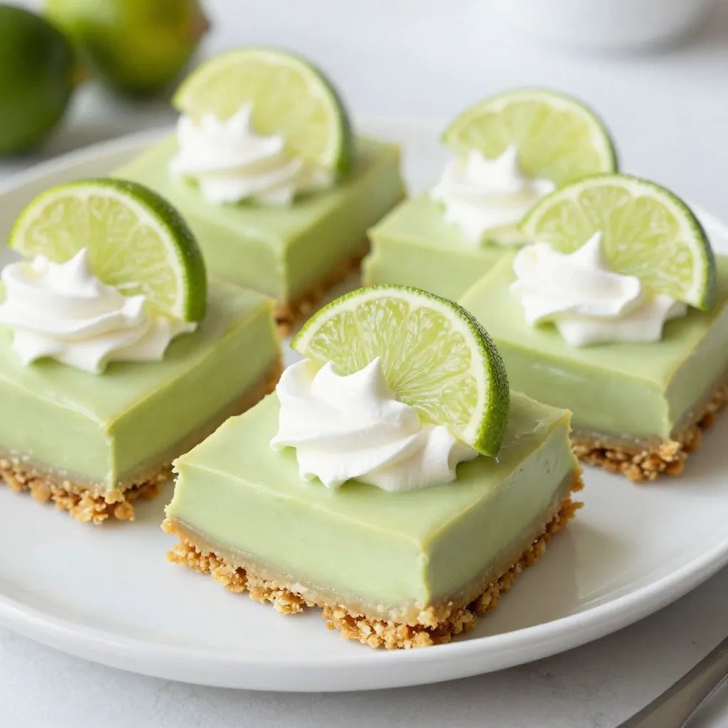 To make these key lime pie bars, you need a few key ingredients: - 1 ½ cups graham cracker crumbs - ⅓ cup granulated sugar - ½ cup unsalted butter, melted - 1 can (14 oz) sweetened condensed milk - ¾ cup fresh key lime juice (about 10 key limes) - 2 large eggs - 1 teaspoon lime zest The graham cracker crumbs create a tasty crust. The sugar adds sweetness to the crust and filling. Butter helps bind the crumbs. Sweetened condensed milk gives the filling its creamy texture. Fresh key lime juice provides that zesty flavor we love. Eggs help set the filling, while lime zest adds extra zing. You can enhance your key lime pie bars with some fun garnishes: - Whipped cream, for serving - Lime slices, for garnish Whipped cream adds a light and fluffy touch. Lime slices give a fresh look and more flavor. You can also drizzle extra lime juice on top for a burst of acidity. If you don’t have some ingredients, here are some simple swaps: - For graham cracker crumbs, use crushed cookies like Digestive biscuits. - Swap granulated sugar with brown sugar for a deeper flavor. - If you can’t find key limes, regular limes work fine, but the taste will differ slightly. - Use egg substitutes like flaxseed meal or applesauce if needed. These substitutions keep the essence of the dessert alive while making it easier to prepare. {{ingredient_image_1}} First, I preheat the oven to 350°F (175°C). I line a 9x9 inch baking dish with parchment paper. I let the paper overhang a bit. This helps me lift the bars out later. In a mixing bowl, I combine 1 ½ cups of graham cracker crumbs with ⅓ cup of granulated sugar. Then, I add ½ cup of melted butter. I mix these until it looks like wet sand. Next, I press the mixture firmly into the bottom of the dish. It should be even and compact. I bake it for 10 to 12 minutes until it looks lightly golden. After that, I take it out and let it cool slightly. Now, I grab another bowl. I whisk together one can of sweetened condensed milk, ¾ cup of fresh key lime juice, and 2 large eggs. I also add 1 teaspoon of lime zest. I mix until it is smooth and well combined. Then, I pour the key lime filling over the cooled crust. I spread it out evenly with a spatula. I bake the dish again for 15 to 20 minutes. The filling should be set but still a bit jiggly in the center. Once done, I take it out and let it cool at room temperature for about 30 minutes. Next, I place the dish in the fridge for at least 2 hours. This helps the bars set fully. When they are chilled, I lift them out using the parchment overhang. I cut them into squares or rectangles. Finally, I serve the bars with a dollop of whipped cream and a slice of lime on top. This adds a nice touch! To get the best crust for your Key Lime Pie Bars, use fresh graham cracker crumbs. Crush the crackers finely so they mix well with the sugar and butter. Use a measuring cup to press the mixture firmly into the baking dish. This helps it hold together after baking. Bake the crust until it turns a light golden brown. This step adds flavor and texture. To make a smooth key lime filling, whisk the ingredients well. Combine sweetened condensed milk, fresh key lime juice, eggs, and lime zest in a bowl. Mix until there are no lumps. If you want an extra smooth texture, you can strain the mixture through a fine sieve. This step removes any bits of lime zest or egg that might remain. Once you cut the bars, serve them with whipped cream on top. A dollop adds creaminess and balances the tart flavor. For a pop of color, add a slice of lime on each bar. You can also sprinkle some lime zest for extra flair. If you want a special touch, drizzle with more lime juice before serving. Pro Tips Use Fresh Key Limes: For the best flavor, use freshly squeezed key lime juice instead of bottled varieties, as it provides a more vibrant and tangy taste. Chill Thoroughly: Allow the bars to chill in the refrigerator for at least 2 hours; this helps the filling to set properly, resulting in cleaner cuts and a better texture. Customize Your Toppings: Try adding toasted coconut or a sprinkle of graham cracker crumbs on top of the whipped cream for added texture and flavor. Make Ahead: These bars can be made a day in advance. They store well in the refrigerator, allowing the flavors to meld even further. {{image_2}} You can switch up the flavor by using other citrus fruits. Try using regular limes, lemons, or even oranges. Each choice gives a new twist. For instance, lemon juice adds a bright, sweet flavor. Orange juice brings a nice sweetness and a unique taste. Experiment with different fruits to find your favorite blend. Get creative by adding fun mix-ins to your key lime pie bars. Chopped nuts, like pecans or almonds, add crunch. You can also mix in coconut flakes for a tropical touch. Chocolate chips can bring a rich flavor that pairs well with the tartness. Just remember to keep the mix-ins balanced so they don’t overpower the key lime flavor. If you need a gluten-free version, it’s simple! Replace graham cracker crumbs with gluten-free options. Look for gluten-free graham cracker brands or use crushed nuts. Almond flour works well too. Make sure all other ingredients are gluten-free. This way, everyone can enjoy these tasty bars without worry. To keep your key lime pie bars fresh, store them in an airtight container. Place parchment paper between layers to avoid sticking. You can also cover the dish with plastic wrap. This keeps the bars moist and tasty. In the fridge, key lime pie bars last about 5 to 7 days. Make sure to check for any signs of spoilage before eating. If they look or smell off, it’s best to throw them away. Always enjoy them chilled for the best flavor. Freezing is a great option if you want to save some bars for later. Cut the bars into squares before freezing. Wrap each square in plastic wrap and place them in a freezer-safe bag. They can last up to 3 months in the freezer. When you’re ready to eat them, thaw them in the fridge overnight. Enjoy those refreshing flavors anytime! Yes, you can use bottled key lime juice. It is a great time-saver. However, fresh key lime juice gives the best flavor. Fresh juice has a bright, zesty taste. That really makes your bars pop. If you use bottled juice, check the label for quality. Look for 100% pure juice without added sugars. You can tell the bars are done when the filling is mostly set. The center should still jiggle a bit. It should not look liquidy. You can also check with a toothpick. Insert it in the center; it should come out clean. If it has filling on it, bake for a few more minutes. There are a few common mistakes to watch out for. First, don’t skip cooling the crust. It needs to be cool before adding the filling. Second, mix the filling well, but don’t overbeat the eggs. This can make the bars puff up and crack. Lastly, don’t rush the chilling time. Let them sit for at least two hours in the fridge. This helps them set properly. We covered the key ingredients, step-by-step instructions, and helpful tips for making key lime pie bars. You learned about ingredient swaps and tasty variations. Remember, good storage keeps them fresh longer. Whether you bake with fresh limes or try fun mix-ins, your treats will impress. Stay confident and enjoy the process. Making these bars is all about having fun in the kitchen and sharing with friends. Happy baking!