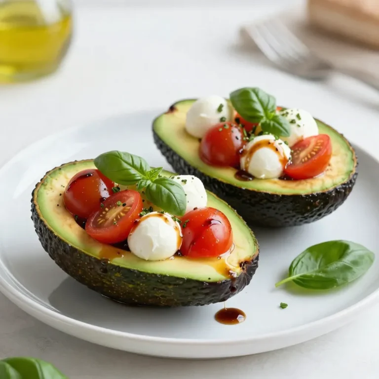 To make Caprese stuffed avocados, gather these fresh ingredients: - 2 ripe avocados - 1 cup cherry tomatoes, halved - 1 cup fresh mozzarella balls, halved - 1/4 cup fresh basil leaves, chopped - 2 tablespoons balsamic glaze - 1 tablespoon olive oil - Salt and pepper to taste You will need a few simple tools for this recipe: - A sharp knife - A cutting board - A mixing bowl - A spoon for scooping - A spoon for mixing - A serving plate Choosing the right avocado is key. Look for avocados that feel slightly soft when you press them gently. If they are hard, they are not ripe yet. If they feel too mushy, they may be overripe. You want a good balance. A ripe avocado should have a dark green skin and yield to gentle pressure. If you buy them unripe, place them in a paper bag for faster ripening. Check them daily until they reach just the right softness. {{ingredient_image_1}} To start, take your ripe avocados. Cut each one in half and remove the pit. Be careful! Use a spoon to scoop out a little flesh. This gives more space for the filling. You want just the right amount of avocado left for flavor. Next, grab a mixing bowl. Toss in the halved cherry tomatoes, fresh mozzarella balls, and chopped basil. These three ingredients make a great combo. Now, drizzle the olive oil over the mix. Add salt and pepper to taste. Then, gently toss everything together. You want each piece to be well-coated. Now it's time to fill the avocados. Take a spoon and scoop the tomato and mozzarella mix into each avocado half. Press it down gently to pack it in. For the final touch, drizzle balsamic glaze over the top. This adds a sweet flavor that ties it all together. You can add more basil leaves as a garnish, too. Serve these beauties right away for the best taste! Cutting avocados the right way is key. First, place the avocado on a stable surface. Hold it steady with one hand. Take a sharp knife and slice the avocado lengthwise around the pit. Twist the two halves to separate them. Use a spoon to gently scoop out the pit. If the pit is stuck, tap it with the knife's blade to remove it. To avoid browning, use a lemon juice splash on the cut sides. You can prepare the filling ahead of time. Start by mixing the cherry tomatoes, mozzarella balls, and basil in a bowl. Drizzle olive oil over the mix and add salt and pepper. Toss everything gently. Cover the bowl with plastic wrap and place it in the fridge. This keeps the filling fresh and tasty. Just remember to fill the avocados right before serving. This keeps the avocados from turning brown. Serving Caprese stuffed avocados can be fun and creative! You can place them on a nice platter. Add extra basil leaves for color. Drizzle more balsamic glaze on top for a gourmet touch. For a complete meal, pair the avocados with crusty bread or a fresh salad. You can even serve them as appetizers at a party. Your guests will love the fresh flavors and beautiful presentation! Pro Tips Choose Ripe Avocados: Ensure your avocados are perfectly ripe for the best flavor and texture. They should yield slightly to gentle pressure. Customize Your Filling: Feel free to add other ingredients like diced cucumbers or olives to the tomato and mozzarella mixture for added flavor and texture. Use Quality Balsamic Glaze: A high-quality balsamic glaze can elevate the dish. Look for one that is thick and sweet for optimal flavor. Serve Fresh: For the best taste, serve the stuffed avocados immediately after preparing them to keep the ingredients fresh and vibrant. {{image_2}} You can easily add protein to your Caprese stuffed avocados. Grilled chicken or shrimp works well. Simply cook the protein until it's done, then chop it into small pieces. Mix it in with the tomato and mozzarella filling. This step makes your dish heartier and adds more flavor. Plus, it helps turn a snack into a meal. If you want to change the flavor, try different dressings. You can use pesto for a fresh twist. A lemon vinaigrette also adds a bright taste. If you like heat, a spicy aioli can give your dish a kick. Just drizzle your choice over the stuffed avocados before serving. This simple change can make your meal unique and exciting. For a vegetarian version, just skip the meat. You can add more veggies to the filling. Chopped bell peppers or cucumbers add crunch and color. If you want a vegan option, replace the mozzarella with vegan cheese. You can also use avocado oil instead of olive oil. These changes keep your dish tasty while meeting dietary needs. If you have leftover stuffed avocados, store them in a container. Cover them with plastic wrap. This helps keep them fresh. If you leave them open, they may turn brown. Try to eat them within one day for the best taste. You can freeze the filling but not the avocados. Place the filling in a freezer-safe bag. Squeeze out as much air as you can and seal it. The filling will last for up to three months. When you're ready, thaw it in the fridge overnight. To keep avocados fresh, store them at room temperature until ripe. Once ripe, place them in the fridge. If you have cut avocados, sprinkle some lemon juice on the flesh. This helps slow down browning. Wrap them tightly in plastic wrap or store them in an airtight container. Yes, you can prep the filling ahead. Mix the tomatoes, mozzarella, and basil early. Store it in the fridge. However, I recommend filling the avocados right before serving. This keeps the avocados green and fresh. The longer they sit, the more they brown. If you don’t have balsamic glaze, try using balsamic vinegar. You can drizzle it directly over the avocados. Another option is a simple olive oil and lemon juice mix. Both add a nice tang. You can also use pesto for a different flavor twist. Absolutely! You can add cooked chicken or shrimp for protein. Sliced olives or artichokes can add a great taste, too. Try different herbs like oregano or parsley for variety. Get creative with your favorite flavors for a unique twist! We covered the key steps and tips for making Caprese stuffed avocados. Start with ripe avocados and mix your favorite filling. You can add proteins or adjust dressings to match your taste. Store leftovers safely and keep avocados fresh for later. Caprese stuffed avocados are tasty, easy, and fun to make. Don't hesitate to experiment with variations to suit your needs. Enjoy crafting these delightful dishes!
