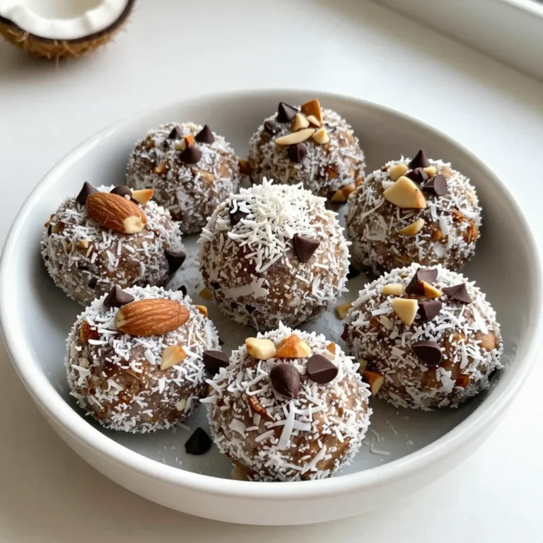 - 1 cup pitted dates - 1 cup unsweetened shredded coconut - 1/2 cup almond butter - 1/2 cup almond flour - 1/2 cup dark chocolate chips - 1/4 cup chopped almonds - 1 teaspoon vanilla extract - Pinch of salt These ingredients come together to make a tasty and healthy treat. The pitted dates give a natural sweetness. They also add moisture to the bites. Unsweetened shredded coconut brings a chewy texture. It adds that tropical flavor we love in Almond Joy candy bars. Almond butter adds creaminess and healthy fats. Almond flour makes the bites nutty and gives a good base. Dark chocolate chips bring rich flavor and a touch of sweetness. If you prefer, you can use dairy-free chips. Chopped almonds add crunch and extra nutty goodness. A little vanilla extract boosts the overall flavor. The pinch of salt balances the sweetness and rounds out the taste. Together, these ingredients create a mix that is both satisfying and energizing. Each energy bite offers a delightful mix of nutrients. They are rich in healthy fats, fiber, and protein. A single bite has about 100 calories. - Calories: 100 - Fat: 6g - Carbohydrates: 10g - Protein: 2g The health benefits of these ingredients are impressive. Dates provide natural sugars and fiber. Coconut supports heart health and is good for digestion. Almonds are full of vitamin E and magnesium, good for your skin and bones. These bites are vegan and gluten-free. They suit many diets and can fit into various meal plans. Enjoy these energy bites as a quick snack or a boost before a workout. {{ingredient_image_1}} To start, gather all your ingredients. You will need pitted dates, shredded coconut, almond butter, almond flour, dark chocolate chips, chopped almonds, vanilla extract, and a pinch of salt. 1. In your food processor, combine the pitted dates, shredded coconut, almond butter, almond flour, vanilla extract, and a pinch of salt. 2. Pulse the mixture until it becomes sticky and well combined. This should take about 30 seconds. Now, it's time to shape your energy bites: 1. Scoop out tablespoon-sized portions of the mixture with your hands. 2. Roll each portion into a ball, making sure they are firm. 3. Repeat this until you have shaped all the mixture into energy bites. Next, place the energy bites on a baking sheet lined with parchment paper. This will help with easy cleanup. For the best texture, refrigerate the energy bites. 1. Chill them for at least 30 minutes. This helps them firm up and makes them easy to eat. 2. To serve, arrange the energy bites in a decorative bowl. You can sprinkle some shredded coconut on top for an extra touch. Enjoy these tasty bites as a quick snack or a boost of energy during your day! Using fresh ingredients boosts flavor. Fresh dates have a rich sweetness, while new coconut adds texture. I always choose high-quality almond butter too. It makes a big difference in taste. When mixing, ensure even blending in the food processor. This way, all flavors mix well. If you miss a spot, the bites may taste uneven. You can get creative with add-ins. Try seeds like chia or flax for extra nutrients. Dried fruits, such as cranberries or raisins, add a sweet twist, too. Adjusting sweetness is easy. If you want it sweeter, add a bit of honey or maple syrup. For less sweetness, reduce the dates or chocolate. These bites pair well with many snacks. Enjoy them with yogurt or fresh fruit for a balanced snack. For a fun twist, serve them at parties in a decorative bowl. Sprinkle some shredded coconut on top for flair. This simple touch makes them look fancy and inviting. Pro Tips Use Fresh Dates: Fresh pitted dates will provide the best flavor and texture. If they are too dry, soak them in warm water for about 10 minutes to soften before using. Chill for Better Texture: Refrigerating the energy bites for at least 30 minutes will help them firm up, making them easier to handle and enhancing their overall texture. Customize Your Nuts: Feel free to substitute or add different nuts according to your preference, such as walnuts or pecans, to vary the flavor and texture of the energy bites. Store Properly: Keep the energy bites in an airtight container in the refrigerator for up to a week or freeze them for longer storage. This way, you’ll always have a healthy snack on hand! {{image_2}} You can change the nut butter in this recipe. Try cashew or peanut butter. Each nut butter adds a unique taste. You can also switch up the chocolate. Use white chocolate for a sweeter bite. Dark chocolate gives a richer flavor. You can even try milk chocolate if you prefer. For a crunchy texture, add chopped nuts or seeds. Sunflower seeds or pumpkin seeds work well. You can also change the shape. Make bars instead of balls for a different look. Bars are great for on-the-go snacks. Just press the mixture into a pan and cut. If you want a sugar-free version, swap out the dates. Use sugar-free syrup or a banana. For nut allergies, use sunflower seed butter. It gives a similar creaminess. You can also use oat flour instead of almond flour. This keeps the flavor tasty and safe for everyone. To keep your Coconut Almond Joy Energy Bites fresh, store them in an airtight container. Glass jars work best, but plastic containers also work. Make sure to seal the lid tightly. This helps prevent moisture and keeps the bites from drying out. At room temperature, these energy bites last about one week. If you want them to last longer, refrigerate them. They stay fresh for up to two weeks in the fridge. For even more longevity, freeze the energy bites. They can last for up to three months in the freezer. If you have leftover ingredients, use them in other snacks. For example, you can add leftover almond butter to smoothies or oatmeal. You can also make trail mix with chopped nuts and dried fruits. This way, you minimize waste and enjoy more tasty treats! How to make Coconut Almond Joy Energy Bites? To make these bites, you will need a food processor. Start by adding pitted dates, shredded coconut, almond butter, almond flour, vanilla extract, and a pinch of salt. Pulse until it becomes a sticky mix. Then, add dark chocolate chips and chopped almonds. Pulse again to mix them in. Scoop tablespoon-sized portions and roll them into balls. Place them on a lined baking sheet. Chill in the fridge for 30 minutes for a firmer texture. Can I freeze these energy bites? Yes, you can freeze these energy bites! Just place them in an airtight container or a freezer bag. They can last up to three months in the freezer. When ready to eat, let them thaw at room temperature for a few minutes. What can I substitute for almond butter? If you need a substitute for almond butter, try peanut butter or sunflower seed butter. Both options work well and still give a nice flavor. Just ensure that any choice you make has a similar consistency. Are these energy bites healthy? Yes, these energy bites are healthy! They contain natural sugars from dates and healthy fats from nuts. You also get fiber from coconut and almond flour. This snack provides energy without refined sugars. What's the best way to incorporate them into my diet? You can use these energy bites as a quick snack or a pre-workout boost. They make a great addition to breakfast or a midday pick-me-up. Keep them handy in your bag or fridge for easy access. How do I adjust the sweetness of the energy bites? To adjust sweetness, you can add more pitted dates. If you prefer less sweetness, reduce the number of dates. You can also omit the chocolate chips or use a sugar-free version. Can I make these with different nuts or seeds? Absolutely! You can use any nuts or seeds you like. Walnuts, pecans, or pumpkin seeds are great choices. Just ensure to keep the same amounts for the best texture and taste. This blog post covered how to make Coconut Almond Joy Energy Bites. We discussed the ingredients, including dates, coconut, and almond butter, and their health benefits. You learned step-by-step instructions for preparation and forming the bites. I shared tips for customizing your recipe and best storage practices. These energy bites are simple and healthy. They offer a tasty snack for any time. Enjoy experimenting with flavors and textures to make them your own!