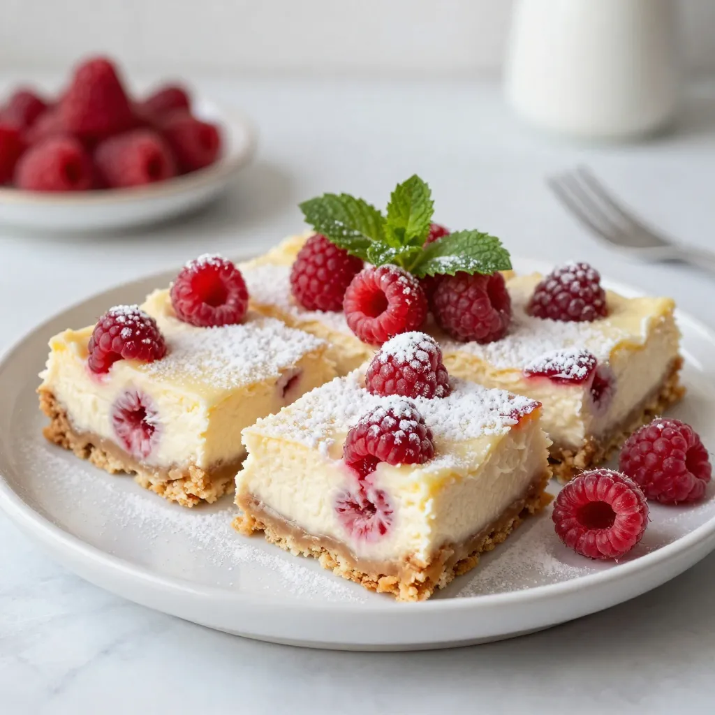 - 1 cup graham cracker crumbs - 1/4 cup unsalted butter, melted - 1/4 cup granulated sugar - 8 oz cream cheese, softened - 1 cup powdered sugar - 1 cup sour cream - 2 large eggs - Zest of 1 lemon - 1/4 cup freshly squeezed lemon juice - 1 cup fresh raspberries For the Lemon Raspberry Cheesecake Bars, you need a mix of simple, fresh items. The graham cracker crumbs form a crunchy base. You melt unsalted butter and mix it with sugar to bind the crust. Cream cheese gives the filling a rich texture. Powdered sugar sweetens the filling, while sour cream adds a creamy tang. The eggs help set the filling as it bakes. Zest and lemon juice provide bright flavor. Fresh raspberries add a burst of sweetness and color. - Powdered sugar for dusting - Fresh raspberries - Fresh mint leaves Garnishes can add a lovely touch. A light dusting of powdered sugar makes the bars look nice. Fresh raspberries on top highlight the fruit flavor. Mint leaves give a pop of green and a fresh taste. These little extras make your dessert more appealing and fun! {{ingredient_image_1}} 1. Preheat your oven to 325°F (160°C). Line an 8x8-inch baking pan with parchment paper. Leave some paper over the sides for easy removal. 2. In a medium bowl, mix 1 cup of graham cracker crumbs, 1/4 cup of melted unsalted butter, and 1/4 cup of granulated sugar. Stir until all crumbs are coated in butter. 3. Press the crumb mixture into the bottom of the pan evenly. Bake for 10 minutes. Remove and let it cool. 1. In a large bowl, beat 8 ounces of softened cream cheese with an electric mixer until it’s smooth. 2. Gradually add 1 cup of powdered sugar, mixing until well combined. 3. Add 1 cup of sour cream, 2 large eggs, the zest of 1 lemon, and 1/4 cup of freshly squeezed lemon juice. Mix everything until it’s smooth. 4. Gently fold in 1 cup of fresh raspberries. Be careful not to crush them too much. 5. Pour the cheesecake batter over the cooled crust. Spread it evenly. 1. Bake the cheesecake bars in the preheated oven for 30-35 minutes. The edges should be set, and the center should have a slight jiggle. 2. Remove the bars from the oven. Let them cool at room temperature for about 1 hour. 3. Refrigerate the bars for at least 2 hours, or overnight for the best results. 4. Once chilled, lift the bars out of the pan using the overhanging parchment paper. Cut into squares or rectangles. To get the best cheesecake texture, use room temperature ingredients. Cold cream cheese will not blend well. This can lead to lumps in your filling. Set out the cream cheese and sour cream for about 30 minutes before mixing. Another key tip is to avoid overmixing your filling. Mix just until combined. Overmixing can add too much air. This extra air can cause the cheesecake to rise and crack while baking. What should you do if the cheesecake cracks? If you see cracks, don’t worry. They can happen. To fix this, you can cover the cracks with fresh raspberries or whipped cream. This adds a nice touch to your bars. Adjusting sweetness is also important. If you taste the filling and it seems too sweet, add a pinch of salt. A little salt can balance the sweet flavors and enhance the taste. When serving, make the bars look special. Dust the top with powdered sugar for a nice finish. Add a few fresh raspberries on top for color. A sprig of mint also adds a fresh touch. For the best serving technique, use a sharp knife to cut the bars. Clean the knife between cuts to keep the edges neat. This way, each bar looks perfect on the plate. Pro Tips Choose the Right Raspberries: Use fresh, ripe raspberries for the best flavor and texture. Frozen raspberries can be used, but they may release more moisture. Room Temperature Ingredients: Ensure your cream cheese and eggs are at room temperature before mixing. This will help create a smoother batter and prevent lumps. Don’t Overbake: Keep an eye on the cheesecake bars while they bake. The center should have a slight jiggle when you take them out of the oven for the perfect creamy texture. Chilling is Key: Allow the bars to chill in the refrigerator for at least 2 hours, or overnight for the best taste and texture. This helps the flavors meld and firms up the cheesecake. {{image_2}} You can switch up the fruits in this recipe. Blueberries and strawberries work great. They add their own unique taste. You can also try combining fruits for a fun twist. For citrus flavors, lime or orange zest gives a fresh kick. Each fruit adds a new layer of flavor. Feel free to experiment based on what you like. Looking for lower-calorie options? You can use sugar-free sweeteners. They work well in the filling without losing flavor. For the crust, consider gluten-free graham crackers. This keeps the bars light and friendly for everyone. You can also use almond flour for a nutty twist. These changes still give you that creamy cheesecake texture. These cheesecake bars pair nicely with whipped cream or a scoop of ice cream. The creaminess adds richness. You can serve them in jars for a fun presentation. Drizzle some berry sauce on top for a pop of color. This makes your dessert even more appealing. Enjoy these bars at parties or family gatherings. They are sure to impress everyone! To keep your lemon raspberry cheesecake bars fresh, refrigerate them. First, let the bars cool completely at room temperature. Once cool, cover them with plastic wrap or store them in an airtight container. This helps keep the flavors intact. If you want to store them longer, freezing is an option. Cut the bars into squares, then wrap each piece in plastic wrap. Place them in a freezer-safe bag or container. This keeps them safe from freezer burn. Lemon raspberry cheesecake bars can last up to one week in the fridge. Always check for signs of spoilage. If you see mold or a change in color, it's best to discard them. When frozen, these bars can last up to three months. Thaw them in the fridge before enjoying. Always trust your senses. If they smell off or taste strange, don’t eat them. You can tell the cheesecake bars are done when the edges look set. The center should still jiggle slightly. It is important not to overbake them. If baked too long, they may crack. Yes, you can make these cheesecake bars a day or two in advance. This allows the flavors to blend well. Just store them in the fridge until you are ready to serve. To cut cheesecake bars, use a sharp knife. Run the knife under hot water, then dry it off. This helps create clean cuts. Wipe the knife between cuts for the best results. You can use mascarpone cheese as a substitute for cream cheese. It will give a creamier texture. However, the taste will be slightly different. To boost the lemon flavor, add more lemon zest or juice. You can also use lemon extract for a stronger taste. Just be careful not to add too much, as it can overpower the dish. In summary, this guide covers how to make delicious lemon raspberry cheesecake bars. You learned about the key ingredients, step-by-step instructions, and tips for the best texture. I shared ideas for variations, storage tips, and answered common questions. These bars are tasty and fun to make. With practice, you’ll impress friends and family. Enjoy each bite, and don’t forget to share your sweet success!