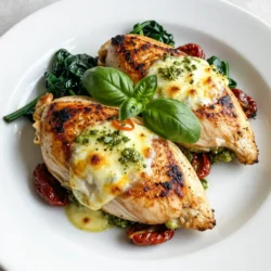 For this dish, you will need the following main items: - 4 boneless, skinless chicken breasts - 1 cup fresh mozzarella cheese, shredded - 1/2 cup basil pesto, either store-bought or homemade - 1/4 cup sun-dried tomatoes, finely chopped These ingredients are key to making the chicken juicy and flavorful. The mozzarella gives a creamy texture, while the pesto adds a rich, herby taste. The sun-dried tomatoes bring a sweet and tangy twist. You will also need these simple seasonings and oil: - 1/2 teaspoon garlic powder - 1/2 teaspoon salt - 1/4 teaspoon black pepper - 2 tablespoons olive oil The garlic powder gives the chicken an extra kick. Salt and pepper enhance the flavors. Olive oil helps to sear the chicken and lock in moisture. To make the dish pop, consider these optional garnishes: - Fresh basil leaves Adding fresh basil not only makes the dish look great but also boosts the flavor. You can sprinkle them on top before serving for a fresh touch. {{ingredient_image_1}} Start with four boneless, skinless chicken breasts. Use a sharp knife to create a pocket in each breast. Slice horizontally, but don&rsquo;t cut all the way through. This pocket will hold the tasty filling. Make sure to keep the edges intact. In a mixing bowl, combine one cup of shredded fresh mozzarella cheese, half a cup of basil pesto, and a quarter cup of finely chopped sun-dried tomatoes. Mix these well until they blend nicely. This filling adds creaminess and flavor to the chicken. Now, season the inside of each chicken pocket. Use half a teaspoon of garlic powder, half a teaspoon of salt, and a quarter teaspoon of black pepper. Rub these spices inside to enhance the taste. Then, spoon the pesto mozzarella mixture into each pocket. Pack it tightly so it doesn&rsquo;t spill out during cooking. Heat two tablespoons of olive oil in a large oven-safe skillet over medium-high heat. Once hot, add the stuffed chicken breasts. Sear them for three to four minutes on each side until they turn golden brown. This step adds a nice crust that locks in moisture. Next, transfer the skillet to the preheated oven set to 375&deg;F (190&deg;C). Bake for 20 to 25 minutes. The chicken should reach an internal temperature of 165&deg;F (75&deg;C) to ensure it is fully cooked. After baking, let the chicken rest for five minutes. This helps the juices settle, making it even juicier. Garnish with fresh basil leaves for a bright finish. The best cooking temperature for pesto mozzarella stuffed chicken is 375&deg;F (190&deg;C). This heat allows the chicken to cook through without burning. It also helps keep the filling warm and gooey. Always use a meat thermometer to check the internal temperature. Aim for 165&deg;F (75&deg;C) for safe eating. To avoid dry chicken, start with fresh, high-quality breasts. Make pockets in the chicken but do not cut all the way through. This keeps moisture inside the chicken. Searing the chicken first creates a nice crust. It locks in juices. Baking the chicken until it reaches the right temperature also helps keep it moist. Let the chicken rest for five minutes before cutting. This step redistributes juices, making each bite tender. Serve pesto mozzarella stuffed chicken on a bed of saut&eacute;ed spinach. This adds color and freshness. Roasted vegetables like bell peppers or zucchini also pair well. Drizzle extra pesto over the chicken for added flavor. Fresh basil leaves make a lovely garnish. You can also serve it with a side of rice or pasta for a complete meal. Pro Tips Use Fresh Ingredients: Always opt for fresh mozzarella and basil pesto for the best flavor. Fresh ingredients make a significant difference in taste and texture. Seal the Chicken Properly: If you&rsquo;re worried about the filling leaking out, use kitchen twine to tie the chicken breasts closed instead of toothpicks for a more secure seal. Let it Rest: Allowing the chicken to rest for a few minutes after cooking helps the juices redistribute, ensuring each bite is moist and flavorful. Experiment with Fillings: Feel free to get creative with your stuffing! Try adding spinach, artichokes, or different cheeses to customize the flavor profile. {{image_2}} You can swap mozzarella for other cheeses. Try using provolone for a sharp taste. Goat cheese adds a creamy and tangy twist. For a stronger flavor, use aged cheddar. Each cheese melts well and adds a unique taste. Mix and match to find your favorite. Adding veggies can boost flavor and nutrition. Spinach works great with the cheese and pesto mix. You can also try sun-dried tomatoes for a tangy kick. Fresh spinach adds color and taste. Other options include roasted red peppers or artichokes. They all bring new life to the dish. Homemade pesto gives you control over flavors. You can adjust herbs, nuts, and oil to your liking. Store-bought pesto offers convenience and saves time. Both options work well, so choose what fits your schedule. If you have time, try making your own for a fresh taste. Store leftover pesto mozzarella stuffed chicken in an airtight container. It keeps well in the fridge for up to three days. Make sure the chicken cools before sealing to avoid steam build-up. This helps keep the chicken juicy and fresh. You can freeze the stuffed chicken for longer storage. Wrap each piece tightly in plastic wrap, then place it in a freezer bag. This keeps out air and prevents freezer burn. The chicken stays good for up to three months. Thaw it overnight in the fridge before cooking. To reheat the chicken, use the oven for best results. Preheat the oven to 350&deg;F (175&deg;C). Place the chicken in a baking dish, cover it with foil, and warm it for about 20 minutes. Check to ensure it reaches an internal temperature of 165&deg;F (75&deg;C). This keeps the chicken moist and tasty. You can check if the chicken is cooked by using a meat thermometer. The chicken should reach an internal temperature of 165&deg;F (75&deg;C). If you don&rsquo;t have a thermometer, cut into the thickest part of the chicken. The meat should be white, and the juices should run clear. If the juices are pink, the chicken needs more time to cook. Yes, you can prepare the chicken ahead of time. You can stuff the chicken and then cover it. Keep it in the fridge for up to 24 hours. When you are ready to cook it, just follow the cooking steps. This saves time on busy days. Just remember to let it sit at room temperature for about 15 minutes before cooking. This dish pairs well with many sides. You can serve it on a bed of saut&eacute;ed spinach to add color. Roasted vegetables also complement the flavors nicely. For a starch, consider serving it with rice or pasta. You can drizzle some extra pesto on the plate for added flavor. Fresh basil leaves make a lovely garnish too. This blog post covers how to make Pesto Mozzarella Stuffed Chicken. We explored key ingredients, including chicken, seasonings, and optional garnishes. You learned how to prep the chicken, make the filling, and choose cooking methods. I shared tips to keep the chicken juicy and ways to store leftovers. We also discussed variations, like cheese options and veggie add-ins. By following these steps, your dish will impress. Enjoy this tasty meal with your loved ones!