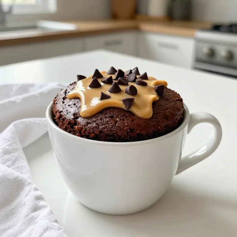 To make the perfect Chocolate Peanut Butter Mug Cake, you need these key ingredients: - 4 tablespoons all-purpose flour - 4 tablespoons granulated sugar - 2 tablespoons unsweetened cocoa powder - 1/8 teaspoon baking powder - 1/8 teaspoon salt - 3 tablespoons milk (any kind) - 2 tablespoons peanut butter - 1 tablespoon vegetable oil - 1/4 teaspoon vanilla extract These ingredients work together to create a rich, moist cake right in your mug. You can make this mug cake even better by adding: - Chocolate chips for extra chocolatey goodness - A sprinkle of sea salt for a sweet-salty mix - A dollop of whipped cream for a creamy finish These optional ingredients can elevate your dessert and make it more fun. If you don't have some ingredients, here are easy swaps: - Use whole wheat flour instead of all-purpose flour for added fiber. - Swap granulated sugar with brown sugar for a deeper flavor. - You can use any nut butter instead of peanut butter, like almond or cashew. - If you want a dairy-free option, try almond milk or coconut milk. These substitutions allow you to customize the cake while keeping it delicious. {{ingredient_image_1}} First, grab a large microwave-safe mug. It should hold about 12 ounces. Add the dry ingredients: - 4 tablespoons all-purpose flour - 4 tablespoons granulated sugar - 2 tablespoons unsweetened cocoa powder - 1/8 teaspoon baking powder - 1/8 teaspoon salt Mix these ingredients well with a fork. Make sure there are no lumps. This step sets the base for your cake. Next, add the wet ingredients to your dry mix: - 3 tablespoons milk (any kind) - 2 tablespoons peanut butter - 1 tablespoon vegetable oil - 1/4 teaspoon vanilla extract Stir everything until it forms a smooth batter. You want it creamy and lump-free. If you like chocolate chips, add a few now. They will melt and make your cake even richer. Now comes the fun part. Place your mug in the microwave. Cook it on high for 40 to 60 seconds. Start checking it at 40 seconds. The cake should be set but still moist in the center. Cooking times can change based on your microwave's power. You might need to adjust the time a bit. Carefully take the mug out of the microwave. It will be hot! Let it cool for one minute. Now, you can dig in. If you want a special touch, top it with whipped cream or a drizzle of melted peanut butter. Enjoy your quick and tasty dessert! To get the best texture in your mug cake, mix your dry and wet ingredients well. Make sure there are no lumps. A smooth batter leads to a fluffier cake. Use a microwave-safe mug that holds at least 12 ounces. This size gives the cake space to rise. When microwaving, check at 40 seconds. The cake should look set but still soft in the center. If it cooks too long, it can become tough. One common mistake is overmixing the batter. This can make the cake dense. Also, don't skip the baking powder; it helps the cake rise. Be careful not to overcook it; every microwave varies. Start with 40 seconds, then check. If your mug is too small, the batter might overflow. Always choose a large enough mug to prevent spills. You can change up the flavors easily. Try adding vanilla extract or almond extract for a twist. If you love chocolate, mix in some chocolate chips. You can also use different nut butters, like almond or cashew. To make it healthier, swap out sugar for a sweetener. You can also replace regular flour with almond or oat flour for a gluten-free option. The fun part is making it your own! Pro Tips Use a Larger Mug: Opt for a mug that holds at least 12 oz to prevent overflow during microwaving. Check Your Microwave: Microwaves vary in power; start with 40 seconds and add time if necessary for a perfectly set center. Experiment with Toppings: Enhance your mug cake with various toppings like whipped cream, melted chocolate, or crushed nuts for added flavor. Let It Cool: Allow the mug cake to cool for a minute before eating; this helps the texture firm up and makes it easier to enjoy. {{image_2}} You can change the flavor of your mug cake easily. Try using vanilla extract instead of the regular one. This gives a sweet, warm taste. Almond extract adds a nutty twist that pairs well with chocolate. You can also add a bit of almond flour for a fun texture. Toppings can take your mug cake to the next level. A scoop of ice cream on top makes it a treat. You can add whipped cream for a light touch. Drizzling melted chocolate or extra peanut butter adds richness. You might also try adding nuts or berries for extra flavor and crunch. You can make this cake fit many diets. Use almond flour or coconut flour instead of regular flour for a gluten-free option. For dairy-free, try almond milk or oat milk instead of regular milk. Look for dairy-free chocolate chips if you want to add chocolate. These swaps keep the taste great while fitting your needs. If you have leftover chocolate peanut butter mug cake, store it in an airtight container. This keeps the cake fresh and moist. Allow the cake to cool completely before sealing it. You can keep it at room temperature for one day. If you want it to last longer, place it in the fridge for up to three days. To reheat, use the microwave for about 10 to 15 seconds. This warms it up without drying it out. If it feels too cold, add a few more seconds. You can also add a tiny splash of milk while reheating. This adds moisture and keeps the cake soft. The ingredients in this mug cake vary in shelf life. All-purpose flour can last for one year if stored properly. Granulated sugar has an indefinite shelf life when kept dry. Cocoa powder can last up to two years. Peanut butter usually stays fresh for six months after opening, especially if you store it in the fridge. Always check for any signs of spoilage before using. The cooking time for this mug cake varies. Most microwaves cook in 40 to 60 seconds. Lower wattage microwaves may need more time. Higher wattage microwaves might cook it faster. Always start checking at 40 seconds. The cake should be firm but soft in the center. If it's too wet, give it another 10 seconds. You can mix the dry ingredients ahead of time. Just store them in a sealed container. When you're ready to eat, add the wet ingredients and microwave. I don't recommend making the whole cake in advance. It tastes best when fresh and warm. To make a larger batch, use a bigger bowl instead of a mug. Multiply each ingredient by the number of servings you want. For example, double the ingredients for two cakes. Mix everything in the bowl, then divide it into mugs. Microwave each mug separately. This keeps the texture perfect for each serving. You now have all the tools to make a fantastic mug cake. We covered key ingredients, helpful steps, and great tips for the best results. Remember, little changes can boost flavor. Don’t forget to store any extras right to keep them fresh. Try different flavors and toppings to find your favorite. This treat is easy to make, so enjoy experimenting. Have fun baking, and impress yourself with your tasty mug cake creations!