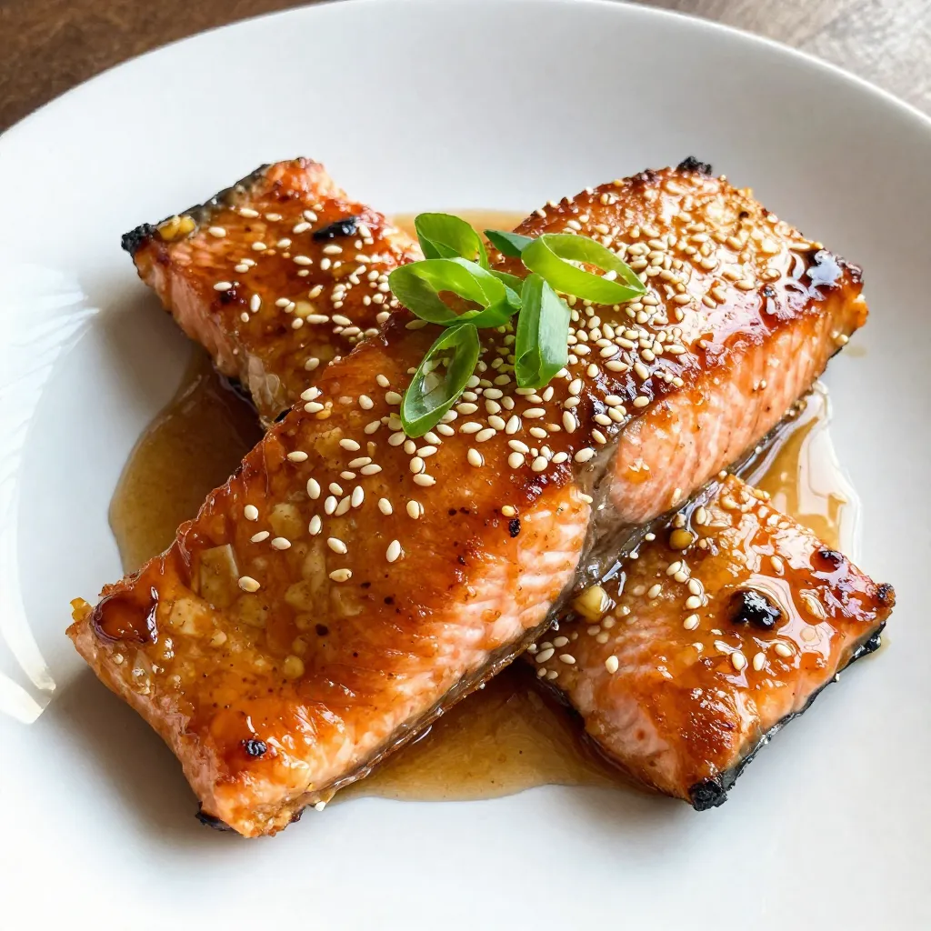 To make this dish, you need four salmon fillets. Each fillet should weigh about six ounces. Look for fresh, pink salmon for the best taste. The marinade is key to flavor. You will need: - 1/4 cup honey - 3 cloves garlic, minced - 1 tablespoon soy sauce (or tamari for gluten-free) - 1 tablespoon fresh ginger, grated - 1 tablespoon olive oil - Salt and pepper to taste Mix these ingredients together well. This mix adds a sweet and savory taste to the salmon. You can make your dish look nice with these garnishes: - 1 tablespoon sesame seeds - 2 green onions, chopped Adding these on top gives extra flavor and a nice look. Enjoy your cooking! {{ingredient_image_1}} To start, gather your ingredients. You need honey, garlic, soy sauce, ginger, and olive oil. In a small bowl, mix them together. Whisk until smooth and combined. This mixture is your marinade. It will add great flavor to the salmon. Next, take the salmon fillets. Place them in a shallow dish. Pour the marinade over the fish. Make sure each fillet is coated well. Cover the dish and refrigerate it. Let the salmon sit for at least 30 minutes. You can marinate it for up to 2 hours. This helps the fish absorb all that tasty flavor. Now, preheat your oven to 400°F (200°C). While it heats, line a baking dish with parchment paper. This makes cleanup easier. Arrange the salmon fillets skin-side down in the dish. Drizzle any leftover marinade over the top. Bake the salmon for about 12-15 minutes. The fish is done when it flakes easily with a fork. For a nice glaze, switch to broil for 2-3 minutes. Keep an eye on it to avoid burning. To get the best flavor, marinate the salmon correctly. Use a shallow dish for even coating. Pour the marinade over the salmon fillets. Make sure each piece is covered well. I recommend marinating for 30 minutes to 2 hours. If you marinate too long, the salmon may become mushy. Always cover the dish while it sits in the fridge. This keeps the flavors fresh. Cooking salmon can be simple. Preheat your oven to 400°F (200°C). Line your baking dish with parchment paper. This makes cleanup easy. Arrange the salmon skin-side down in the dish. Drizzle any leftover marinade over the top. Bake for 12-15 minutes. The salmon is done when it flakes easily with a fork. If you want a nice crust, broil it for the last few minutes. Watch closely to avoid burning. To get that sweet glaze, broiling is key. After baking, switch your oven to broil. Broil for 2-3 minutes, but don’t walk away! Keep an eye on the salmon. The glaze should bubble and turn golden brown. This adds a rich flavor and a lovely look. Let it rest for a couple of minutes before serving. This helps the juices settle back into the fish. Enjoy your beautiful honey garlic glazed salmon! Pro Tips Marinating Time: Allow the salmon to marinate for at least 30 minutes, but no longer than 2 hours. This ensures the flavors penetrate the fish without compromising its texture. Oven Temperature: Preheating the oven to 400°F (200°C) is crucial for achieving perfectly cooked salmon. A hot oven helps to caramelize the glaze. Checking Doneness: Salmon is done when it flakes easily with a fork and reaches an internal temperature of 145°F (63°C). Use a meat thermometer for accuracy. Garnishing: For added texture and flavor, sprinkle sesame seeds and chopped green onions just before serving. This enhances both the appearance and taste of the dish. {{image_2}} You can easily swap some ingredients for different flavors. If you need a gluten-free option, use tamari instead of soy sauce. For a vegan twist, try maple syrup in place of honey. You can also use agave syrup if you want a lighter sweetness. If you don't have fresh ginger, ground ginger works too, but use less. To make it even better, add some spices. A pinch of red pepper flakes gives heat. You can mix in orange juice for a citrus touch. A splash of rice vinegar adds a nice zing. Fresh herbs like cilantro or basil give a fresh taste. You can also add sesame oil for extra richness. You can cook honey garlic glazed salmon in various ways. Baking is easy and keeps the fish moist. Grilling adds a smoky flavor and nice grill marks. Pan-searing gives you a crisp skin and quick cooking time. You can also use an air fryer for a quick, crispy finish. Each method brings out different tastes and textures. To keep your honey garlic glazed salmon fresh, let it cool first. Place it in an airtight container. Store it in the fridge for up to three days. Make sure to keep it sealed to avoid drying out. If you have extra sauce, store that separately. It adds great flavor when you reheat! You can freeze the salmon, too! Wrap each fillet tightly in plastic wrap. Then, place them in a freezer-safe bag. Remove as much air as you can. This helps prevent freezer burn. Frozen salmon will stay good for up to three months. Just remember to label the bag with the date! When you're ready to enjoy leftovers, reheat with care. Place the salmon in a baking dish. Cover it with foil to keep it moist. Heat in the oven at 350°F (175°C) for about 15 minutes. If you prefer the microwave, use a low power setting. Heat for 30 seconds at a time until warm. Enjoy the delicious flavor again! You should marinate the salmon for at least 30 minutes. This gives the flavors time to soak in. However, you can marinate it for up to 2 hours. This longer time will deepen the taste. Avoid marinating for more than 2 hours. The fish can become too salty or mushy. You can serve this salmon with a variety of sides. Here are some great ideas: - Steamed broccoli - Brown rice - Quinoa - Mashed potatoes - Mixed green salad These sides balance the sweet and savory flavors of the salmon. You can also add a squeeze of lemon for a fresh kick. Yes, you can use skinless salmon fillets. The glaze will still stick well and taste great. Skin adds texture and helps keep the fish moist, but skinless works just fine. Make sure to watch the cooking time closely, as skinless fillets may cook faster. You learned about the key ingredients for a tasty honey garlic glazed salmon. We covered how to prepare the marinade, marinate the salmon, and bake and broil it perfectly. I shared tips for marinating and cooking techniques to get a nice glaze. You also got options for ingredient swaps and storage tips for leftovers. In conclusion, this dish is easy and delicious. Try it today for a tasty meal!