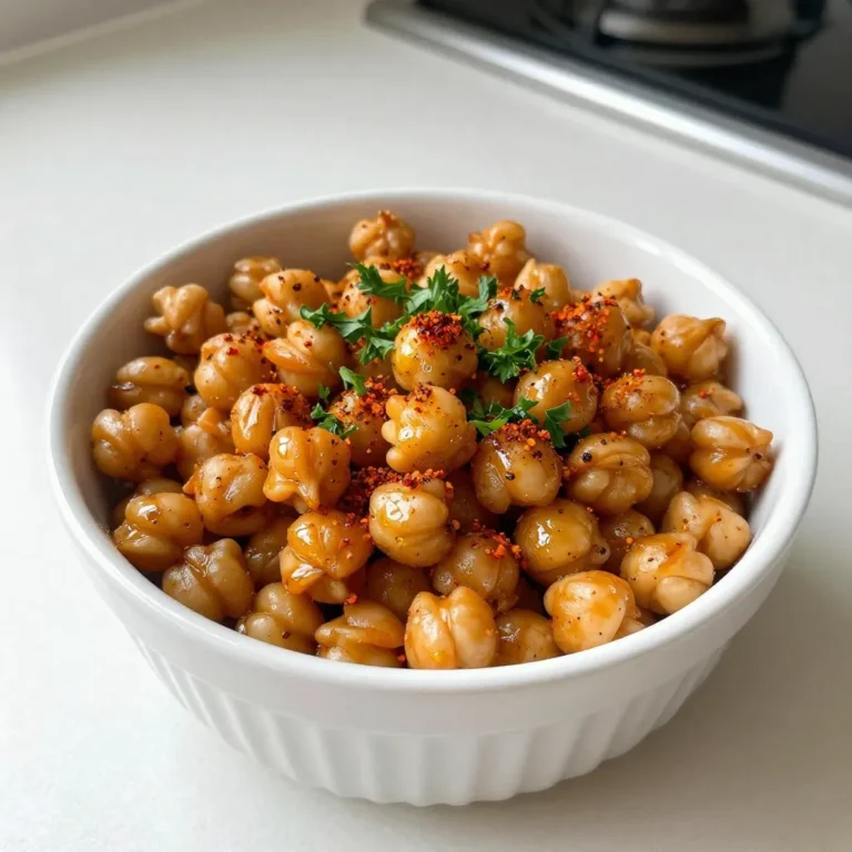 - 1 can (15 oz) chickpeas - 2 tablespoons olive oil - 1 teaspoon smoked paprika - 1 teaspoon garlic powder - 1/2 teaspoon cayenne pepper (adjust for spice level) - 1/2 teaspoon cumin - Salt to taste - Fresh parsley, chopped (for garnish, optional) You will need a single can of chickpeas for this snack. Make sure to drain and rinse them well. This step is crucial. It helps remove any canning liquid and excess salt. You want dry chickpeas for the best crunch. Next, you’ll use olive oil. Two tablespoons will help the spices stick. It also adds a nice flavor. Now, let’s talk about spices. The main stars are smoked paprika, garlic powder, cayenne pepper, and cumin. Each spice brings its own taste to the party. Smoked paprika adds a nice warmth. Garlic powder gives depth. Cayenne pepper offers heat. Cumin adds earthiness. You can adjust the cayenne to make it milder or spicier. Finally, don’t forget salt! It helps bring out all the flavors. If you want a pop of color, add chopped parsley to garnish. It’s not just pretty; it also adds freshness. Gather these ingredients, and you’re ready to create a crunchy and flavorful snack! {{ingredient_image_1}} 1. Preheat your oven to 400°F (200°C). Line a baking sheet with parchment paper. This helps the chickpeas cook evenly. 2. Drain and rinse the chickpeas under cold water. Use a colander for this step. 3. Dry the chickpeas using a kitchen towel or paper towels. Make sure they are completely dry. This is key for a crunchy snack. 1. In a mixing bowl, combine the dried chickpeas with 2 tablespoons of olive oil. 2. Add the spices: 1 teaspoon of smoked paprika, 1 teaspoon of garlic powder, 1/2 teaspoon of cayenne pepper, and 1/2 teaspoon of cumin. 3. Sprinkle in salt to taste. 4. Toss everything together until the chickpeas are well coated with the oil and spices. 1. Spread the chickpeas in a single layer on the prepared baking sheet. Make sure they are not crowded. 2. Roast in the preheated oven for 25-30 minutes. Shake the pan halfway through for even cooking. 3. Look for a golden brown color. Once they are crispy, remove them from the oven. 4. Let the chickpeas cool slightly before serving. If you want, garnish with chopped fresh parsley for a nice touch. To make your chickpeas extra crispy, start by drying them well. Use a kitchen towel or paper towels to remove all moisture. Wet chickpeas will steam instead of roast. This step is crucial for that perfect crunch. Next, set your oven to 400°F (200°C). This hot temperature helps the chickpeas roast quickly. If your oven is too cool, they may become soft instead of crispy. You can easily change the heat level by adjusting the cayenne pepper. If you like spicy snacks, keep the 1/2 teaspoon. For less heat, use 1/4 teaspoon or omit it. Feel free to experiment with other spices too. Try adding curry powder or taco seasoning for a fun twist. You can also mix in lemon zest for a bright flavor. These adjustments make the chickpeas your own special snack! Pro Tips Dry Chickpeas Thoroughly: Ensuring the chickpeas are completely dry before roasting is crucial for achieving that crunchy texture. Pat them down with a kitchen towel after rinsing. Adjust Spice Levels: Feel free to modify the amount of cayenne pepper to suit your taste. If you prefer a milder flavor, reduce the amount or omit it entirely. Even Spacing: Spread the chickpeas in a single layer on the baking sheet without overcrowding. This allows for even roasting and prevents them from steaming instead of crisping. Cool Before Serving: Let the roasted chickpeas cool slightly before serving. This will enhance their crunchiness and flavor as they settle. {{image_2}} You can easily jazz up your spicy roasted chickpeas. One fun way is to add lemon zest. This brightens the flavor and adds a fresh twist. Just a little zest goes a long way. It lifts the spices and makes every bite pop. Another option is to use different spice blends. For example, try curry powder for a warm flavor. Taco seasoning can give it a fun kick, too. Mix and match to find your favorite blend. Each spice blend will change the taste and keep things exciting. Pairing your chickpeas with dips makes for a tasty treat. Try spicy yogurt or hummus for a creamy contrast. These dips add richness and balance the heat from the spices. It’s a great way to enjoy the crunch. You can also toss the roasted chickpeas into salads or grain bowls. They add a nice crunch and protein boost. Sprinkle them on top for extra texture and flavor. This not only makes your meal heartier but also adds a fun twist to your dishes. To keep your baked chickpeas fresh, follow these tips: - Let them cool completely before storing. - Use an airtight container to prevent moisture. - Store them at room temperature for up to 3 days. - If you want to keep them longer, try the fridge. They last about a week in there. For best results, avoid using plastic bags, as they trap moisture. Glass containers work well and keep the crunch intact. When it's time to enjoy leftovers, reheating is key for crispiness: - Preheat your oven to 350°F (175°C). - Spread the chickpeas on a baking sheet in a single layer. - Bake for about 10-15 minutes, checking often. You can also use an air fryer for a quick reheat. It takes about 5 minutes at 350°F. Remember, these chickpeas will stay tasty for up to a week. Enjoy them in salads, snacks, or on their own! Yes, you can use dried chickpeas. You need to soak them first. Soak dried chickpeas in water overnight. After soaking, boil them until tender. This method takes longer but can add great flavor. This recipe is already vegetarian and vegan. The ingredients, like chickpeas and olive oil, are plant-based. You can enjoy this snack without any animal products. Spicy roasted chickpeas are a healthy snack. They are high in protein and fiber. A serving (about 1/4 cup) has around 120 calories. It contains about 6 grams of protein and 4 grams of fiber. Plus, they provide healthy fats from olive oil. Absolutely! You can change the cayenne pepper amount. For less heat, use less cayenne. For more heat, add extra. You can also try different spices, like chili powder or hot paprika. Store leftover chickpeas in an airtight container. Keep them at room temperature for up to three days. If you refrigerate them, they might lose their crunch. Yes! You can customize the flavors. Try adding lemon zest for freshness. You can also use spice blends like curry powder or taco seasoning for a twist. These chickpeas make a great snack on their own. You can also serve them with a spicy yogurt dip. They can add crunch to salads or grain bowls, too. In this blog post, we explored how to make spicy roasted chickpeas. We covered the key ingredients, step-by-step instructions, and helpful tips for an extra crispy snack. You can adjust spices for your taste and even try creative variations. Proper storage and reheating keep them tasty longer. Remember, this snack is easy, healthy, and fun to make. Enjoy your roasted chickpeas as a crunchy treat or a salad topper. Happy cooking!