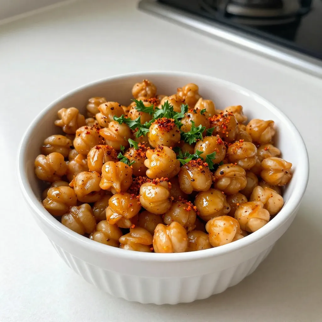 - 1 can (15 oz) chickpeas - 2 tablespoons olive oil - 1 teaspoon smoked paprika - 1 teaspoon garlic powder - 1/2 teaspoon cayenne pepper (adjust for spice level) - 1/2 teaspoon cumin - Salt to taste - Fresh parsley, chopped (for garnish, optional) You will need a single can of chickpeas for this snack. Make sure to drain and rinse them well. This step is crucial. It helps remove any canning liquid and excess salt. You want dry chickpeas for the best crunch. Next, you’ll use olive oil. Two tablespoons will help the spices stick. It also adds a nice flavor. Now, let’s talk about spices. The main stars are smoked paprika, garlic powder, cayenne pepper, and cumin. Each spice brings its own taste to the party. Smoked paprika adds a nice warmth. Garlic powder gives depth. Cayenne pepper offers heat. Cumin adds earthiness. You can adjust the cayenne to make it milder or spicier. Finally, don’t forget salt! It helps bring out all the flavors. If you want a pop of color, add chopped parsley to garnish. It’s not just pretty; it also adds freshness. Gather these ingredients, and you’re ready to create a crunchy and flavorful snack! {{ingredient_image_1}} 1. Preheat your oven to 400°F (200°C). Line a baking sheet with parchment paper. This helps the chickpeas cook evenly. 2. Drain and rinse the chickpeas under cold water. Use a colander for this step. 3. Dry the chickpeas using a kitchen towel or paper towels. Make sure they are completely dry. This is key for a crunchy snack. 1. In a mixing bowl, combine the dried chickpeas with 2 tablespoons of olive oil. 2. Add the spices: 1 teaspoon of smoked paprika, 1 teaspoon of garlic powder, 1/2 teaspoon of cayenne pepper, and 1/2 teaspoon of cumin. 3. Sprinkle in salt to taste. 4. Toss everything together until the chickpeas are well coated with the oil and spices. 1. Spread the chickpeas in a single layer on the prepared baking sheet. Make sure they are not crowded. 2. Roast in the preheated oven for 25-30 minutes. Shake the pan halfway through for even cooking. 3. Look for a golden brown color. Once they are crispy, remove them from the oven. 4. Let the chickpeas cool slightly before serving. If you want, garnish with chopped fresh parsley for a nice touch. To make your chickpeas extra crispy, start by drying them well. Use a kitchen towel or paper towels to remove all moisture. Wet chickpeas will steam instead of roast. This step is crucial for that perfect crunch. Next, set your oven to 400°F (200°C). This hot temperature helps the chickpeas roast quickly. If your oven is too cool, they may become soft instead of crispy. You can easily change the heat level by adjusting the cayenne pepper. If you like spicy snacks, keep the 1/2 teaspoon. For less heat, use 1/4 teaspoon or omit it. Feel free to experiment with other spices too. Try adding curry powder or taco seasoning for a fun twist. You can also mix in lemon zest for a bright flavor. These adjustments make the chickpeas your own special snack! Pro Tips Dry Chickpeas Thoroughly: Ensuring the chickpeas are completely dry before roasting is crucial for achieving that crunchy texture. Pat them down with a kitchen towel after rinsing. Adjust Spice Levels: Feel free to modify the amount of cayenne pepper to suit your taste. If you prefer a milder flavor, reduce the amount or omit it entirely. Even Spacing: Spread the chickpeas in a single layer on the baking sheet without overcrowding. This allows for even roasting and prevents them from steaming instead of crisping. Cool Before Serving: Let the roasted chickpeas cool slightly before serving. This will enhance their crunchiness and flavor as they settle. {{image_2}} You can easily jazz up your spicy roasted chickpeas. One fun way is to add lemon zest. This brightens the flavor and adds a fresh twist. Just a little zest goes a long way. It lifts the spices and makes every bite pop. Another option is to use different spice blends. For example, try curry powder for a warm flavor. Taco seasoning can give it a fun kick, too. Mix and match to find your favorite blend. Each spice blend will change the taste and keep things exciting. Pairing your chickpeas with dips makes for a tasty treat. Try spicy yogurt or hummus for a creamy contrast. These dips add richness and balance the heat from the spices. It’s a great way to enjoy the crunch. You can also toss the roasted chickpeas into salads or grain bowls. They add a nice crunch and protein boost. Sprinkle them on top for extra texture and flavor. This not only makes your meal heartier but also adds a fun twist to your dishes. To keep your baked chickpeas fresh, follow these tips: - Let them cool completely before storing. - Use an airtight container to prevent moisture. - Store them at room temperature for up to 3 days. - If you want to keep them longer, try the fridge. They last about a week in there. For best results, avoid using plastic bags, as they trap moisture. Glass containers work well and keep the crunch intact. When it's time to enjoy leftovers, reheating is key for crispiness: - Preheat your oven to 350°F (175°C). - Spread the chickpeas on a baking sheet in a single layer. - Bake for about 10-15 minutes, checking often. You can also use an air fryer for a quick reheat. It takes about 5 minutes at 350°F. Remember, these chickpeas will stay tasty for up to a week. Enjoy them in salads, snacks, or on their own! Yes, you can use dried chickpeas. You need to soak them first. Soak dried chickpeas in water overnight. After soaking, boil them until tender. This method takes longer but can add great flavor. This recipe is already vegetarian and vegan. The ingredients, like chickpeas and olive oil, are plant-based. You can enjoy this snack without any animal products. Spicy roasted chickpeas are a healthy snack. They are high in protein and fiber. A serving (about 1/4 cup) has around 120 calories. It contains about 6 grams of protein and 4 grams of fiber. Plus, they provide healthy fats from olive oil. Absolutely! You can change the cayenne pepper amount. For less heat, use less cayenne. For more heat, add extra. You can also try different spices, like chili powder or hot paprika. Store leftover chickpeas in an airtight container. Keep them at room temperature for up to three days. If you refrigerate them, they might lose their crunch. Yes! You can customize the flavors. Try adding lemon zest for freshness. You can also use spice blends like curry powder or taco seasoning for a twist. These chickpeas make a great snack on their own. You can also serve them with a spicy yogurt dip. They can add crunch to salads or grain bowls, too. In this blog post, we explored how to make spicy roasted chickpeas. We covered the key ingredients, step-by-step instructions, and helpful tips for an extra crispy snack. You can adjust spices for your taste and even try creative variations. Proper storage and reheating keep them tasty longer. Remember, this snack is easy, healthy, and fun to make. Enjoy your roasted chickpeas as a crunchy treat or a salad topper. Happy cooking!