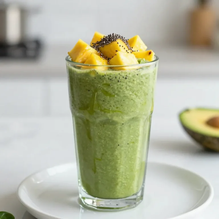 - 1 cup fresh spinach - 1 ripe banana - 1/2 cup pineapple chunks (fresh or frozen) - 1/2 cup mango chunks (fresh or frozen) - 1/2 avocado - 1 cup coconut water - 1 tablespoon chia seeds - 1 tablespoon honey or agave syrup (optional) - Ice cubes (optional, for a thicker texture) Fresh spinach is full of vitamins A and C. It helps keep your skin clear and healthy. Bananas give you energy and help with digestion. Pineapple has bromelain, which aids in digestion and reduces inflammation. Mango is rich in antioxidants and boosts your immune system. Avocado provides healthy fats that are good for your heart. Coconut water keeps you hydrated and has potassium, which is great for muscle function. Chia seeds are tiny powerhouses full of fiber, protein, and omega-3 fatty acids. If you like it sweeter, honey or agave syrup can add a touch of sweetness without too many calories. When choosing fruits, look for vibrant colors and a fresh smell. For bananas, pick ones that are yellow with some brown spots. This means they are ripe and sweet. Pineapples should feel heavy for their size and have a sweet scent at the base. For mangoes, press gently; they should give slightly when ripe. Avocados should feel soft but not mushy. If they are hard, leave them out for a few days. Fresh fruits make your smoothie taste better and more refreshing. {{ingredient_image_1}} To make the Tropical Green Smoothie, start by gathering all your ingredients. In your blender, add 1 cup of fresh spinach, 1 ripe banana, 1/2 cup of pineapple chunks, 1/2 cup of mango chunks, and 1/2 avocado. These fruits and veggies will give your smoothie a bright taste and a creamy texture. Next, pour in 1 cup of coconut water. This will help everything blend smoothly. Now, add 1 tablespoon of chia seeds for a boost in fiber and omega-3s. If you like it sweeter, you can add 1 tablespoon of honey or agave syrup. Blend on high speed until all the ingredients are creamy and well mixed. If you want a thicker smoothie, toss in a few ice cubes and blend again. Taste your smoothie and adjust the sweetness or thickness as you like. When you’re happy with the taste and texture, pour it into a tall glass. To change the texture of your smoothie, you can add more or less coconut water. If it’s too thick, add a little more. If you like it thicker, add more ice cubes. For sweetness, start with the honey or agave syrup. After blending, taste it. If it needs more sweetness, just add a bit more syrup and blend again. For the best results, use a high-speed blender. It will make your smoothie smooth and creamy. If you don’t have a high-speed blender, don’t worry! A regular blender will work too, but you may need to blend a little longer. Make sure to use a measuring cup for the ingredients to keep everything balanced. Enjoy your smoothie right away for the best taste and freshness! To make the best tropical green smoothie, start with the right order. Always add liquids first. Pour in your coconut water before the fruits and greens. This helps the blades move freely. Next, add soft items like banana and avocado. Then, add the spinach and frozen fruits. This order makes blending smooth and easy. For a creamier texture, use a ripe avocado. It adds a rich and smooth feel. You can also add ice cubes for thickness. Blend until everything is creamy. If it's too thick, add more coconut water. Blend again until you reach your desired texture. One common mistake is overloading the blender. Too many ingredients can lead to uneven blending. Stick to the amounts in the recipe. Another mistake is skipping the sweetener. If your smoothie tastes too green, a little honey or agave can help. Finally, don’t forget to taste your smoothie. Adjust sweetness and texture as you blend. Pro Tips Use Frozen Fruit: Using frozen pineapple or mango can make your smoothie colder and thicker without needing extra ice. Boost Nutrients: Consider adding a scoop of protein powder or a handful of nuts for an added protein boost. Experiment with Greens: If you're not a fan of spinach, try kale or Swiss chard for variety in flavor and nutrients. Adjust Consistency: If your smoothie is too thick, add more coconut water a little at a time until you reach your desired consistency. {{image_2}} You can change the fruits in your Tropical Green Smoothie to keep it fun. Try using strawberries instead of mango. Or, swap out pineapple for kiwi. Each fruit adds a unique taste. You can also mix in some blueberries for extra color and flavor. The key is to choose ripe fruits for the best taste. Want to boost the health benefits? Add superfoods! You can mix in protein powder for extra energy. Spirulina is another great option; it’s packed with nutrients. Adding flaxseeds offers healthy fats. Each superfood brings its own health perks. Just be careful not to add too much; a little goes a long way. To make your smoothie vegan, skip honey and use agave syrup instead. All the other ingredients are already plant-based. If you want a creamier texture, try using almond milk instead of coconut water. This switch gives a nice nutty flavor and keeps it dairy-free. Enjoy your smoothie guilt-free! If you have leftover tropical green smoothie, store it right away. Use an airtight container. This keeps air out and helps maintain freshness. Place it in the fridge. Enjoy it within 24 hours for the best taste. If it separates, just shake or stir before drinking. Freezing ingredients is a great idea. You can freeze ripe bananas, pineapple, and mango chunks. Just chop them first. Lay them flat on a tray and freeze until solid. Then, transfer them to a freezer bag. This way, you can grab them easily for future smoothies. Spinach can also be frozen. Wash it, dry it well, and pack it into bags. Meal prepping smoothies can save time. Prepare the ingredients in bags. You can mix spinach, fruits, and chia seeds in each bag. Label them with the date. When you’re ready, just add coconut water and blend. This keeps your smoothie fresh and tasty. Enjoy making healthy choices with ease! If you need an alternative to coconut water, try using almond milk or regular water. Almond milk adds a nutty taste while keeping it light. Regular water works too, but it may not have the same tropical flavor. You can also use a mix of pineapple juice and water for a sweeter touch. Yes, you can use other greens! Kale is a great choice and adds a nice texture. Swiss chard or romaine lettuce work well too. Each green has its own flavor, so feel free to experiment. Just remember to wash your greens thoroughly to remove any dirt or grit. A green smoothie typically lasts about 24 to 48 hours in the fridge. To keep it fresh, store it in a sealed container. The color may change, but it should still taste good. If you notice separation, simply shake or stir before drinking. In this blog post, we explored great tropical smoothie recipes. We discussed key ingredients and their health benefits. I shared tips for picking the best fruits and provided step-by-step blending instructions. You learned how to customize your smoothie for taste and texture. Remember, making smoothies can be fun and healthy. Try different fruits and superfoods for new flavors. Avoid common mistakes to make every sip smooth and creamy. Happy blending!