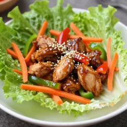 For the teriyaki chicken lettuce cups, you will need: - 1 lb (450g) chicken breast, finely diced - 1 tablespoon sesame oil - 2 cloves garlic, minced - 1 inch ginger, grated - 1/4 cup soy sauce (or tamari for gluten-free) - 2 tablespoons honey or maple syrup - 1 tablespoon rice vinegar - 1 teaspoon cornstarch mixed with 2 tablespoons water - 1/2 cup carrots, grated - 1/2 cup bell peppers, finely chopped - 1/4 cup green onions, thinly sliced - 1 head of butter lettuce or iceberg lettuce, leaves separated - Sesame seeds for garnish You can add extra flavors or textures to your cups: - Chopped nuts for a crunchy bite - Cilantro or mint for fresh herbs - Chili flakes for some heat - Cucumber or avocado for creaminess If you have dietary needs, here are some swaps: - Use ground chicken or turkey instead of breast. - Swap honey with agave or maple syrup for a vegan option. - Choose coconut aminos over soy sauce for a lower sodium choice. - Use any crunchy vegetable if you can't find carrots or bell peppers. {{ingredient_image_1}} To start, heat 1 tablespoon of sesame oil in a large skillet over medium-high heat. Once the oil is hot, add 2 cloves of minced garlic and 1 inch of grated ginger. Saut&eacute; this for around 30 seconds. You want to smell the garlic and ginger but not burn them. Next, add 1 pound of finely diced chicken breast. Cook this chicken for 5 to 7 minutes until it is browned and fully cooked. Stir often to avoid sticking. While the chicken cooks, grab a small bowl. In it, whisk together 1/4 cup of soy sauce, 2 tablespoons of honey or maple syrup, and 1 tablespoon of rice vinegar. Then, mix 1 teaspoon of cornstarch with 2 tablespoons of water in another small bowl. This will help to thicken the sauce later. Once the chicken is done, pour the sauce mixture over the chicken. Stir this mixture until it thickens, which should take about 2 to 3 minutes. Now it&rsquo;s time to add some crunch! Mix in 1/2 cup of grated carrots and 1/2 cup of finely chopped bell peppers into the chicken. Cook this for 1 to 2 minutes, just until the veggies are slightly tender. Finally, remove the skillet from heat and stir in 1/4 cup of thinly sliced green onions. To serve, take a head of butter lettuce or iceberg lettuce and separate the leaves. Spoon the teriyaki chicken mixture into the leaves, making cups. Garnish each cup with sesame seeds for a lovely touch before enjoying! To make your teriyaki chicken burst with flavor, start by using fresh garlic and ginger. These ingredients add depth and warmth to the dish. Saut&eacute; them in sesame oil until they smell amazing. This step wakes up the flavors. Cook the chicken until it&rsquo;s golden brown. Browning adds a nice texture and taste. When you add the sauce, let it simmer for a bit. This helps it stick to the chicken and coat it well. You will need some simple tools to make this recipe smooth. A large skillet works well for cooking the chicken. Use a whisk to mix the sauce and prevent lumps. A cutting board and sharp knife help you chop the veggies neatly. Grab a spoon to serve the mixture into the lettuce cups. Lastly, a small bowl is handy for mixing the cornstarch with water. Serve the teriyaki chicken in crisp lettuce leaves as cups. This makes a fun, hands-on meal. You can add extra toppings like sesame seeds for crunch. Sliced cucumbers or avocado also make great additions. Pair these cups with a side of rice or a light salad. This adds more texture and flavor to your meal. Enjoy the fresh, vibrant colors on your plate. Pro Tips Use Fresh Ingredients: Fresh vegetables and high-quality chicken enhance the flavor and texture of your lettuce cups. Customize Your Veggies: Feel free to add or substitute other vegetables like zucchini or snap peas for added flavor and color. Make It Spicy: Add a dash of sriracha or red pepper flakes to the sauce for a spicy kick that complements the sweetness. Serve Immediately: For the best texture, serve the lettuce cups right after assembling to keep the leaves crisp and fresh. {{image_2}} You can make Teriyaki Chicken Lettuce Cups vegetarian or vegan easily. Instead of chicken, use diced tofu or tempeh. Both options soak up the sauce well. For a hearty texture, press the tofu to remove excess water before cooking. Cook the tofu until golden brown. Use the same sauce recipe to keep that sweet and savory flavor. For a low-carb or keto version, skip the honey or maple syrup. Use a sugar-free sweetener instead. You can also add more veggies like zucchini or mushrooms for extra bulk. These choices keep the dish filling without the carbs. Always check the nutritional labels on sauces to ensure they fit your diet. You can mix up the flavor in your Teriyaki Chicken Lettuce Cups. Try adding a splash of sriracha for heat. You can also use different sauces like hoisin for a twist. Add fresh herbs like cilantro or basil to brighten the taste. With each change, you create a new flavor journey in your lettuce cups. You can keep leftover teriyaki chicken in the fridge. Place it in an airtight container. It stays fresh for 3 to 4 days. Make sure to separate the chicken from the lettuce. This keeps the lettuce crisp. To freeze teriyaki chicken, let it cool first. Place it in a freezer-safe bag. Remove as much air as you can. It&rsquo;s best used within 2 to 3 months. You can freeze the chicken, but not the lettuce. Lettuce does not freeze well. To reheat, you can use a skillet over medium heat. Add a splash of water to keep it moist. Heat for about 5 minutes until warm. You can also microwave it in short bursts. Stir in between to heat evenly. Serve it fresh in new lettuce cups for the best taste. For lettuce cups, I love using butter lettuce or iceberg lettuce. Butter lettuce has soft, tender leaves that wrap nicely around the filling. Iceberg lettuce is crisp and holds its shape well. Both types add a fresh crunch to your Teriyaki Chicken Lettuce Cups. Yes, you can make Teriyaki Chicken ahead of time. Cook the chicken and sauce, then store it in the fridge for up to three days. When you're ready to serve, just reheat the chicken mixture. This makes for a quick and easy meal on busy days. To make the dish gluten-free, simply use tamari instead of regular soy sauce. Tamari is a gluten-free option that tastes great in this recipe. Always check labels to ensure other ingredients are also gluten-free. You can serve Teriyaki Chicken Lettuce Cups with steamed rice or quinoa for a filling meal. A side of fresh veggies or a light salad also pairs well. For a fun twist, try making a dipping sauce with soy sauce and sesame oil for extra flavor. You learned how to make tasty Teriyaki Chicken Lettuce Cups. We covered key ingredients, step-by-step cooking, and helpful tips. You can customize the dish to fit your needs, whether you're vegan or on a low-carb diet. Proper storage ensures your cups stay fresh for later. Enjoy your cooking and serving experience! This dish not only tastes great but also allows for creativity. Try new flavors and variations to find your favorite style. I hope you love making this dish as much as I do.