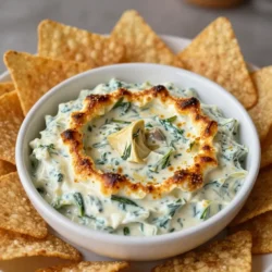 To make Cheesy Spinach Artichoke Dip, you need these simple ingredients: - 1 cup fresh spinach, chopped - 1 cup canned artichoke hearts, drained and chopped - 1 cup cream cheese, softened - 1/2 cup sour cream - 1 cup shredded mozzarella cheese - 1/2 cup grated Parmesan cheese - 1 clove garlic, minced - 1/2 teaspoon onion powder - 1/2 teaspoon red pepper flakes (optional) - Salt and pepper to taste - Tortilla chips or sliced baguette for serving You can easily swap some items to fit your taste or needs: - Use frozen spinach if fresh is not available. Just thaw and drain it well. - Swap canned artichokes with fresh ones, but make sure to cook them first. - Cream cheese can be replaced with Greek yogurt for a lighter option. - If you don&rsquo;t have mozzarella, try other cheeses like cheddar or gouda. - Skip the red pepper flakes for a milder dip, or use jalape&ntilde;os for more heat. This dip is rich and tasty, but it also has some calories. Here&rsquo;s a quick breakdown per serving (assuming 8 servings): - Calories: 175 - Total Fat: 12g - Saturated Fat: 7g - Cholesterol: 40mg - Sodium: 250mg - Total Carbohydrates: 6g - Dietary Fiber: 1g - Sugars: 1g - Protein: 7g Knowing the nutritional info helps you enjoy this dip while keeping balance in your diet. {{ingredient_image_1}} 1. Preheat your oven to 350&deg;F (175&deg;C). This step warms up your oven. 2. In a large bowl, mix the softened cream cheese, sour cream, and minced garlic. Stir until the mix is smooth. 3. Add in the chopped spinach and artichoke hearts. 4. Stir in the mozzarella and Parmesan cheeses. This makes the dip cheesy and rich. 5. Sprinkle in the onion powder, red pepper flakes, salt, and pepper. Mix until all ingredients blend well. 1. Transfer the mixture to a baking dish. Spread it out evenly. 2. Bake in the oven for 20-25 minutes. Look for bubbling and a golden top. 3. Remove the dish from the oven. Let it cool for a few minutes before serving. - Soften the cream cheese before mixing. This helps it blend easily. - Mix ingredients well to avoid clumps. - Use a spatula to fold in the spinach and artichokes gently. This keeps the mix light and fluffy. You can prepare Cheesy Spinach Artichoke Dip ahead of time. Mix all the ingredients as stated in the recipe. Once mixed, place it in a baking dish. Cover it with plastic wrap and store it in the fridge. When you're ready to bake, just remove it from the fridge. Let it sit for about 15 minutes before baking. This helps it bake evenly. Tortilla chips and sliced baguette make great dips. Both options are crunchy and hold up well. You can also try fresh veggies like carrots, celery, or bell peppers. They add color and crunch. For a fun twist, use pita chips or crackers. Each choice gives a unique taste and texture. Serve the dip warm for the best flavor. Place it in the center of your table. Surround it with your chosen dips. This makes it easy for guests to grab a bite. You can also add small bowls of olives or pickles for extra flavor. Pairing drinks with the dip can elevate the experience. A light white wine or sparkling water works well. Don&rsquo;t forget napkins for easy cleanup! Pro Tips Use Fresh Ingredients: Fresh spinach and high-quality artichokes will enhance the flavor and texture of your dip. Add Extra Cheese: For a cheesier dip, consider adding more mozzarella or a blend of your favorite cheeses. Serve Immediately: This dip is best enjoyed warm, so serve it right after baking for the ultimate cheesy experience. Customize Spice Level: Adjust the amount of red pepper flakes based on your preference for heat. {{image_2}} You can add a creamy twist with avocado. Simply mash one ripe avocado and mix it into your dip. This adds a rich texture and a fresh taste. Avocado pairs well with spinach and artichokes. It also gives a nice green color. Your guests will love this new layer of flavor. If you like heat, try adding jalape&ntilde;os or diced green chiles. Mix in one finely chopped jalape&ntilde;o to the dip for a spicy kick. You can also add extra red pepper flakes. This version wakes up the classic dip and adds excitement. Serve it with tortilla chips for a fun, zesty treat. To make a vegan dip, swap out dairy for plant-based products. Use vegan cream cheese and sour cream instead. Nutritional yeast can add a cheesy flavor without dairy. Blend in chopped spinach and artichokes just like the original. This option is great for guests with dietary needs and tastes just as good! After your party, store any leftover dip in an airtight container. Keep it in the fridge. It&rsquo;s best to eat it within three days. If you want to enjoy it later, make sure it cools first. This keeps the texture nice. To reheat your dip, place it in a baking dish. Preheat your oven to 350&deg;F (175&deg;C). Bake for about 15 minutes, or until it&rsquo;s hot and bubbly again. You can also use a microwave. Heat it in short bursts of 30 seconds, stirring between each burst. This helps to warm it evenly. You can freeze Cheesy Spinach Artichoke Dip, but it might change texture. To freeze, put it in a freezer-safe container. Make sure it&rsquo;s tightly sealed. Label with the date too. It can last up to two months in the freezer. When you want to eat it, thaw it in the fridge overnight before reheating. Yes, you can use frozen spinach. Just make sure to thaw it first. Squeeze out the extra water after thawing. This keeps your dip from getting too watery. Frozen spinach works well in this recipe. It still gives you that great spinach flavor. This dip pairs well with many tasty options. I suggest using tortilla chips for a crunchy bite. Sliced baguette is also a great choice. You can even try it with fresh veggies like carrots and celery. These add a nice, healthy crunch to your dip experience. To add more heat, try red pepper flakes. You can add more than 1/2 teaspoon if you like it hot. Another option is to mix in some diced jalape&ntilde;os. They will bring a nice kick. Adjust the spices to match your taste. Enjoy experimenting with the flavors! This blog post covered how to make a tasty Cheesy Spinach Artichoke Dip. We explored key ingredients, substitutions, and nutritional details. I shared clear steps for preparation and baking, along with tips for a smooth mix. We also discussed how to make it ahead, serve it at parties, and various tasty variations like vegan options. In the end, this dip is great for any gathering. Enjoy experimenting and make it your own!