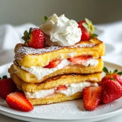 To make this tasty Strawberry Cheesecake French Toast, you need a few key items: - 4 slices of thick brioche or challah bread - 1/2 cup cream cheese, softened - 1/4 cup powdered sugar - 1 teaspoon vanilla extract - 1 cup fresh strawberries, hulled and sliced - 2 eggs - 1/2 cup milk - 1 teaspoon cinnamon - A pinch of salt - 2 tablespoons unsalted butter These ingredients give the dish its rich and creamy flavor. The brioche or challah bread adds a soft texture that works well with the creamy filling. You can make your French toast even better with these toppings: - Whipped cream - Extra strawberries - Maple syrup These toppings add sweetness and freshness. You can mix and match them to suit your taste. I love adding extra strawberries and a drizzle of maple syrup for a lovely finish! {{ingredient_image_1}} To start, grab a mixing bowl. In it, combine 1/2 cup of softened cream cheese, 1/4 cup of powdered sugar, and 1 teaspoon of vanilla extract. Use a hand mixer or a whisk to mix these ingredients until smooth and creamy. This step is key for the rich flavor you want. Once it reaches a nice texture, set it aside for later. Now, take another bowl and whisk together 2 eggs, 1/2 cup of milk, 1 teaspoon of cinnamon, and a pinch of salt. Make sure to mix well until everything blends together. This mixture will coat the bread, giving it that delicious French toast taste. Next, preheat your skillet or griddle over medium heat. Add 1 tablespoon of unsalted butter and let it melt, coating the surface. Take one slice of thick brioche or challah bread. Spread a generous layer of the cream cheese mixture on one side. Top it with sliced strawberries, then place another slice of bread on top to make a sandwich. Carefully dip the sandwich into the egg mixture. Ensure both sides get coated but avoid making it soggy. Place the sandwich on the skillet and cook for about 3-4 minutes on each side. Look for a golden brown color, which shows it&rsquo;s ready. Repeat this with the other slices, adding more butter as needed. Once cooked, remove the French toast and slice each sandwich in half. Arrange them on a plate, topping with extra strawberries and a dollop of whipped cream. Enjoy this delightful treat! To prevent sogginess in your French toast, let the bread soak in the egg mix for just a moment. This keeps it from getting too wet. I like to dip each side of the sandwich quickly. For a golden color, cook on medium heat. Too high and the outside burns before the inside cooks. Flip the toast only when the first side is golden. Adding spices gives your French toast a boost. I like to use a pinch of nutmeg or a dash of cardamom. These spices add warmth and depth to the flavor. Using flavored cream cheese can change the game. Try strawberry or vanilla cream cheese for an extra kick. You can even mix in some lemon zest for a fresh twist! Pro Tips Choose the Right Bread: Using thick brioche or challah bread will give your French toast a rich flavor and fluffy texture. These breads soak up the egg mixture beautifully without getting too soggy. Prepare a Flavorful Egg Mixture: Whisking in cinnamon and a pinch of salt enhances the taste of the French toast. Don&rsquo;t skip the cinnamon, as it adds warmth and depth to the dish. Cook at the Right Temperature: Make sure your skillet is preheated to medium heat. This ensures an even cooking process, resulting in a golden brown crust without burning. Presentation Matters: Dust the finished French toast with powdered sugar and add a drizzle of maple syrup. Garnishing with fresh strawberries and whipped cream not only makes it visually appealing but enhances the overall flavor. {{image_2}} You can switch up the fruit in your Strawberry Cheesecake French Toast. Using other berries or fruits can give you new flavors. Blueberries or raspberries work well. They add a tart taste that balances the sweetness. You can also use bananas or peaches for a different twist. Seasonal fruits are fun to try. In summer, use ripe cherries or blackberries. In fall, think about apples or pears. Each fruit brings its own taste and texture. This way, your dish stays fresh and exciting all year. If you need a gluten-free option, you can substitute the bread. Look for gluten-free brioche or challah. Many brands make tasty gluten-free bread. You can also use gluten-free pancakes for a fun change. When choosing gluten-free bread, check for texture. It should be thick enough to hold the filling. This will help you create a great sandwich. Your Strawberry Cheesecake French Toast will still taste amazing! After you enjoy your Strawberry Cheesecake French Toast, you may have leftovers. To keep them fresh, place the slices in an airtight container. You can store them in the refrigerator for up to three days. Make sure to let them cool completely before sealing the container. This way, they won&rsquo;t get soggy. If you want to keep them for a longer time, freezing is a great option. Wrap each slice in plastic wrap or aluminum foil. Then, place the wrapped slices in a freezer bag. This method helps prevent freezer burn. You can freeze them for up to two months. Just remember to label the bag with the date. When it's time to enjoy your leftovers, reheating is easy. The best way to reheat Strawberry Cheesecake French Toast is in the oven. Preheat your oven to 350&deg;F (175&deg;C). Place the slices on a baking sheet and cover them with foil. Heat for about 10-15 minutes. This keeps them warm and crispy. You can also reheat them in a skillet. Heat a small amount of butter over medium heat. Add the slices and cook for about 2-3 minutes on each side. This method helps keep the outside crisp while warming the inside. Avoid using the microwave, as it can make the French toast soggy. Yes, you can prepare parts early. Mix the cream cheese, powdered sugar, and vanilla first. Store this filling in the fridge for up to two days. You can also slice the bread ahead of time. Just keep it in an airtight container. This way, you save time when you are ready to cook. If you want a dairy-free option, use a vegan cream cheese. Another choice is to blend silken tofu with a bit of lemon juice. It gives a similar creamy texture. You can also use cashew cream for a nutty flavor. Just soak cashews in water, then blend until smooth. To reduce calories, use whole grain bread instead of brioche. You can cut down on sugar by using less powdered sugar in the cream cheese mix. Try using honey or maple syrup instead. For a lighter touch, swap whole milk for almond milk or skim milk. In this blog, we explored how to make Strawberry Cheesecake French Toast. We covered essential ingredients, like thick brioche and a creamy filling. I shared step-by-step instructions for mixing, cooking, and serving. Tips helped you achieve the perfect texture and flavor. You can simplify this recipe with fruit swaps or gluten-free options. Finally, I gave you storage tips for leftovers. Enjoy this tasty treat with your favorite toppings. Cooking can be fun, and this dish brings joy to any breakfast table.