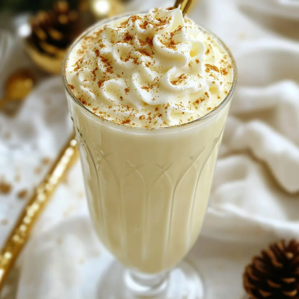 To make a tasty creamy eggnog milkshake, you need a few key items. Here’s what you will need: - 2 cups eggnog (store-bought or homemade) - 1 cup vanilla ice cream - 1/2 teaspoon ground nutmeg (plus extra for garnish) - 1/2 teaspoon ground cinnamon - 1/4 teaspoon vanilla extract - A pinch of sea salt These ingredients combine to create a rich and creamy drink. Eggnog gives it a festive flavor, while the ice cream adds a thick texture. The spices bring warmth and a holiday feel. You can make your milkshake even more festive with some fun toppings. Here are a few ideas: - Whipped cream (for topping) - A sprinkle of extra nutmeg or cinnamon - Festive straws for serving These garnishes not only look pretty but also add more flavor. You can experiment with different toppings to find your favorite. If you want to change things up, you can swap some ingredients. Here are some ideas: - Use dairy-free eggnog for a vegan option. - Try chocolate or coffee ice cream instead of vanilla for a twist. - Omit the whipped cream for a lighter version. These swaps can help you cater to different diets and preferences. Don’t be afraid to get creative and make this recipe your own! {{ingredient_image_1}} To start, gather your ingredients. You need 2 cups of eggnog, 1 cup of vanilla ice cream, and some spices. Measure out 1/2 teaspoon of ground nutmeg and ground cinnamon. Also, grab 1/4 teaspoon of vanilla extract and a pinch of sea salt. Next, add all these ingredients to your blender. Pour in the eggnog first. Then, add the ice cream. Sprinkle in the nutmeg, cinnamon, and salt. The salt helps enhance the flavors. Blend the mixture on high speed. This should take about 30 to 45 seconds. Watch for a smooth and creamy texture. If it seems too thick, add a little more eggnog. If it’s too thin, toss in more ice cream. Always taste your milkshake. Adjust the sweetness if needed. You can add a bit more eggnog or ice cream to get it just right. Pour your milkshake into chilled glasses. This keeps it cold for longer. Next, top the milkshake with whipped cream. For that festive touch, sprinkle extra nutmeg on top. You can also use festive straws for a fun look. If you want more flavor, add a sprinkle of cinnamon. Serve this delightful drink right away for the best taste! To make your creamy eggnog milkshake even better, try adding a few extra flavors. You can use a bit of almond extract for a nutty twist. A splash of rum or bourbon can give it warmth for adults. If you like chocolate, mix in some chocolate syrup for a fun twist. Always taste the mix and adjust as you go. This way, you can find your perfect balance of flavors. The right glass can make your milkshake look festive. Use tall, clear glasses to show off the creamy layers. You can also use mason jars for a rustic feel. Chilling your glasses in the freezer before pouring helps keep your milkshake cold. Adding a festive straw can make it even more fun for your guests. One common mistake is using warm eggnog. Always start with chilled eggnog to keep your milkshake creamy. Blending too long can make it too thin. Blend just until smooth. If your milkshake is too thick, add a splash of eggnog to loosen it. Lastly, don’t skip the whipped cream topping; it adds flavor and flair! Pro Tips Use Chilled Ingredients: Make sure your eggnog and glasses are chilled before preparation to keep your milkshake extra refreshing. Experiment with Flavors: Feel free to add a splash of rum extract or your favorite flavored syrup for a unique twist on this classic recipe. Garnish Creatively: Besides nutmeg, consider adding crushed peppermint or chocolate shavings on top of the whipped cream for a festive touch. Adjust Consistency: For a thicker milkshake, increase the amount of vanilla ice cream; for a thinner consistency, add more eggnog. {{image_2}} You can take your creamy eggnog milkshake to the next level by adding a dash of rum or bourbon. A shot of spiced rum adds warmth and depth to the flavor. Bourbon gives it a rich, sweet note. Just mix in one to two ounces per serving for a festive twist. For a fun touch, garnish with a cinnamon stick or candy cane. If you want a dairy-free option, try using almond milk or coconut milk instead of eggnog. You can also swap vanilla ice cream for a dairy-free version made from cashews or coconut. This way, you keep that creamy texture and delicious flavor while making it suitable for everyone. Blend it just like the original recipe for a delightful treat. Get creative with seasonal flavors! Consider adding a splash of peppermint extract for a minty kick. You can also experiment with flavors like pumpkin pie spice or gingerbread. Just a pinch can make your milkshake feel even more festive. These small changes can create a new favorite holiday drink that you'll want to share with family and friends. If you have some milkshake left over, store it in an airtight container. This keeps it fresh. Place it in the fridge for up to two days. Shake or stir it well before drinking. The milkshake may separate, but that's normal. You can freeze the milkshake mix if you want to save it longer. Pour the mix into ice cube trays. Once frozen, transfer the cubes to a freezer bag. This method helps preserve the flavor and texture. You can blend the cubes later for a quick treat. To enjoy your milkshake again, blend the frozen cubes with a little eggnog. This brings back the creamy texture. If it's too thick, add more eggnog. Blend until smooth. Always serve immediately for the best taste! Yes, you can make this milkshake ahead of time. However, it tastes best fresh. If you want to prepare it early, blend all the ingredients. Then, store it in the fridge for a few hours. Just remember, it may lose some creaminess and thickness. You can use many options instead of vanilla ice cream. Try using frozen yogurt for a lighter choice. You can also use non-dairy ice cream if you want a dairy-free option. Another choice is frozen banana. It adds a nice sweetness and creaminess. Yes, you can make a healthier version of this milkshake. Use unsweetened almond milk instead of eggnog. You can also add a scoop of protein powder for extra nutrition. Use a little honey or maple syrup for sweetness. Lastly, consider Greek yogurt instead of ice cream. It keeps the creaminess while adding protein. To sum up, we explored how to make a creamy eggnog milkshake. We discussed the key ingredients, including optional garnishes and possible swaps. You learned how to prepare the base, blend for creaminess, and serve it right. We also shared tips to enhance flavors and avoid common mistakes. Lastly, we covered variations, storage methods, and answered frequently asked questions. If you follow these steps, you’ll make a delicious drink for any occasion. Enjoy your eggnog milkshake experience!