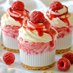 To make these delightful Raspberry Cheesecake Mousse Cups, you need a few simple ingredients. Each one plays a key role in creating the rich, creamy texture and fresh flavor. Here is what you will need: - 1 cup fresh raspberries (plus extra for garnish) - 1 cup cream cheese, softened - 1/2 cup powdered sugar - 1 teaspoon vanilla extract - 1 cup heavy whipping cream - 1/4 cup graham cracker crumbs - 1 tablespoon unsalted butter, melted - Pinch of salt These ingredients blend together to create a dessert that is both light and indulgent. Fresh raspberries add a burst of flavor, while cream cheese gives it that classic cheesecake taste. The whipped cream makes it airy and fluffy. The graham cracker crumbs provide a delightful crunch. Feel free to use any leftover raspberries as a garnish. They not only look pretty but also add more flavor. Each ingredient contributes to a delicious end product, making this dessert a perfect treat for any occasion. {{ingredient_image_1}} To start, you need to make the raspberry sauce. Grab a small saucepan and put it on medium heat. Add 1 cup of fresh raspberries and 2 tablespoons of powdered sugar. Stir the mixture as it heats up. Cook until the raspberries break down and the sauce thickens. This should take about 5 minutes. Once it thickens, remove the pan from the heat. Let the sauce cool before using it in the mousse. Next, let's make the cheesecake mousse. In a large mixing bowl, beat together 1 cup of softened cream cheese and the remaining 1/2 cup of powdered sugar. Add 1 teaspoon of vanilla extract for flavor. Mix until the mixture is smooth and creamy. In a separate bowl, whip 1 cup of heavy cream until soft peaks form. Gently fold this whipped cream into the cream cheese mixture. Be careful not to deflate the whipped cream. Now it's time to assemble the mousse cups. First, create the graham cracker base. In a small bowl, combine 1/4 cup of graham cracker crumbs, 1 tablespoon of melted unsalted butter, and a pinch of salt. Mix until it&rsquo;s crumbly. Divide this crumb mixture evenly among your serving cups. Press it down slightly with a spoon. Next, layer the raspberry cheesecake mousse over the crumb base, filling each cup halfway. Add a swirl of the raspberry sauce on top of the mousse. Then, add another layer of the mousse to fill the cups. For the final touch, dollop a bit more raspberry sauce on top. Garnish with fresh raspberries. Finally, chill the mousse cups in the refrigerator for at least 2 hours. This step is important to let everything set properly. Enjoy your delicious creation! Achieving the right consistency is key. Whip the heavy cream until you see soft peaks form. This means the cream holds its shape but is still light. Take care not to whip too long, or it will turn into butter. When you fold the whipped cream into the cream cheese mixture, use a gentle touch. Start by adding a bit of whipped cream to lighten the cream cheese. Then, fold the rest in slowly. This keeps the mousse airy and light. Garnishing your mousse cups makes them look special. Use fresh raspberries on top for a pop of color. You can also add a sprig of mint for a fresh look. For serving suggestions, think about your occasion. If it's a party, use clear cups to show off the layers. For a cozy family dinner, use fun bowls. Your guests will love it! One common mistake is overmixing the mousse. If you mix too much after adding the whipped cream, you lose that fluffy texture. Just fold until combined. Another mistake is not chilling enough before serving. The mousse needs at least two hours in the fridge to set properly. If you skip this step, it may not hold its shape. Pro Tips Use Fresh Raspberries: Fresh raspberries provide the best flavor and texture for the mousse. If you can't find fresh ones, frozen raspberries can be used, but make sure to thaw and drain them well to avoid excess moisture. Chill Your Mixing Bowls: For an even fluffier mousse, chill your mixing bowls and beaters in the fridge before whipping the cream. This helps the cream to whip faster and hold its shape better. Layering Techniques: For a visually appealing presentation, use a piping bag to layer the mousse and raspberry sauce in the cups. This creates beautiful swirls and enhances the overall look of your dessert. Let It Set: Be sure to chill the mousse cups for at least 2 hours before serving. This allows the flavors to meld together and the mousse to firm up to the perfect consistency. {{image_2}} You can change the fruit in this recipe. Try strawberries or blueberries for a twist. Both fruits mix well with the cream cheese. You can also add citrus flavors. A touch of lemon or lime juice brightens the mousse. It adds a fresh zing that pairs nicely with the sweetness of the cheese. Need a gluten-free option? Use gluten-free graham crackers. You can find these at most stores. For a dairy-free version, try cream cheese made from nuts. Brands like Tofutti or Kite Hill work great. They give the same creamy texture without dairy. You can serve the mousse in many ways. Individual cups look cute and are easy to grab. You can also use a large dessert bowl for a family-style option. This way, everyone can scoop their own. Try different glassware too. Clear glasses show off the pretty layers. Use dessert jars or even small bowls for a fun look. To keep your Raspberry Cheesecake Mousse Cups fresh, store them in the fridge. Use an airtight container to cover the cups. This helps maintain the texture and flavor. They will stay good for about 3 days in the fridge. If you want to freeze them, it&rsquo;s easy! First, make sure the cups are tightly wrapped in plastic wrap. Then, place them in a freezer-safe container. They can last for about 2 months in the freezer. To thaw, just move them to the fridge overnight. Avoid using a microwave, as it can change the texture. Check for any changes in smell or texture. If the mousse smells sour or looks watery, it&rsquo;s best to throw it away. Fresh berries on top should also look bright and firm. If they shrivel up or turn dark, that&rsquo;s a sign the dessert is no longer good. Raspberry Cheesecake Mousse Cups last about 3 days in the fridge. Keep them covered to stay fresh. If they sit too long, the mousse may lose its texture. Yes, you can make these cups a day ahead. Just store them in the fridge. Chilling them overnight enhances the flavors. It also helps the mousse set nicely. Absolutely! Frozen raspberries work well. They are often sweeter and just as tasty. Thaw them before cooking to make the sauce. This keeps the texture lovely. The mousse is set when it feels firm but still a bit soft. It should hold its shape in the cup. If the mousse jiggles slightly, it is ready. You can serve these cups with whipped cream or extra fresh raspberries. A sprinkle of graham cracker crumbs adds crunch. A mint leaf also makes a pretty garnish. This blog post explained how to make delicious Raspberry Cheesecake Mousse Cups. You learned about the key ingredients and step-by-step instructions. I also shared some tips for perfecting your mousse and ideas for variations. Remember, proper storage keeps your dessert fresh for longer. Enjoy creating this treat for yourself or a special occasion. These mousse cups will impress anyone who tries them! Happy cooking!
