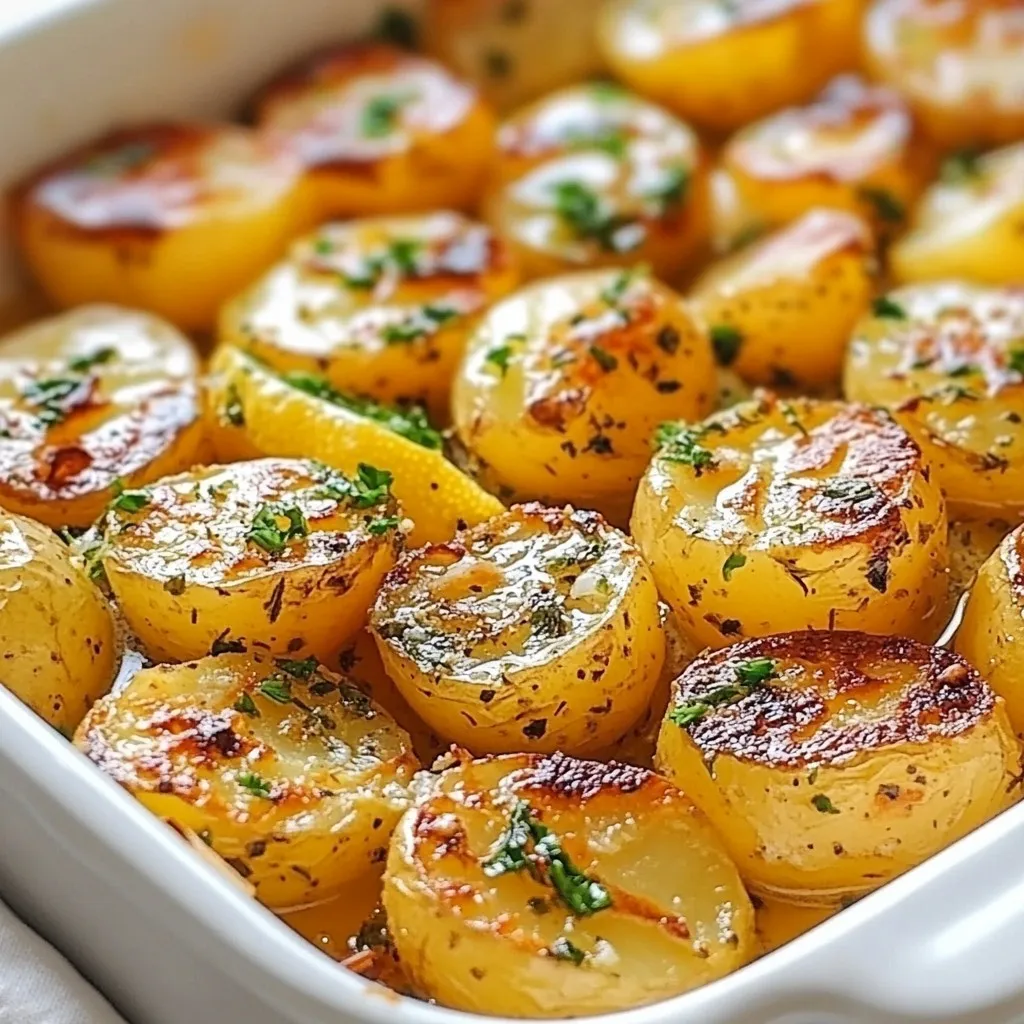 To make Greek Lemon Potatoes, you will need several fresh and simple ingredients. Here’s what you need: - 2 lbs baby Yukon gold potatoes, halved - ⅓ cup olive oil - 4 cloves garlic, minced - 1 cup vegetable broth - 1 large lemon, juiced and zested - 2 teaspoons dried oregano - Salt and pepper to taste - Fresh parsley, chopped (for garnish) Each ingredient plays a key role in creating the bright, zesty flavor of this dish. The baby Yukon gold potatoes are creamy and hold their shape well. Olive oil gives richness, while garlic adds depth. The lemon juice and zest bring a refreshing tang. Dried oregano is a classic herb in Greek cooking, adding earthy notes. Salt and pepper enhance all these flavors, making them pop. Finally, fresh parsley adds a lovely touch of color and freshness when you serve. {{ingredient_image_1}} - Preheat your oven to 425°F (220°C). - In a large bowl, combine: - 2 lbs baby Yukon gold potatoes, halved - ⅓ cup olive oil - 4 cloves garlic, minced - 1 large lemon, juiced and zested - 2 teaspoons dried oregano - Salt and pepper to taste - Toss the potatoes to coat them evenly. - Arrange the potatoes in a single layer in a baking dish, cut side up. - Pour 1 cup of vegetable broth around the potatoes. - Cover the baking dish tightly with foil and bake for 30 minutes. - After 30 minutes, remove the foil. - Return the potatoes to the oven and bake for another 25-30 minutes. - Cook until the potatoes are golden brown and crispy on the edges. - Once done, let them cool for a few minutes. - Toss gently with more lemon juice if you like. - Adjust the seasoning before serving. - Garnish with chopped fresh parsley for a pop of color. To get the best texture, use both steaming and baking methods. Start by covering the baking dish with foil. This traps steam and helps cook the potatoes fast. After 30 minutes, take off the foil. This step lets the potatoes get crispy. Adjust the cooking time based on your oven. If your potatoes are not golden after 25-30 minutes, bake them a little longer. Every oven is different, so check them often. The goal is a soft inside and crispy outside. For more flavor, add extra herbs and spices. Try fresh thyme or rosemary for a twist. These herbs pair well with lemon and potatoes. You can also add a pinch of red pepper flakes for a kick. Adjust the lemon juice to suit your taste. If you love lemon, add more juice. This will make the dish bright and zesty. Taste the potatoes before serving and add more seasoning if needed. A little extra salt can really enhance the flavors too. Pro Tips Perfect Potato Size: Ensure your baby Yukon gold potatoes are halved evenly for consistent cooking. This helps them brown nicely and cook through at the same time. Maximize Flavor: For an extra burst of flavor, marinate the potatoes in the olive oil, garlic, lemon juice, and zest for at least 30 minutes before baking. Adjusting Crispiness: If you prefer extra crispy edges, increase the oven temperature to 450°F (232°C) for the last 10 minutes of baking, keeping an eye on them to prevent burning. Garnishing Tips: Adding a sprinkle of feta cheese or olives on top right before serving can elevate the dish and add an authentic Greek touch. {{image_2}} You can switch up the potatoes if you like. Instead of baby Yukon gold, try red or fingerling potatoes. Each type gives a unique taste and texture. You can also use sweet potatoes for a fun twist. For oils, olive oil is best, but you can use avocado oil too. It has a high smoke point and a nice flavor. If you want to change the broth, use chicken broth or mushroom broth. Each broth adds a different depth of flavor. To make this dish even more Greek, add olives or feta cheese. Black olives or Kalamata olives work well. Just sprinkle them on top before serving. Feta adds creaminess and tang, making each bite better. You can also add other Mediterranean flavors. Try some sun-dried tomatoes or artichokes for an extra kick. Fresh herbs like thyme or mint can brighten the dish. Each twist gives you a new way to enjoy Greek lemon potatoes! After enjoying your Greek lemon potatoes, store any leftovers properly. Place the cooled potatoes in an airtight container. They will last in the fridge for up to three days. If you want to keep them longer, freeze them. For freezing, spread the potatoes on a baking sheet first. Freeze them for about an hour until firm. Then, transfer them into a freezer bag. They can stay in the freezer for up to three months. To reheat your Greek lemon potatoes, you can use the oven or microwave. For the oven, preheat it to 350°F (175°C). Spread the potatoes on a baking sheet. Heat them for about 15-20 minutes until they are warm and crispy again. In the microwave, place the potatoes in a safe dish. Heat for one to two minutes, stirring halfway. To refresh the flavors, add a splash of lemon juice or a drizzle of olive oil before serving. This keeps the dish bright and zesty! Can I use other types of potatoes? Yes, you can use other types of potatoes. Try red potatoes or fingerling potatoes. These varieties will give you a different texture and taste. However, Yukon gold potatoes work best for their creamy inside and crispy outside. How can I make this dish vegan? To make Greek lemon potatoes vegan, simply use vegetable broth. The rest of the ingredients are already plant-based. This way, everyone can enjoy the dish! What dishes pair well with Greek Lemon Potatoes? Greek lemon potatoes pair well with grilled meats, like chicken or lamb. They also go nicely with fresh salads or roasted vegetables. These potatoes make a great side for any Mediterranean meal. You can make delicious Greek Lemon Potatoes with simple ingredients. We covered recipes, tips, and variations. You learned how to get the perfect texture and great flavors. Remember, you can adjust the ingredients to fit your taste. Storage and reheating also help keep your dish fresh. Try this dish with different sides to find your favorite combo. Cooking should be fun and creative! Enjoy experimenting with these tasty potatoes.