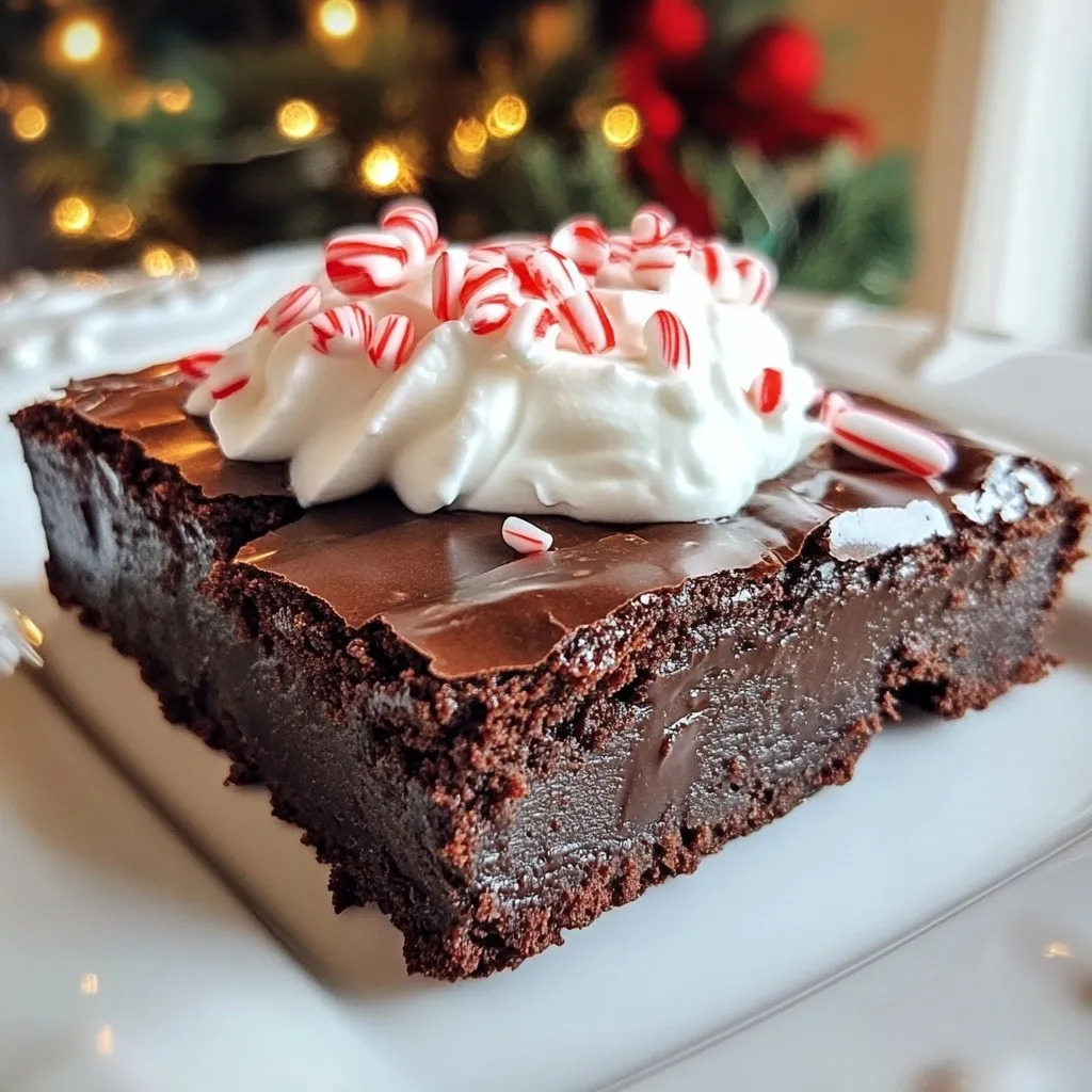 - 1 cup unsalted butter (melted) - 2 cups granulated sugar - 4 large eggs - 1 teaspoon vanilla extract - 1 cup all-purpose flour - 1/2 cup unsweetened cocoa powder - 1/2 teaspoon baking powder - 1/4 teaspoon salt - 1/2 cup dark chocolate chips - 1/2 teaspoon peppermint extract - 1/4 cup crushed peppermint candies (for topping) - Optional: Whipped cream for serving In this recipe, I use simple ingredients to create a rich flavor. The melted butter adds moisture, while sugar gives sweetness. Eggs help bind everything together. The vanilla and peppermint extracts add a lovely aroma and taste. For the dry mix, I use all-purpose flour and cocoa powder. They create a chewy texture and a deep chocolate flavor. Baking powder helps the brownies rise. Salt enhances the sweetness, making the flavors pop. Dark chocolate chips give extra chocolatey goodness. They melt slightly in the oven, creating little pockets of chocolate. The crushed peppermint candies on top finish the brownies with a festive crunch. You can add whipped cream when serving for a creamy touch. This rich mix of flavors makes peppermint mocha brownies a perfect treat for the holidays. {{ingredient_image_1}} 1. Preheating the Oven Start by preheating your oven to 350°F (175°C). This makes sure your brownies cook evenly. Grease a 9x13 inch baking pan or line it with parchment paper. 2. Mixing Wet Ingredients In a large bowl, combine 1 cup of melted butter and 2 cups of granulated sugar. Mix until the mixture is smooth and glossy. Add 4 large eggs, one at a time, mixing well after each addition. Stir in 1 teaspoon of vanilla extract and 1/2 teaspoon of peppermint extract for that festive flavor. 3. Combining Dry Ingredients In a separate bowl, sift together 1 cup of all-purpose flour, 1/2 cup of unsweetened cocoa powder, 1/2 teaspoon of baking powder, and 1/4 teaspoon of salt. This helps to avoid lumps and ensures a nice texture. 4. Folding the Batter Gradually add the dry mixture to the wet ingredients. Use a spatula to fold gently until everything is combined. Avoid overmixing to keep your brownies soft. Then, fold in 1/2 cup of dark chocolate chips for extra richness. 1. Pouring Batter into Baking Pan Pour the brownie batter into the prepared baking pan. Use a spatula to spread it evenly. This helps them bake uniformly. 2. Baking Time and Temperature Bake in the preheated oven for 25-30 minutes. Keep an eye on them! A toothpick inserted in the center should come out with a few moist crumbs but not wet batter. 3. Checking for Doneness When done, remove the brownies from the oven. Let them cool in the pan for about 15 minutes. This cooling time makes them easier to cut. 1. Cooling Time After 15 minutes, let the brownies cool completely in the pan. This helps them firm up. 2. Topping with Crushed Peppermint Once cooled, sprinkle 1/4 cup of crushed peppermint candies on top. This adds a festive touch and a nice crunch. 3. Serving Suggestions Cut the brownies into squares. For a special treat, top each piece with whipped cream. Enjoy these festive delights with family and friends! To make the best peppermint mocha brownies, focus on texture. You want them soft and fudgy. Mix your batter just until you see no dry flour. Overmixing can make them tough. Store your brownies in an airtight container. This keeps them fresh for up to a week. If you want them to last longer, you can freeze them. Just wrap them well in plastic wrap. Add a bit of espresso powder to boost the mocha taste. Just one teaspoon can make a big difference. For chocolate, use a mix of dark and semi-sweet chips. This gives a nice depth of flavor. If you love peppermint, feel free to adjust the amount of peppermint extract. Start with half a teaspoon, and add more if you want a stronger flavor. The crushed peppermint candies on top add extra crunch and festivity! Pro Tips Use Quality Ingredients: The flavor of your brownies will greatly depend on the quality of the cocoa powder and chocolate chips you use. Opt for high-quality brands for the best results. Don't Overmix: When combining the wet and dry ingredients, mix just until combined to ensure your brownies remain fudgy and moist. Cool Before Cutting: Allow the brownies to cool completely in the pan before cutting them into squares. This will help them hold their shape and prevent them from falling apart. Experiment with Toppings: Feel free to get creative with the toppings! Consider adding chocolate ganache, marshmallows, or a drizzle of caramel for an extra special treat. {{image_2}} You can make this recipe your own with easy swaps. - Using coconut oil instead of butter: Coconut oil gives a rich flavor. Melt it like butter. Use it in the same amount for a fun twist. - Gluten-free options with almond flour: Almond flour works well for gluten-free brownies. Use one cup to replace all-purpose flour. It adds a nutty taste too! - Vegan substitutions for eggs: If you want a vegan treat, try using flax eggs. Mix one tablespoon of flaxseed meal with three tablespoons of water. Let it sit for five minutes before adding it to your mixture. Feel free to change up the flavors in your brownies. - Swapping out peppermint for other extracts: If peppermint isn’t your thing, try using orange or almond extract. Each brings a unique flavor that pairs well with chocolate. - Adding nuts or other candies to the mix: Chopped walnuts, pecans, or even caramel bits can enhance your brownies. Just fold them in gently after mixing the batter. - Creating a layered brownie dessert: You can layer your brownies with whipped cream or ice cream. Add chocolate sauce for a rich treat that impresses everyone! To keep your peppermint mocha brownies fresh, store them at room temperature. Place them in an airtight container. This helps prevent them from drying out. They will stay good this way for about three days. If you want them to last longer, refrigerate them. In the fridge, they can stay fresh for up to a week. If you choose to refrigerate, wrap the brownies tightly in plastic wrap first. This keeps the moisture in and the flavors intact. Just remember, cold brownies might be a bit firmer. Give them a few minutes at room temperature before serving. Freezing brownies is a great way to save them for later. First, cool the brownies completely. Then, cut them into squares. Wrap each square tightly in plastic wrap. After that, place them in a freezer-safe bag. This way, they won’t stick together. To defrost, take out the squares you want. Leave them in the fridge overnight or at room temperature for about an hour. Avoid using the microwave, as it can make them dry. Enjoy your brownies later without losing any flavor! Can I use chocolate syrup instead of cocoa powder? No, chocolate syrup will change the recipe. Cocoa powder gives brownies a deep flavor. If you use syrup, reduce the sugar and add flour to balance. How do I know when my brownies are done baking? Check the center with a toothpick. If it comes out with a few moist crumbs, they are ready. Don’t wait for clean, dry crumbs. What can I substitute for eggs in this recipe? You can use applesauce or mashed bananas. Use 1/4 cup for each egg. This keeps the brownies moist and adds a hint of sweetness. How can I make these brownies more festive for the holidays? Add holiday sprinkles on top or swirl in some white chocolate. You can also use crushed candy canes for extra peppermint flavor and a colorful look. Making brownies can be fun and easy with the right steps. We discussed key ingredients, mixing methods, and tips for perfecting your batch. Remember to avoid overmixing and try out different flavors or ingredients. You can even customize your brownies with fun toppings. Lastly, store them correctly to keep them fresh. Whether you want a classic or unique treat, you now have the tools to succeed. Enjoy your baking adventure and impress your friends and family with your tasty brownies!