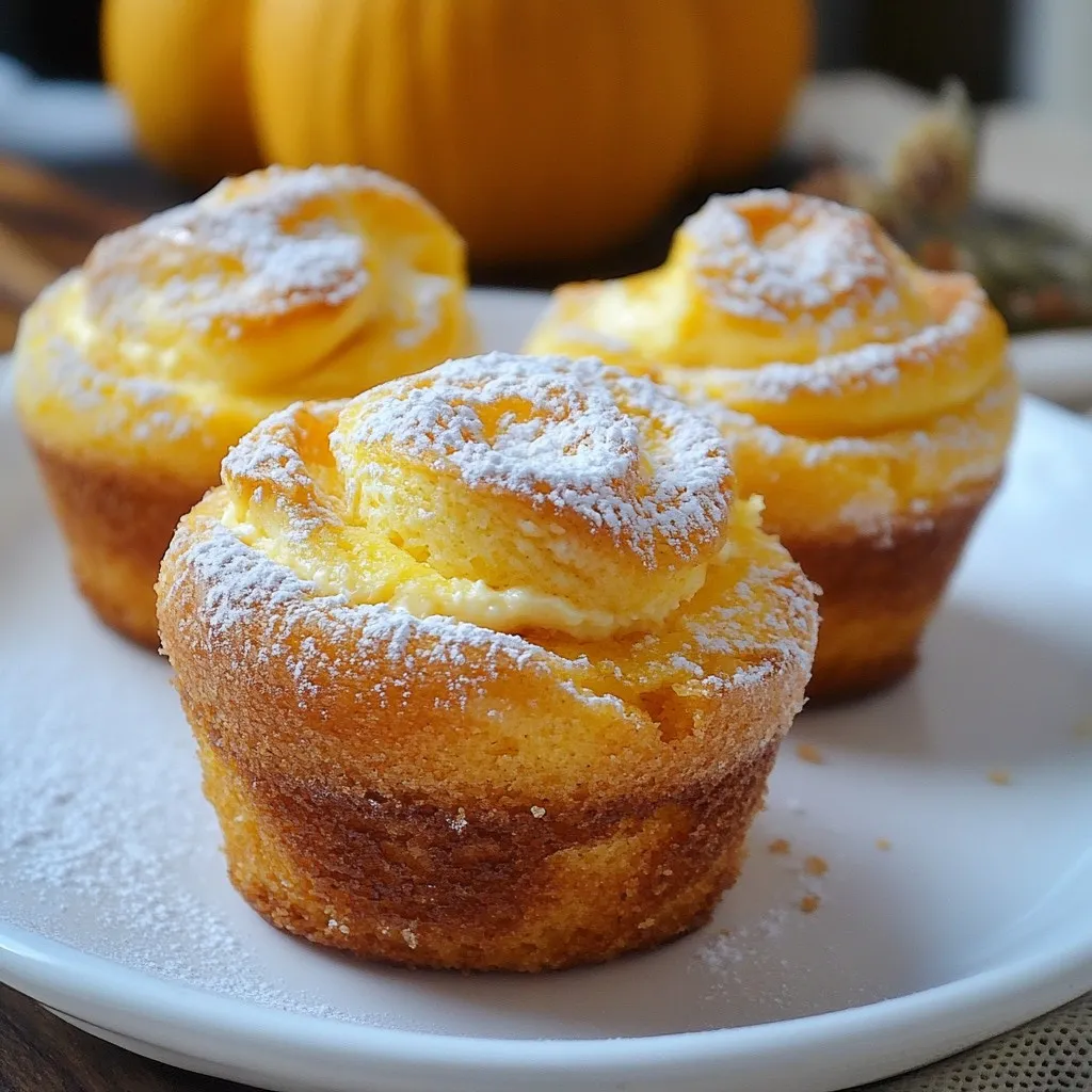 - 1 cup pumpkin puree - 1/2 cup cream cheese, softened - 1/2 cup granulated sugar - 1/2 cup brown sugar, packed - 1/2 cup vegetable oil - 2 large eggs - 1 teaspoon vanilla extract - 1 1/2 cups all-purpose flour - 1 teaspoon baking powder - 1 teaspoon baking soda - 1 teaspoon ground cinnamon - 1/2 teaspoon ground nutmeg - 1/2 teaspoon salt - 1/4 teaspoon ground ginger - 1/4 cup chopped pecans or walnuts (optional) Each ingredient plays a key role. The pumpkin puree gives the muffins their rich flavor and moist texture. Cream cheese adds a creamy surprise in every bite. The sugars sweeten the muffins, while the oils keep them soft. Eggs bind everything together, giving structure to the muffins. The dry ingredients, like flour, baking powder, and baking soda, help the muffins rise. Spices like cinnamon, nutmeg, and ginger enhance the taste and give warmth. Salt balances the sweetness. Nuts add crunch, but you can skip them if you prefer. Gather these ingredients for a fun baking adventure. You can find most at your local grocery store. Make sure your cream cheese is soft for easy mixing. Enjoy the process, and get ready for some delicious muffins! {{ingredient_image_1}} - Preheat your oven to 350°F (175°C). Line a muffin tin with paper liners or grease it. - In a medium bowl, beat 1/2 cup cream cheese with 1/2 cup granulated sugar and 1/2 cup brown sugar until smooth. Set aside. - In a large bowl, mix 1 cup pumpkin puree with 1/2 cup vegetable oil, 2 eggs, and 1 teaspoon vanilla extract until everything is well combined. - In another bowl, sift together 1 1/2 cups all-purpose flour, 1 teaspoon baking powder, 1 teaspoon baking soda, 1 teaspoon ground cinnamon, 1/2 teaspoon ground nutmeg, 1/2 teaspoon salt, and 1/4 teaspoon ground ginger. - Gradually add the dry mix to the pumpkin mixture. Stir until just combined. Remember, do not overmix! - Fill each muffin cup halfway with the pumpkin batter. - Add about 1 tablespoon of the cream cheese mixture on top of each one. - Cover with more pumpkin batter until the cups are about 3/4 full. - Bake in the preheated oven for 18-22 minutes. Check doneness by inserting a toothpick in the center. It should come out clean. - Allow the muffins to cool in the tin for 5 minutes. Then, move them to a wire rack to cool completely. - Avoiding overmixing: Mix your batter just until you see no dry flour. Overmixing makes tough muffins instead of light ones. - Ensuring even baking: Rotate your muffin tin halfway through baking. This helps all muffins bake evenly. - Best practices for cream cheese mixture: Make sure your cream cheese is soft. This helps it blend smoothly with sugars. - Tips for layering: Fill muffin cups halfway with pumpkin batter first. Add cream cheese, then top with more batter. This keeps the cream cheese in the middle. - Presentation suggestions: Dust cooled muffins with powdered sugar for a nice touch. Arrange them on a pretty plate for serving. - Garnishing options: Add a drizzle of honey or maple syrup for extra flair. You can also sprinkle chopped nuts on top for a crunch. Pro Tips Use Fresh Ingredients: Always opt for fresh pumpkin puree if possible. It enhances the flavor and moisture of the muffins. Mix Carefully: When combining the dry and wet ingredients, mix until just combined to ensure the muffins remain fluffy and tender. Check for Doneness: Use a toothpick to test for doneness, but remember that a few moist crumbs should cling to it for the perfect texture. Store Properly: Keep the muffins in an airtight container at room temperature for up to three days or freeze for longer storage. {{image_2}} You can change the nuts in this recipe. Chopped pecans or walnuts add a nice crunch. If you want a twist, try almonds or hazelnuts. They work well too. You can also substitute sweeteners. Instead of granulated sugar, use coconut sugar for a richer flavor. For a healthier option, try honey or maple syrup. Just keep in mind that these may change the texture a bit. Adding spices or extracts can make your muffins unique. Try adding a pinch of allspice or cloves for a warm kick. You can also add a splash of almond extract for extra flavor. Incorporating chocolate chips is another great option. Dark chocolate or white chocolate chips can complement the pumpkin. Just fold them in gently with the nuts. If you are gluten-free, use a gluten-free flour blend. It works just as well in this recipe. Just make sure it has xanthan gum to help with texture. For a vegan version, replace eggs with flax eggs. Mix one tablespoon of flaxseed meal with three tablespoons of water. Let it sit until it thickens. You can also use a non-dairy cream cheese to keep it vegan. To keep your pumpkin cream cheese muffins fresh, store them at room temperature. Place them in an airtight container. This helps lock in moisture and flavor. If you do not have a container, use plastic wrap. Keep them away from direct sunlight or heat. Ideally, enjoy them within three days for the best taste. If you want to save muffins for later, freezing is a great option. First, let the muffins cool completely. Wrap each muffin tightly in plastic wrap. Then, place them in a freezer-safe bag or container. This keeps them fresh for up to three months. When you're ready to enjoy, take one out and let it thaw in the fridge overnight. You can also thaw them at room temperature for a few hours. To tell if your muffins are still fresh, check for a pleasant smell and soft texture. If they smell sour or feel dry, it’s time to toss them. To reheat, place the muffin in the microwave for about 10-15 seconds. You can also warm it in an oven at 350°F for about 5-7 minutes. This makes the muffin taste just like fresh-baked. Enjoy your delicious treats! Can I make these muffins ahead of time? Yes, you can make these muffins ahead of time. Bake them, then cool them completely. Store them in an airtight container at room temperature for up to three days. You can also freeze them for longer storage. Just wrap each muffin in plastic wrap and place them in a freezer bag. How do I know when the muffins are done baking? You can check if your muffins are done by inserting a toothpick in the center. If it comes out clean or with a few crumbs, the muffins are ready. They should also look golden brown and spring back when lightly pressed. Can I use fresh pumpkin instead of canned? Absolutely! You can use fresh pumpkin. Just cook and puree it until smooth. One cup of fresh pumpkin puree works just as well as canned. Make sure to drain any excess water to keep your muffins from getting soggy. What can I substitute for cream cheese? If you need a substitute for cream cheese, use Greek yogurt or mascarpone cheese. Both offer a similar creamy texture. For a dairy-free option, try a vegan cream cheese or a blended silken tofu. How do I store leftover muffins? To store leftover muffins, place them in an airtight container. You can keep them at room temperature for up to three days. For longer storage, put them in the freezer. Just remember to thaw them before eating for the best taste! This article covered how to make delicious pumpkin cream cheese muffins. We went over the key ingredients, step-by-step instructions, baking tips, and even flavor variations. You can easily customize these muffins to fit your taste. I hope you feel inspired to try this recipe. Baking can be fun and creative. Enjoy your muffins fresh from the oven, and share them with friends and family. Happy baking!