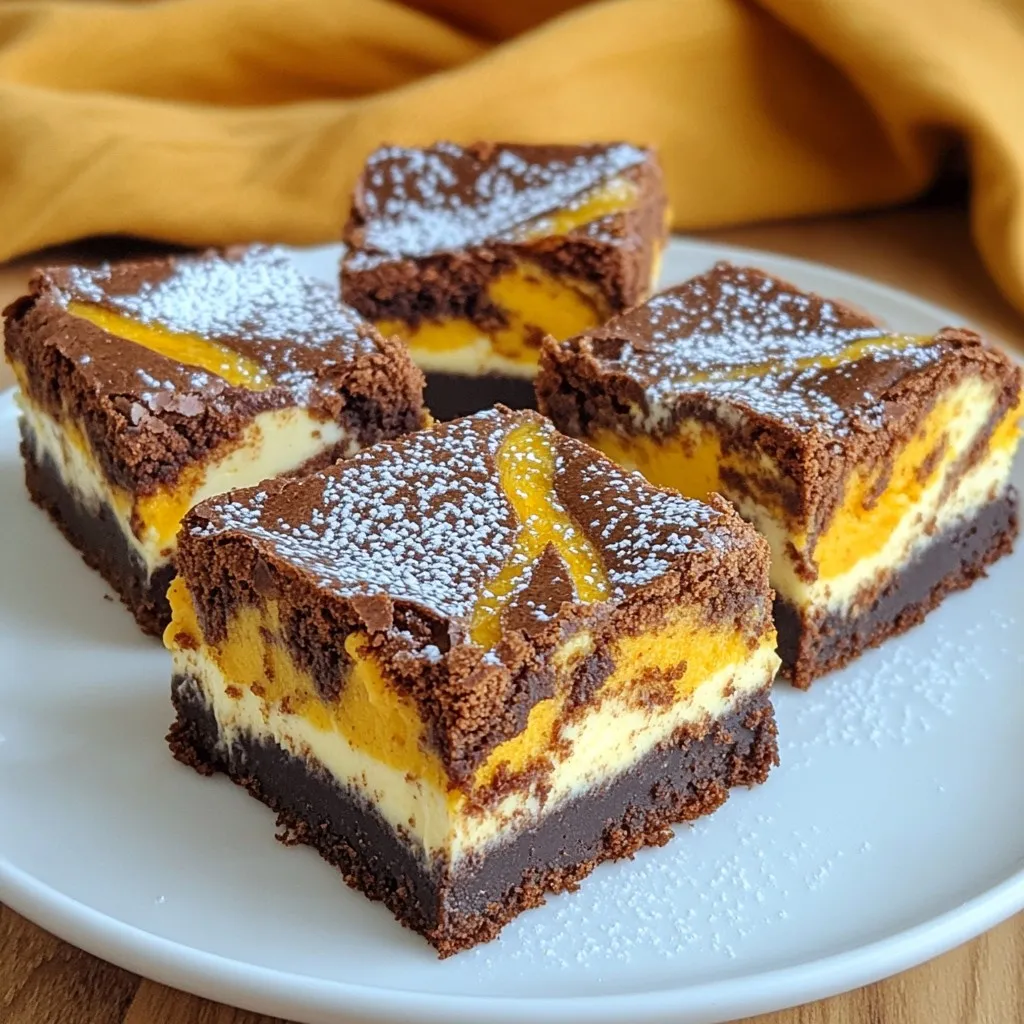 To make Pumpkin Cheesecake Brownies, you need some key ingredients. Each one plays a role in creating a rich and tasty treat. Here’s what you’ll need: - 1 cup unsalted butter, melted - 1 ½ cups granulated sugar - 4 large eggs - 1 teaspoon vanilla extract - 1 cup all-purpose flour - ½ cup unsweetened cocoa powder - 1 teaspoon baking powder - ½ teaspoon salt - 1 cup pumpkin puree (canned or fresh) - 1 teaspoon pumpkin pie spice - 8 oz cream cheese, softened - ½ cup powdered sugar Each of these ingredients adds flavor and texture. For example, the unsalted butter gives a rich base, while the granulated sugar adds sweetness. The cocoa powder brings a deep chocolate flavor. Eggs help bind everything together. The pumpkin puree and pumpkin pie spice make these brownies festive and seasonal. Cream cheese adds creaminess to the cheesecake layer. Lastly, powdered sugar sweetens the cream cheese mix, making it delicious. Gather these ingredients, and you’ll be ready to create a delightful dessert. {{ingredient_image_1}} First, set your oven to 350°F (175°C). Grab a 9x13-inch baking dish. Grease the dish well. Then, line it with parchment paper. Leave some paper hanging over the sides. This makes it easy to lift the brownies out later. In a large bowl, add 1 cup of melted butter. Sprinkle in 1 ½ cups of granulated sugar. Whisk them together until well combined. Next, crack 4 large eggs into the bowl. Add 1 teaspoon of vanilla extract. Mix until the batter is smooth. In another bowl, sift together 1 cup of all-purpose flour, ½ cup of cocoa powder, 1 teaspoon of baking powder, and ½ teaspoon of salt. Gradually stir this dry mix into the wet mix. Be careful not to overmix. Just combine until you can’t see any flour. In a different bowl, combine 1 cup of pumpkin puree, 8 oz of softened cream cheese, and ½ cup of powdered sugar. Add in 1 teaspoon of pumpkin pie spice. Mix this until it’s smooth and creamy. This layer adds a rich flavor to your brownies. Pour half of the brownie batter into the prepared baking dish. Spread it out evenly. Next, dollop spoonfuls of the pumpkin mixture on top. Use a knife to swirl it gently for a nice marbled look. Pour the remaining brownie batter over the pumpkin layer. Smooth it out carefully. Now, place the dish in your preheated oven. Bake for 30-35 minutes. Check if they are done by inserting a toothpick into the center. If it comes out with a few moist crumbs, they are ready. Once baked, take the dish out of the oven. Let the brownies cool completely in the pan. Use the parchment overhang to lift them out. Cut into squares and serve. Enjoy this delightful treat! To get that lovely swirl, use a butter knife. After adding the pumpkin mix, dip the knife into both the brownie and pumpkin layers. Gently drag it through the batter. Make sure to swirl lightly. You want to see both colors, not mix them fully. This creates a beautiful design. Moist brownies are key to a tasty treat. Do not overmix the batter. Stir until just combined to keep air pockets. Also, check the baking time carefully. Use a toothpick to test doneness. A few moist crumbs on the toothpick mean they are just right. You can swap some ingredients if needed. Here are a few ideas: - Replace unsalted butter with coconut oil for a dairy-free option. - Use brown sugar instead of granulated sugar for a richer flavor. - If you don't have pumpkin pie spice, mix cinnamon and nutmeg. - For a lighter option, use Greek yogurt instead of cream cheese. These simple swaps can change the taste without losing quality. Enjoy experimenting! Pro Tips Use Room Temperature Ingredients: Make sure your cream cheese and eggs are at room temperature for a smoother batter without lumps. Don't Overmix: Mix the brownie batter until just combined to keep them fudgy and prevent a tough texture. Swirl for Aesthetics: When dolloping the pumpkin mixture, use a knife to gently swirl it for a beautiful marbled effect that enhances presentation. Cool Completely: Allow the brownies to cool completely in the pan before cutting to ensure they hold their shape and don’t crumble. {{image_2}} You can make these brownies even better by adding chocolate chips. I love using semi-sweet chips for balance. Just fold in a cup of chocolate chips into the brownie batter. This adds a rich, gooey texture that pairs perfectly with the creamy pumpkin layer. You can also use dark chocolate chips for a richer flavor. If you need a gluten-free option, swap the all-purpose flour for a gluten-free blend. Many blends work well in this recipe. I recommend using a blend that contains xanthan gum. This helps mimic the texture of regular flour. The brownies turn out just as tasty, so no one will miss the gluten! For a crunch in your brownies, add nuts. Walnuts or pecans work great. Simply chop them coarsely and mix them into the brownie batter. This adds a nice contrast to the smooth cheesecake layer. Just be careful not to add too many, or they might overpower the other flavors. To keep your pumpkin cheesecake brownies fresh, place them in an airtight container. You can stack them with parchment paper between layers to avoid sticking. Store them at room temperature for up to three days. If you want to keep them longer, refrigerate them for up to a week. Just remember to cover them well to keep moisture in. If you want to save some for later, freezing is a great option. First, let the brownies cool completely. Then, cut them into squares. Wrap each square in plastic wrap, then place them in a freezer bag. This way, they stay fresh for up to three months. When you want to enjoy them, just take out what you need and let them thaw at room temperature. To enjoy your brownies warm, preheat your oven to 350°F (175°C). Place the brownies on a baking sheet and cover them with foil. Heat for about 10-15 minutes. This helps keep them soft and gooey. You can also microwave them for about 10-15 seconds for a quick warm-up. Enjoy the rich, creamy flavors again! Yes, you can use fresh pumpkin. First, cook and mash it. Make sure to drain excess water for the best results. Fresh pumpkin gives a nice flavor, but canned is easier. Check for doneness by inserting a toothpick in the center. If it comes out with a few moist crumbs, they are ready. If it has wet batter, bake longer. Aim for 30-35 minutes in the oven. Use a sharp knife for clean cuts. First, let them cool completely. For neat squares, dip the knife in hot water before cutting. Wipe it clean after each cut for the best results. Yes, you can. These brownies store well. Make them a day ahead and keep them in an airtight container. This allows flavors to blend and makes for a tasty treat later. These brownies pair well with whipped cream, ice cream, or a drizzle of caramel sauce. You can also serve them with a cup of coffee or tea for a cozy treat. This post covers how to make delicious Pumpkin Cheesecake Brownies. We listed all the ingredients and shared step-by-step instructions. You learned tips for perfecting your bake and variations to try. Storing leftovers and reheating was also discussed. These brownies blend rich flavors for a tasty treat. Enjoy making them for friends, family, or yourself. Happy baking!