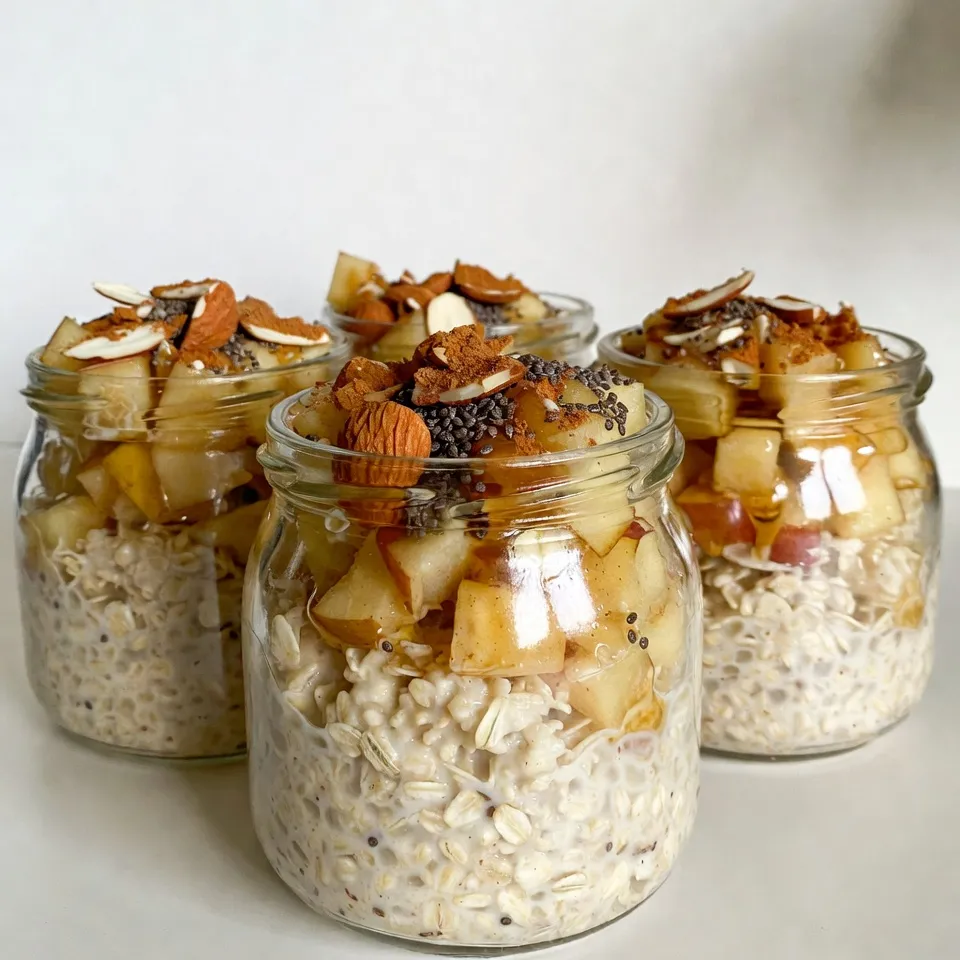 To make Apple Cinnamon Overnight Oats, you need a few simple ingredients. Here’s what you will need: - 1 cup rolled oats - 1 cup unsweetened almond milk (or any milk of choice) - 1 medium apple, diced (preferably a sweet variety like Fuji or Honeycrisp) - 1 tablespoon chia seeds - 1 teaspoon ground cinnamon - 1 tablespoon maple syrup (or honey) - 1/4 teaspoon vanilla extract - A pinch of salt - Optional toppings: sliced almonds, additional diced apples, raisins, or a dollop of yogurt Each ingredient plays an important role. The rolled oats are the base, giving texture and nutrition. Almond milk adds creaminess without dairy. Diced apples bring sweetness and crunch. Chia seeds help thicken the oats and add fiber. Ground cinnamon gives warmth and flavor. Sweeteners like maple syrup or honey balance the taste. Vanilla extract adds a lovely aroma. A pinch of salt enhances all the flavors. For toppings, sliced almonds or yogurt add extra fun and flavor. {{ingredient_image_1}} - Mixing the ingredients Start by taking a mixing bowl. Add 1 cup of rolled oats and 1 cup of unsweetened almond milk. Next, toss in 1 medium diced apple, 1 tablespoon of chia seeds, and 1 teaspoon of ground cinnamon. Don’t forget 1 tablespoon of maple syrup and a pinch of salt. Use a spoon to stir all the ingredients until they blend well. Make sure the oats soak in the milk. - Transferring to jars Once mixed, it's time to transfer the oats. Grab two jars or containers with lids. Pour the mixture evenly into each jar. This makes it easy to grab in the morning. - Refrigeration time Cover the jars with their lids. Place them in the fridge. Let them chill overnight, or at least for 4 hours. This allows the oats to soak up all the yummy flavors. - Morning preparation In the morning, take the jars out of the fridge. Open them up and give the oats a good stir. If they seem thick, add a splash of milk to loosen them up. Finally, add your favorite toppings like sliced almonds, more diced apples, or a dollop of yogurt. Enjoy your tasty apple cinnamon overnight oats! Consistency adjustments To get the right texture, you may want to adjust the liquid. If your oats feel too thick, add a splash of almond milk in the morning. Stir it in well to blend. For creamier oats, you can mix in a bit more chia seeds. They soak up liquid and create a nice, thick base. Flavor enhancements Want to add a twist? Try mixing in a scoop of nut butter. Almond or peanut butter works well. A dash of nutmeg can also boost the flavor. You can swap maple syrup for honey if you like. Experiment with spices like cardamom for a fun kick. Best practices for layering When you layer your oats, think about how it looks. Use clear jars so you can see the colors. Start with oats, then add fruit, and top with nuts. This makes it pretty and adds different textures. Don’t forget to sprinkle a little cinnamon on top for that cozy touch. Pro Tips Choose the Right Apple: Opt for sweet varieties like Fuji or Honeycrisp to enhance the flavor of your overnight oats. Adjust Sweetness: Feel free to modify the amount of maple syrup or honey based on your personal taste preferences. Experiment with Milk: Try different types of milk such as oat, coconut, or soy to find your favorite combination. Make it Ahead: Prepare a larger batch and store in the fridge for a quick breakfast option throughout the week. {{image_2}} You can change your apple cinnamon overnight oats to match your taste. Here are some fun ideas: - Alternative milks: Try coconut milk, oat milk, or regular cow's milk. Each milk adds its own flavor. - Other fruit options: Swap apples for bananas, berries, or peaches. Each fruit adds a different twist. - Sweetener substitutions: Use honey, agave nectar, or brown sugar. Each sweetener changes the flavor slightly. - Flavor additions: Add nuts, seeds, or spices like nutmeg. You can even mix in cocoa powder for a chocolate touch. These variations let you create a new recipe each time. Enjoy experimenting! To keep your apple cinnamon overnight oats fresh, store them in the fridge. They last up to five days. This makes them perfect for meal prep. Use glass or BPA-free plastic containers with tight lids. These help keep the oats moist and tasty. When it's time to enjoy your oats, you can eat them cold. If you want them warm, heat a portion in the microwave. Start with 30 seconds, then stir. You can heat more if needed. Just be careful not to overheat them. Enjoy your easy, healthy breakfast! Can I use steel-cut oats instead? Yes, you can use steel-cut oats. However, the texture will be chewier. You may need to soak them longer, about 12 hours. This allows them to soften properly. How long do overnight oats last in the fridge? Overnight oats last up to five days in the fridge. Store them in airtight jars to keep them fresh. Can I make these without chia seeds? Yes, you can skip chia seeds. They add texture and nutrition, but oats will still taste great without them. What toppings work best for apple cinnamon oats? Great toppings include sliced almonds, extra diced apples, raisins, or yogurt. They all add flavor and texture to your oats. You've learned about making delicious overnight oats with simple ingredients and steps. We covered key ingredients, mixing techniques, and storage tips. You can even adjust flavors and try different toppings to suit your taste. This easy recipe is perfect for busy mornings! Explore variations with different fruits and milks, and enjoy a healthy breakfast every day. Now, it’s time to get creative in the kitchen and savor your oats!