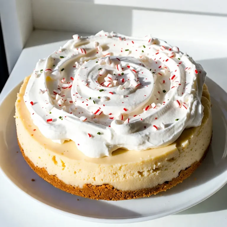 To make a delicious peppermint white chocolate cheesecake, gather these ingredients: - 1 ½ cups graham cracker crumbs - ½ cup unsalted butter, melted - 2 tablespoons granulated sugar - 16 oz cream cheese, softened - 1 cup white chocolate chips, melted - ½ cup powdered sugar - 2 large eggs - 1 teaspoon peppermint extract - 1 cup heavy whipping cream - Crushed peppermint candies for garnish If you need to swap out ingredients, here are some options: - Graham cracker crumbs: You can use cookie crumbs or crushed oats. - Unsalted butter: Coconut oil or vegan butter work well. - Cream cheese: Use vegan cream cheese or a soft tofu blend. - White chocolate chips: Try dairy-free chocolate chips for a vegan option. - Powdered sugar: You can blend regular sugar to make your own powdered sugar. - Eggs: Substitute with flaxseed meal mixed with water for a vegan option. - Heavy whipping cream: Use coconut cream for a dairy-free version. Using high-quality ingredients can really enhance your cheesecake. Here’s how: - Choose fresh cream cheese: Look for a brand with simple ingredients. - Select premium white chocolate: Higher cocoa butter content leads to better flavor. - Use pure peppermint extract: This adds a stronger, more natural taste. - Opt for organic eggs: They often have richer flavor and better texture. - Select fresh peppermint candies: These should be vibrant and flavorful for the best garnish. By focusing on quality, you will elevate your peppermint white chocolate cheesecake to a new level. {{ingredient_image_1}} To start, preheat your oven to 325°F (160°C). Grab a bowl and mix together 1 ½ cups of graham cracker crumbs, ½ cup of melted unsalted butter, and 2 tablespoons of granulated sugar. Stir until it looks like wet sand. Press this mixture firmly into the bottom of a 9-inch springform pan. Get it nice and even. Bake the crust for 10 minutes, then take it out and let it cool. In a large mixing bowl, beat 16 oz of softened cream cheese until it's smooth. Next, slowly add 1 cup of melted white chocolate and mix it in well. Gradually add in ½ cup of powdered sugar, beating as you go. Now, add 2 large eggs, one at a time, mixing thoroughly after each. Finally, mix in 1 teaspoon of peppermint extract until the filling is silky and creamy. This mixture should smell amazing! Pour the creamy filling over your cooled crust in the springform pan. Smooth the top with a spatula for a nice finish. Bake in the preheated oven for 50-60 minutes. You want the edges to set, but the center should still jiggle just a little. Once done, turn off the oven and crack the door open. Let the cheesecake cool in the oven for 1 hour. After that, refrigerate it for at least 4 hours, or even overnight, to let it set completely. To get a smooth and creamy cheesecake, start with room-temperature cream cheese. Cold cream cheese can create lumps in your filling. Beat it well until it's completely smooth. When you add eggs, mix them in one at a time. This helps keep the mixture light and fluffy. Remember to not overbeat once you add the eggs. Overmixing can make your cheesecake dense. Finally, bake it until the edges are set, but the center should still jiggle slightly. This ensures a creamy texture. For a beautiful look, top your cheesecake with whipped cream. I like to whip the cream until soft peaks form. Spread it evenly over the cheesecake. Then, sprinkle crushed peppermint candies for a festive touch. You can also drizzle melted white chocolate on top. This adds a sweet shine. Serve slices on decorative plates for a special touch. For extra fun, add a few more crushed candies around the plate. One big mistake is not cooling your cheesecake properly. After baking, let it cool in the oven for an hour. This helps prevent cracks. Another mistake is not chilling it long enough. Aim for at least four hours, but overnight is best. If you rush this step, the texture won't be right. Lastly, don’t skip the peppermint extract. It gives that holiday flavor. If you do, your cheesecake will taste flat. Pro Tips Cool Gradually: After baking, let the cheesecake cool in the oven with the door cracked. This helps prevent cracks on the surface by allowing it to cool gradually. Use Room Temperature Ingredients: Ensure your cream cheese and eggs are at room temperature for a smoother filling. This helps achieve a silky texture without lumps. Chill Overnight: For the best flavor and texture, chill the cheesecake overnight. This allows the flavors to meld and the cheesecake to firm up perfectly. Whipped Cream Variations: Experiment with flavored whipped cream, such as vanilla or chocolate, for an unexpected twist on the traditional topping. {{image_2}} You can mix flavors to change this cheesecake. Try using almond extract instead of peppermint. This gives a nice nutty taste. You can also add orange zest for a citrus twist. If you love chocolate, add cocoa powder to the filling. This makes a rich chocolate version. Each change brings a new fun taste to your cheesecake! To make a vegan version, swap cream cheese for a plant-based option. Use dairy-free white chocolate for a similar taste. Instead of eggs, try silken tofu. Blend it until smooth for the perfect texture. Use coconut cream instead of heavy cream for whipping. This keeps it rich and creamy without dairy. If you want a gluten-free crust, use almond flour or gluten-free graham crackers. Combine the flour with melted coconut oil and sugar. Press this mixture into your springform pan. This crust will be just as tasty and hold up well. A nice nutty flavor will make your cheesecake even better! To keep your peppermint white chocolate cheesecake fresh, store it in the fridge. Use an airtight container or cover it tightly with plastic wrap. This helps prevent it from absorbing any strong smells from other foods. Make sure to place it on a flat surface to avoid any damage to the top or edges. You can freeze the cheesecake if you want to save some for later. First, let it chill in the fridge for at least four hours. Once it is set, wrap it tightly in plastic wrap, then in aluminum foil. This double layer protects it from freezer burn. When you’re ready to eat, let it thaw in the fridge for several hours or overnight. The cheesecake lasts about five to seven days in the fridge. After that, it may lose its taste and texture. If you see any signs of mold or it smells off, it’s best to throw it away. Keeping track of how long it’s been in the fridge helps ensure you enjoy it at its best. To slice cheesecake, use a sharp knife. Dip it in hot water for a clean cut. Wipe the knife after each slice. This keeps the edges neat and pretty. Aim for 10-12 slices for sharing. Yes, you can make this cheesecake a day or two ahead. It sets best after chilling overnight. This also helps flavors blend. Just cover it well in the fridge. Check the edges of the cheesecake. They should be firm, while the center has a slight jiggle. This means it will firm up as it cools. A toothpick inserted should come out clean, but not too dry. This blog post covered everything you need to make the best cheesecake. We explored ingredients, substitutions, and quality tips. I shared step-by-step instructions and essential tips for perfect texture. We also looked at fun variations, storage methods, and frequently asked questions to help you succeed. With these insights, you can make a delicious cheesecake that impresses. Enjoy each step and let your creativity shine in the kitchen!