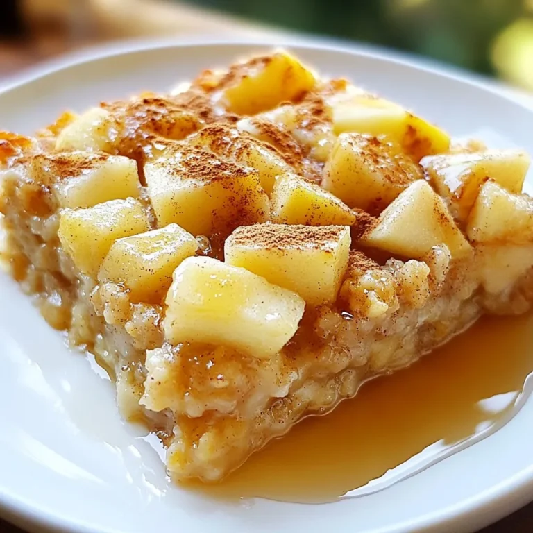 To make a delicious Apple Cinnamon Oatmeal Bake, you will need: - 2 cups rolled oats - 2 large apples, peeled and diced (preferably Honeycrisp or Granny Smith) - 1/2 cup almond milk (or any milk of choice) - 1/2 cup maple syrup or honey - 1/4 cup melted coconut oil or butter - 2 teaspoons ground cinnamon - 1 teaspoon vanilla extract - 1/2 teaspoon baking powder - 1/4 teaspoon salt - 1/4 cup chopped walnuts or pecans (optional) - 1/4 cup raisins or dried cranberries (optional) These ingredients work together to create a warm, filling dish full of flavor. You can easily customize this bake. Try adding: - Chopped nuts like walnuts or pecans for crunch. - Dried fruits like raisins or cranberries for extra sweetness. - Different spices such as nutmeg or ginger for more flavor. - Use other types of milk like coconut or soy to suit your taste. Feel free to experiment and make this recipe your own! Fresh ingredients make a big difference in this dish. Here are some benefits: - Flavor: Fresh apples add a sweet and tart taste. - Nutrients: Fresh fruits pack more vitamins and minerals. - Texture: Freshly diced apples keep their shape in the bake. Using fresh ingredients not only improves taste but also boosts nutrition. Your Apple Cinnamon Oatmeal Bake will shine with vibrant flavors! {{ingredient_image_1}} Start by preheating your oven to 350°F (175°C). This step helps the oatmeal bake cook evenly. Next, grab a 9x9 inch baking dish. Lightly grease it with oil or butter. You can also line it with parchment paper for easy removal later. In a large bowl, combine 2 cups of rolled oats, 1/2 teaspoon of baking powder, 1/4 teaspoon of salt, and 2 teaspoons of ground cinnamon. Stir these dry ingredients well. This mix will give your bake a warm, spiced flavor. In a separate bowl, mix together 1/2 cup of almond milk, 1/2 cup of maple syrup (or honey), 1/4 cup of melted coconut oil (or butter), and 1 teaspoon of vanilla extract. Stir until it looks smooth and combined. Then, pour this wet mixture into the dry oat blend and mix until everything is well combined. Now, fold in your diced apples. You can use 2 large apples, like Honeycrisp or Granny Smith. If you like, add 1/4 cup of chopped walnuts or pecans, and 1/4 cup of raisins or dried cranberries. Once it’s all mixed, pour the oatmeal batter into your prepared baking dish. Spread the mixture evenly across the dish. Place the baking dish in your preheated oven. Bake for 30-35 minutes. Look for a golden top and ensure the oatmeal has set. When done, take it out and let it cool for a few minutes. This will make slicing easier! Enjoy your warm and tasty Apple Cinnamon Oatmeal Bake. Use fresh apples for the best flavor. Honeycrisp and Granny Smith are great choices. Measure your oats and liquids carefully to ensure the right balance. Mix dry and wet ingredients separately for even distribution. Grease your baking dish lightly to prevent sticking. For a soft and creamy bake, do not overmix the batter. Fold in the apples gently, allowing some chunks to remain. The baking time is key; check for a golden top. If it looks too dry, it may need more liquid next time. Serve warm for the best taste. Drizzle maple syrup on top for extra sweetness. A sprinkle of cinnamon adds a nice touch. Consider adding yogurt or whipped cream for a creamy contrast. Arrange slices neatly on a plate to impress your guests. Pro Tips Choose the Right Apples: Honeycrisp and Granny Smith apples are ideal for this recipe due to their balance of sweetness and tartness, which enhances the overall flavor of the bake. Customize Your Toppings: Feel free to add your favorite nuts or dried fruits; they not only add texture but also increase the nutritional value of your oatmeal bake. Make It Ahead: This oatmeal bake can be prepared the night before. Simply cover and refrigerate, then bake in the morning for a quick and delicious breakfast. Serve with Style: Enhance the presentation by serving each slice with a drizzle of maple syrup, a sprinkle of cinnamon, and a dollop of yogurt or whipped cream for a delightful treat. {{image_2}} You can make your Apple Cinnamon Oatmeal Bake even better by adding fruits and nuts. Some great fruits to use are: - Bananas - Berries - Peaches - Pears These fruits give more flavor and nutrition. You can also add nuts like: - Almonds - Pecans - Walnuts Nuts add a nice crunch and healthy fats. If you want to change the sweetness, try different sweeteners. Here are some options: - Agave nectar - Brown sugar - Coconut sugar Each of these sweeteners brings a unique taste. Just swap them for the maple syrup or honey in the recipe. To boost the flavor, try adding more spices or extracts. Here are some ideas: - Nutmeg - Ginger - Allspice You can also use extracts like: - Almond extract - Maple extract These will give your oatmeal bake a special twist. Experiment with these to find your favorite blend! Store any leftover Apple Cinnamon Oatmeal Bake in an airtight container. Keep it in the fridge. This will help it stay fresh for up to five days. If you want to enjoy it later, let it cool completely before sealing it up. To reheat, take a slice from the fridge. You can use a microwave or an oven. If using the microwave, heat for about 30-60 seconds. If using the oven, preheat it to 350°F (175°C) and bake for about 10 minutes. This keeps the texture nice and warm. You can freeze this oatmeal bake too! Cut it into slices and wrap each slice in plastic wrap. Then, place the wrapped slices in a freezer-safe bag. It will last for up to three months. To eat, just thaw it overnight in the fridge and reheat as mentioned above. Yes, you can prepare this oatmeal bake in advance. Make it the night before and store it in the fridge. Just cover it well to keep it fresh. When ready to bake, add a few minutes to the cooking time if it’s cold. You can use any milk you like. Cow's milk, oat milk, or soy milk all work well. If you prefer a nut-free option, coconut milk is a great choice too. Just pick what fits your taste or diet. Yes, this recipe can easily be made vegan! Use almond or oat milk and substitute honey with maple syrup. Also, make sure to use coconut oil instead of butter. This way, you keep it plant-based and delicious. The oatmeal bake is done when the top is golden brown. You can also check by inserting a toothpick in the center. If it comes out clean, it is ready. Let it cool for a few minutes before slicing. Using quick oats is possible, but it may change the texture. Quick oats absorb more liquid, so your bake may turn out softer. If you prefer a chewier texture, stick with rolled oats. This article guided you through making a tasty Apple Cinnamon Oatmeal Bake. We covered ingredients, step-by-step instructions, and helpful tips. You learned how to customize the bake with fruits and spices. Storing and reheating your leftovers is easy, too. In summary, this recipe is simple and versatile. You can enjoy it any day. Now, gather your ingredients and start baking. Your kitchen will smell amazing!