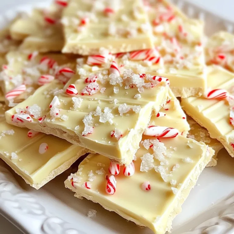 To make the best white chocolate peppermint bark, gather these key items: - 2 cups white chocolate chips - 1 tablespoon coconut oil (or vegetable shortening) - 1/2 cup crushed peppermint candies (or candy canes) - A pinch of sea salt These ingredients create a creamy, sweet treat with a festive crunch. The white chocolate and peppermint work well together for a delightful flavor. You can add these items for extra taste: - 1/2 teaspoon peppermint extract This optional extract boosts the peppermint flavor. It adds a nice touch, especially if you love strong minty tastes. To make this bark, you need a few tools: - A 9x9 inch baking pan - Parchment paper - A microwave-safe bowl - A spatula These tools help you prepare and cook the bark easily. The parchment paper ensures the bark lifts out without mess. {{ingredient_image_1}} Start by lining a 9x9 inch baking pan with parchment paper. Make sure to leave some paper hanging over the edges. This will help you lift the bark out later. Smooth out the paper to avoid wrinkles. A flat surface will give you nice edges on your bark. Next, grab a microwave-safe bowl. Add 2 cups of white chocolate chips and 1 tablespoon of coconut oil. Microwave this mix in 30-second bursts. Stir the mix after each interval. Keep going until it melts and looks smooth, which should take about 1 to 1.5 minutes. If you want to boost the flavor, you can add 1/2 teaspoon of peppermint extract after melting. Now, pour the melted chocolate into your lined pan. Use a spatula to spread it evenly. While the chocolate is warm, sprinkle 1/2 cup of crushed peppermint candies on top. Press them down lightly so they stick well. For a touch of flavor, add a pinch of sea salt on top. Now, refrigerate the bark for at least 1-2 hours. It needs to set completely. Once set, lift the bark out using the parchment paper. Break it into pieces of your choice. Enjoy this festive treat! To get the right consistency for your bark, melt the white chocolate slowly. Use a microwave-safe bowl. Heat in 30-second bursts, stirring in between. This keeps the chocolate from burning. When it’s smooth, mix in coconut oil. This adds shine and helps the bark set well. If you like, add peppermint extract for extra flavor. Once the bark has set, take it out of the pan. Use the parchment paper to lift it out. Place it on a cutting board. Use a sharp knife to cut it into squares or rectangles. Don’t press too hard; let the knife glide through. If you want fun shapes, break it by hand for a rustic look. To serve your white chocolate peppermint bark, use a festive platter. Arrange the pieces neatly. Sprinkle some whole peppermint candies on top for color. For gifts, wrap pieces in clear cellophane. Tie them with a holiday ribbon. This adds a special touch and makes it perfect for sharing. Pro Tips Use Quality Chocolate: Choose high-quality white chocolate chips for the best flavor and texture. Avoid chocolate chips labeled as "baking chips," as they may not melt as smoothly. How to Crush Peppermints: Place peppermint candies in a sealed plastic bag and use a rolling pin to crush them into small pieces. This method keeps the mess contained and allows you to control the size of the pieces. Customize Your Bark: Feel free to mix in additional toppings such as chopped nuts, dried fruit, or even a drizzle of dark chocolate for added flavor and texture. Storage Tips: Store the peppermint bark in an airtight container in the refrigerator for up to two weeks. This helps maintain its freshness and prevents it from becoming too soft. {{image_2}} You can switch white chocolate for dark chocolate. Dark chocolate gives a rich, bold taste. Use the same method as the white chocolate recipe. Melt 2 cups of dark chocolate chips with 1 tablespoon of coconut oil. Then, add the crushed peppermint candies on top. This adds a fun twist to your treat. Want to change the flavor? You can add other extracts. Try almond or vanilla extract for a new taste. Just use 1/2 teaspoon of your chosen extract. Mix it in with the melted chocolate. This small change brings a surprise with every bite. Let’s get creative with toppings! You can use nuts, sprinkles, or even dried fruit. Chopped hazelnuts or pecans add crunch. Colorful sprinkles make it festive. Just sprinkle your choice on top of the warm chocolate. This is a great way to personalize your bark! To keep your white chocolate peppermint bark fresh, store it in an airtight container. This helps to prevent moisture from making the bark soggy. Make sure to layer the pieces with parchment paper. This will stop them from sticking together. Keep the container in a cool, dry place. Avoid direct sunlight and heat sources. White chocolate peppermint bark stays fresh for about two weeks at room temperature. If you want to keep it longer, you can freeze it. Wrap the bark tightly in plastic wrap and then place it in a freezer-safe bag or container. This way, it can last up to three months. When you’re ready to enjoy it, let it thaw in the fridge for a few hours. If your bark gets too hard, you can gently warm it. Place it in a microwave-safe bowl. Heat it in short bursts of 5 to 10 seconds. Check it often to avoid melting completely. If you want to reshape it or make it easier to break, this method works well. Just be careful not to overheat! Yes, you can use regular chocolate. Dark chocolate or milk chocolate work well. These options bring a rich taste to the bark. Just melt them in the same way as white chocolate. The peppermint still shines through with these chocolates. You get a twist on the classic treat. To make this bark vegan, choose dairy-free chocolate chips. Look for brands that ensure no milk products. Replace coconut oil with a vegan shortening. This keeps the bark creamy and smooth. You can also skip the peppermint extract if you prefer. The crushed peppermint candies should be vegan-friendly too. Always check the packaging to be sure. Peppermint bark makes a great gift! You can package it in festive bags. Use clear cellophane and add a colorful ribbon. Consider putting pieces in a decorative tin. This adds a nice touch. You can also pair it with hot cocoa mix for a fun treat. Another idea is to create a holiday-themed gift basket. Include peppermint bark with other treats for a festive surprise. White chocolate peppermint bark is simple to make with a few key ingredients. You can add fun toppings for extra flavor. Following the step-by-step guide helps achieve the perfect bark every time. Storing it correctly ensures you can enjoy it longer. Remember, you can even swap in dark chocolate or other flavors. This treat is great for gifts or parties. Enjoy your tasty creation and get creative with each batch you make!