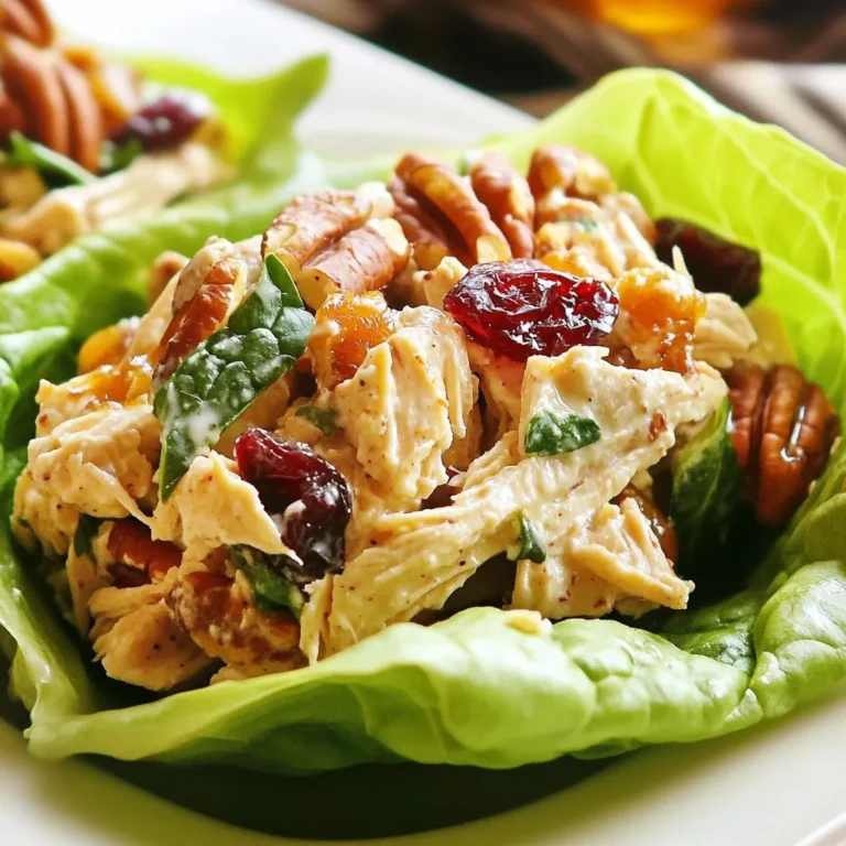 - 2 cups cooked chicken breast, shredded - 1/2 cup dried cranberries - 1/2 cup pecans, chopped - 1/2 cup celery, finely chopped - 1/4 cup red onion, finely chopped In this chicken salad, cooked chicken breast is the star. I love using tender, shredded chicken for a soft bite. Dried cranberries add a sweet touch. They give a nice pop of color, too! Chopped pecans bring a crunchy texture. They also add a rich, nutty flavor. Celery adds a nice crispness. Finally, red onion gives a little zing. - 1/2 cup Greek yogurt - 1 tablespoon Dijon mustard - 1 tablespoon honey - Salt and pepper to taste For the dressing, I use Greek yogurt. It makes the salad creamy without being heavy. Dijon mustard adds a sharp taste that pairs well with the chicken. Honey sweetens it up just right. Don’t forget to add salt and pepper for balance. This dressing pulls all the flavors together. - 4 large lettuce leaves or whole wheat tortillas - Fresh spinach or mixed greens for garnish You can serve this salad in different ways. Lettuce leaves make a fresh wrap. Whole wheat tortillas add a hearty feel. I often use both! For garnish, fresh spinach or mixed greens make the dish pop. They add color and a bit of extra flavor. This flexibility makes the wraps fun for everyone! {{ingredient_image_1}} To start, gather a large mixing bowl. In this bowl, combine 2 cups of shredded cooked chicken, 1/2 cup of dried cranberries, 1/2 cup of chopped pecans, 1/2 cup of finely chopped celery, and 1/4 cup of finely chopped red onion. Mix these ingredients well. This step ensures that every bite is packed with flavor. You want the cranberries and pecans to spread evenly throughout the chicken and veggies. This makes the salad taste great. Next, grab a small bowl. In this bowl, mix 1/2 cup of Greek yogurt, 1 tablespoon of Dijon mustard, and 1 tablespoon of honey. Stir until it is smooth. Now, season with salt and pepper to taste. This dressing adds creaminess and a hint of sweetness to the salad. It also helps to tie all the flavors together. Pour this dressing over the chicken mixture. Stir it thoroughly so everything gets coated well. Now, let's decide on the wrap. You can choose between 4 large lettuce leaves or whole wheat tortillas. If you go for tortillas, warm them up a bit. This makes them easier to fold. Lay out your choice on a flat surface. Place a generous portion of the chicken salad mixture on each lettuce leaf or tortilla. Leave some space at the edges. If using lettuce, fold the sides over the filling and roll it up tightly. You may need a toothpick to hold it. If using tortillas, just roll them tightly and cut them in half diagonally. Serve the wraps right away, or let them chill for an hour. This waiting time enhances the flavors. Enjoy your tasty and healthy wraps! You can easily change this chicken salad to fit your taste. - Adding more vegetables: Try adding diced bell peppers or shredded carrots. These add color and crunch. You can also use chopped cucumbers for a fresh twist. Mix them in with the chicken and other ingredients for extra flavor. - Adjusting sweetness with honey: If you like it sweeter, add more honey. Start with a teaspoon and mix well. Taste it and decide if you want more. This balance can enhance the overall flavor. How you serve your wraps can make a big difference. - Plating ideas for serving: Arrange the wraps on a large platter. Use fresh spinach or mixed greens as a bed. This adds color and makes the dish pop. You can also stack wraps neatly for a fun look. - Garnishing for aesthetic appeal: Drizzle a little honey over the wraps before serving. You can also sprinkle some chopped pecans on top. This gives a nice crunchy texture and looks appealing. Making this dish ahead of time can save you stress. - Recommendations for chilling time: Chill the chicken salad for at least 30 minutes before serving. This allows the flavors to blend well. It also makes the salad refreshing when you serve it. - Storing leftover salad: If you have leftovers, store them in an airtight container. Keep them in the fridge for up to two days. This keeps the salad fresh and tasty for your next meal. Pro Tips Chill Before Serving: For a refreshing taste, chill the chicken salad in the refrigerator for 30 minutes before serving. This allows the flavors to meld beautifully. Customizable Ingredients: Feel free to swap out the pecans for walnuts or add fruits like apples or grapes for extra sweetness and crunch. Wrap Variations: Try using different greens like collard or Swiss chard as a wrap for a low-carb option that’s also nutrient-dense. Make Ahead: Prepare the chicken salad a day in advance. Store it in an airtight container in the fridge for a quick and easy meal option. {{image_2}} If you need to swap out Greek yogurt, try using a dairy-free yogurt. Options like almond or coconut yogurt work well. They maintain the creamy texture and add a hint of flavor. For gluten-free wraps, use lettuce leaves or gluten-free tortillas. Lettuce adds a fresh crunch. Gluten-free tortillas keep the wrap feel without the gluten. You can add more fruits or nuts to enhance the taste. Try apples or grapes for a sweet twist. Add walnuts or sunflower seeds for extra crunch. These small changes can make a huge difference. Herbs and spices also elevate the flavor. Fresh dill or parsley adds brightness. A pinch of paprika or cayenne can give a nice kick. Experiment with what you love. Pair your wraps with crunchy carrot sticks or sweet potato fries. These sides add color and texture to your meal. You could also serve a fresh fruit salad for a refreshing touch. For drinks, consider iced tea or sparkling water. They cleanse the palate and balance the meal. A light lemonade can also be a great match on warm days. You can store these wraps in the fridge for up to three days. To keep them fresh, wrap each one tightly in plastic wrap or foil. This helps to prevent them from drying out. Place the wraps in an airtight container to keep odors away. If you notice any signs of wilting in the greens, enjoy the wraps sooner. I do not recommend freezing the salad itself. Freezing can change the texture of the chicken and veggies. However, if you have leftover wraps, you can freeze them. To do this, wrap each one tightly in plastic wrap and then in foil. When you are ready to eat, thaw them in the fridge overnight before serving. Enjoy them cold or heat them up slightly in a skillet. Use airtight containers for storing your wraps. Glass or BPA-free plastic containers work well. Choose containers that are large enough to hold the wraps without squishing them. To keep each wrap intact, place a piece of parchment paper between them, if stacking. This keeps them from sticking together and losing shape. Yes, you can use rotisserie chicken. It saves time and adds flavor. The chicken is already cooked and seasoned, making it easy to prepare. However, it can be a bit salty. You may want to adjust the salt in your salad. Make sure to remove the skin and bones. Shred the meat into bite-sized pieces for the best texture. If you can’t use pecans, try walnuts or almonds. These nuts offer a nice crunch, just like pecans. You can also use sunflower seeds if you want a nut-free option. They add a different flavor but still taste great. For a fun twist, consider adding pumpkin seeds for added nutrition. You can store the wraps in the fridge for up to three days. Wrap them tightly in plastic wrap or foil. This keeps them fresh and prevents them from getting soggy. If you have leftover chicken salad, it can last for about four days in an airtight container. Just keep the salad and wraps separate until you are ready to eat. This blog post covered a tasty chicken salad wrap with key ingredients like chicken, cranberries, and pecans. I shared easy steps for preparing the salad and making a creamy dressing. You learned tips for customizing and presenting your dish, plus storage advice for leftovers. Final thoughts? This wrap is versatile and fun to make. You can adapt it to your taste and dietary needs. Enjoy experimenting in the kitchen!