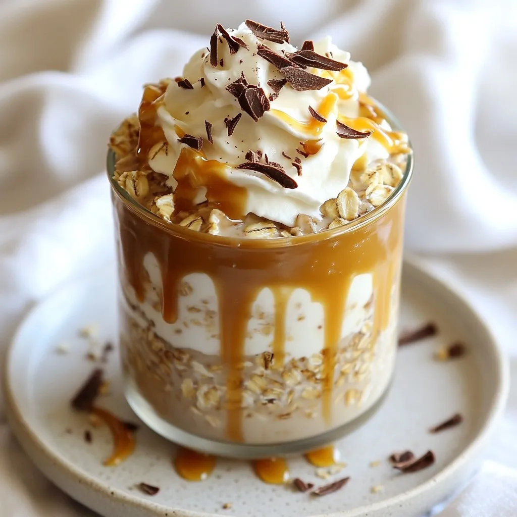 To make Caramel Macchiato Overnight Oats, gather these ingredients: - 1 cup rolled oats - 1 ½ cups almond milk (or any milk of choice) - 2 tablespoons maple syrup - 1 tablespoon vanilla extract - 1 tablespoon instant coffee (or espresso powder) - 2 tablespoons caramel sauce (plus extra for drizzling) - Pinch of salt - 2 tablespoons Greek yogurt (optional for creaminess) - Whipped cream (for topping, optional) - Chocolate shavings or cocoa powder (for garnish, optional) You can easily change the recipe to fit your needs. If you want it vegan, use plant-based yogurt or skip it. For gluten-free oats, choose certified gluten-free rolled oats. If you avoid sugar, try a sugar-free syrup. You can also swap almond milk for oat milk or coconut milk based on your taste. In fall, add pumpkin spice for a cozy twist. In spring, mix in fresh berries for a fruity kick. In summer, try using coconut milk and top with tropical fruits like mango or pineapple. These changes keep your oats exciting all year round! {{ingredient_image_1}} To make Caramel Macchiato Overnight Oats, start with a medium bowl. Add 1 cup of rolled oats and 1 ½ cups of almond milk. Then, mix in 2 tablespoons of maple syrup and 1 tablespoon of vanilla extract. Next, stir in 1 tablespoon of instant coffee and 2 tablespoons of caramel sauce. Don't forget a pinch of salt for flavor! Mix everything well until it’s nice and smooth. If you want, add 2 tablespoons of Greek yogurt for extra creaminess. Next, divide the mixture into two airtight jars. Seal them tightly and place them in the fridge. Let them chill overnight, or for at least 4 hours. This helps the oats soak up all the yummy flavors. To get creamy oats, use rolled oats instead of instant oats. Rolled oats absorb more liquid and create a better texture. Adding Greek yogurt makes the oats even creamier, so don’t skip it if you can! If your oats seem thick in the morning, just add a splash of almond milk. Stir it in until the oats reach your favorite consistency. When you’re ready to eat, give the oats a good stir. Drizzle some caramel sauce on top for that sweet touch. If you like, add whipped cream for extra indulgence. For a fun finish, sprinkle chocolate shavings or cocoa powder on top. This not only looks great but adds a burst of flavor too! Serve your Caramel Macchiato Overnight Oats chilled and enjoy every single bite! To boost flavor, use high-quality maple syrup. It adds depth and richness. You can also try flavored almond milk for a twist. If you love coffee, use fresh instant coffee or espresso powder. This will give your oats a nice kick. A pinch of sea salt can enhance all the flavors. Lastly, don’t skip the caramel drizzle. It adds a sweet touch that ties everything together. One common mistake is not mixing the ingredients well. If you don’t stir, the oats may not absorb the flavors properly. Another mistake is adding too much liquid. If the oats are too runny, they won’t have the right texture. Also, avoid skipping the time in the fridge. Letting them sit overnight is key for the best flavor. Finally, don’t forget to taste before serving. You may want to add more sweetness or coffee for your perfect blend. To save time, make a double batch. You can easily store extras in the fridge. Use jars with lids to keep them fresh. Pre-measuring your ingredients can also help. Gather everything you need before you start. This makes the process smooth and quick. Lastly, label your jars with the date. This way, you’ll know when to enjoy each batch. Pro Tips Use Fresh Coffee: For the best flavor, use freshly ground coffee or espresso powder. This enhances the coffee aroma and overall taste of your overnight oats. Customize Sweetness: Adjust the amount of maple syrup according to your taste preference. You can also substitute with honey or agave syrup for a different flavor profile. Layer for Texture: Consider layering the oats with additional toppings like nuts, seeds, or fruit before serving, adding both texture and nutritional value. Make it Vegan: To keep it vegan, ensure your caramel sauce is dairy-free. You can easily find vegan options at most grocery stores. {{image_2}} You can switch up the sweetness in your Caramel Macchiato Overnight Oats. Instead of maple syrup, try honey or agave nectar. For a low-calorie option, use stevia or monk fruit sweetener. You can also mix in flavored extracts like almond or hazelnut. These add a fun twist to the classic taste. Toppings make each bowl unique. You can use whipped cream for a rich finish. For crunch, add nuts like almonds or pecans. Fresh fruits, like bananas or berries, bring freshness. Chocolate chips or coconut flakes can add extra flavor. Drizzle more caramel sauce on top for a sweet touch. Making your oats fit your diet is easy. For vegan options, stick with almond milk and skip the Greek yogurt. You can add chia seeds or silken tofu for creaminess. To make it gluten-free, ensure your oats are certified gluten-free. This way, everyone can enjoy this treat, no matter their diet. To keep your overnight oats fresh, use airtight jars or containers. Make sure the lids seal tightly. This keeps the oats from drying out and helps lock in flavor. When stored in the fridge, your Caramel Macchiato Overnight Oats last up to five days. If you make a big batch, you can enjoy them throughout the week. Just check for any signs of spoilage before eating. You can enjoy your overnight oats cold or warm. To reheat, simply add a splash of almond milk and warm them in the microwave. Stir well to mix the flavors. If you like them cold, just give them a good stir and add more caramel sauce on top for extra sweetness. Yes, you can use any milk you like. Almond milk works well, but feel free to try oat milk, soy milk, or even regular dairy milk. Each type gives a unique taste and texture. Just remember to adjust your recipe if you switch to a thicker milk. Overnight oats can last up to five days in the fridge. Make sure you store them in airtight containers. This way, they stay fresh and tasty. If you notice any change in smell or texture, it’s best to toss them. Absolutely! You can easily double or triple the recipe. Just mix all your ingredients in a large bowl. Then, divide them into smaller containers. This makes breakfast easy for several days. To boost protein, add Greek yogurt or protein powder. You can also toss in some nuts, seeds, or nut butter. These extras not only add protein but also give your oats a nice crunch. In this article, we explored how to make delicious overnight oats. We began with the full list of ingredients, including cool substitutions and seasonal picks. Next, we covered easy steps for preparation, ensuring creamy oats, and fun serving ideas. We shared tips to boost flavor and avoid common mistakes, plus meal prep tricks. You discovered various ways to personalize your oats and how to store leftovers correctly. Remember, overnight oats can be versatile and fun. Enjoy experimenting with flavors and ingredients to create your perfect breakfast!