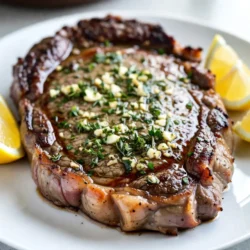 For this tasty dish, gather these key ingredients: - 2 ribeye steaks (about 1 inch thick) - Salt and pepper to taste - 2 tablespoons olive oil - 4 tablespoons unsalted butter - 6 cloves garlic, minced - 1 teaspoon fresh rosemary, chopped - 1 teaspoon fresh thyme, chopped - 1 tablespoon fresh parsley, chopped - Lemon wedges for serving These ingredients work together to create a rich flavor. The ribeye steaks bring great taste and tenderness. The herb butter adds a creamy, savory touch. To elevate your dish, consider these optional garnishes: - Fresh herbs like chives or basil - Grated Parmesan cheese - A sprinkle of red pepper flakes These garnishes can add a burst of flavor and color. They help make your meal look even more inviting. To make this recipe, you will need: - A large cast-iron skillet - Tongs for flipping the steaks - A sharp knife for slicing - A cutting board for resting the steaks Using a cast-iron skillet helps achieve a perfect sear. Tongs allow you to handle the hot steaks safely. A sharp knife ensures clean, easy slices. {{ingredient_image_1}} First, season both sides of the ribeye steaks with salt and pepper. Use a good amount of seasoning; it enhances the flavor. Let the steaks sit at room temperature for about 30 minutes. This helps the meat absorb the seasoning and cook evenly. Next, take a large cast-iron skillet and place it on the stove. Turn the heat to medium-high. Add 2 tablespoons of olive oil. Wait until the oil shimmers. This shows it's hot enough to cook the steaks. Now, carefully place the seasoned steaks in the hot skillet. Cook them for 4-5 minutes without moving them. This creates a nice golden-brown crust. After that, flip the steaks over. Immediately add 4 tablespoons of unsalted butter, 6 minced garlic cloves, 1 teaspoon of chopped rosemary, 1 teaspoon of chopped thyme, and 1 tablespoon of chopped parsley to the skillet. As the butter melts, use a spoon to baste the steaks with the garlicky herb butter. This adds rich flavor and keeps them moist. For medium-rare steaks, cook for another 4-5 minutes after flipping. Keep basting the steaks with the herb butter. If you prefer your steak more done, adjust the cooking time. Use a meat thermometer if you have one. Aim for 130&deg;F for medium-rare, 140&deg;F for medium, and 150&deg;F for medium-well. Once cooked to your liking, take the steaks out of the skillet. Place them on a cutting board and let them rest for 5-10 minutes. This step helps the juices redistribute, making the steak juicier. After resting, slice the steaks against the grain. Drizzle the remaining herb butter from the skillet over the slices. Serve with lemon wedges on the side for a zesty kick. Start with good salt and fresh pepper. Season both sides of your steak well. Let it sit for 30 minutes at room temp. This helps the salt soak in. You want a strong flavor. Ribeye is perfect for this dish. It has fat that adds flavor and juiciness. Look for steaks about one inch thick. This thickness cooks perfectly in the skillet. If you prefer leaner cuts, try sirloin or tenderloin. Use a cast-iron skillet for best results. Heat it until it shimmers. This shows that it's hot enough. Never move the steak once it&rsquo;s in the skillet. Let it form a nice crust. Flip it only once. Add butter and garlic right after flipping. Baste often for extra flavor. This method keeps the steak juicy and tasty. Pro Tips Resting the Steaks: Allowing the steaks to rest after cooking helps retain their juices, making them tender and flavorful. Use Fresh Herbs: Fresh herbs provide a more intense flavor compared to dried ones. Opt for fresh rosemary, thyme, and parsley for the best results. High Heat for Searing: Ensure your skillet is hot enough before adding the steaks. A high temperature creates a delicious crust while keeping the inside juicy. Baste for Flavor: Basting the steaks with the melted herb butter while they cook adds a wonderful depth of flavor and helps keep them moist. {{image_2}} You can change the herbs to mix up the taste. Try using fresh basil for a sweet note. Oregano adds a nice Italian twist. Cilantro gives a fresh and bright flavor. You can also add a pinch of red pepper flakes for heat. Each herb brings its own charm to the dish. Marinades can add depth to your steak. A simple mix of soy sauce, garlic, and ginger makes a great marinade. For a smoky flavor, use a mix of paprika and cumin. You can also try a blend of balsamic vinegar and mustard. Let the steak soak in the marinade for at least 30 minutes. This will enhance the flavor. If you don&rsquo;t have a skillet, there are other ways to cook your steak. You can grill it for a smoky flavor. Just preheat your grill to high heat. Cook the steak for a few minutes on each side. Another option is to broil it in your oven. Place the steak on a broiler pan and cook it for about 4-5 minutes per side. Both methods will give you a tasty result. After enjoying your Garlic Herb Butter Steak, you might have some leftovers. Store leftover steak in an airtight container. This keeps it fresh for up to three days. If you want to keep it longer, wrap it tightly in plastic wrap, then place it in a freezer bag. Frozen steak can last up to three months. When it's time to eat your leftover steak, reheating is key. Preheat your oven to 250&deg;F (120&deg;C). Place the steak on a baking sheet and heat for about 20-30 minutes. This method keeps the meat juicy. You can also use a skillet. Heat the skillet over low heat, add a bit of butter, and gently warm the steak for about 5 minutes. Meal prep with this steak can be fun and easy. You can cook the steaks ahead of time and store them. Slice the steak and pack it with sides like veggies or rice. Store these meals in separate containers. This way, you have tasty meals ready for busy days. You can use a non-stick skillet or a stainless-steel pan. Just make sure it can handle high heat. Heat the pan over medium-high heat. Add some oil before placing the steak in. Cook as you would in a cast-iron skillet. You may not get the same crust, but it will still be tasty. To ensure steak is tender, choose the right cut. Ribeye is great because it has fat, which adds flavor. Season well with salt and pepper before cooking. Let it rest after cooking. This helps the juices stay in, making each bite juicy and tender. You can use frozen steaks, but thaw them first for the best results. Thaw in the fridge overnight for even cooking. If you cook from frozen, increase the cooking time. Use a meat thermometer to check doneness. This way, you won't overcook your steak. Let your steak rest for 5 to 10 minutes after cooking. This step is important. Resting allows the juices to redistribute. If you slice too soon, the juices will run out, making the steak dry. Enjoy every juicy bite! This blog post covered how to make a tasty garlic herb butter steak. We discussed the key ingredients, tools, and step-by-step cooking methods. I shared tips for seasoning and choosing the right steak cut. You now know variations, storage, and reheating tips when the meal is done. Remember, cooking steak is an art. Use these tips for perfect results every time. Enjoy the process of making delicious meals at home. It's worth it!